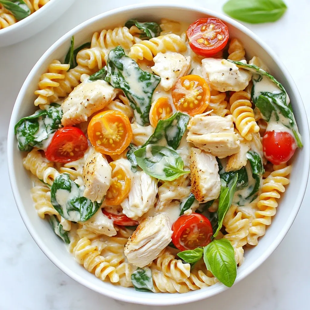 - 8 oz whole wheat pasta (fusilli or penne work best) - 1 cup cooked chicken breast, diced - 1 cup plain Greek yogurt (non-fat or low-fat) - 1/2 cup low-sodium chicken broth - 1 cup fresh spinach, chopped - 1/2 cup cherry tomatoes, halved In this dish, whole wheat pasta gives you a hearty base. It offers fiber to keep you full. Chicken provides lean protein, which helps build muscle. If you're vegan, you can swap in tofu for the chicken. Greek yogurt creates a creamy sauce that is both rich and healthy. The chicken broth adds flavor without too much salt. - 1/4 teaspoon garlic powder - 1/4 teaspoon onion powder - Salt and pepper to taste - 1 tablespoon olive oil - Fresh basil leaves for garnish Seasonings like garlic and onion powders bring out the best in this dish. They add depth without being overpowering. A pinch of salt and pepper can really enhance the flavors. Fresh basil leaves on top give a pop of color and freshness. They make each bite feel special. Use good-quality olive oil for sautéing; it adds richness to the mix. This blend of ingredients makes your creamy protein pasta bowl flavorful and filling. {{ingredient_image_2}} To start, fill a large pot with water and add some salt. Bring it to a rolling boil. Once boiling, add your whole wheat pasta. Cook it for about 8-10 minutes, or until it is al dente. This means it should be firm but not hard. Drain the pasta well, then set it aside. Remember, overcooked pasta can become mushy, so keep an eye on it! In a mixing bowl, combine one cup of plain Greek yogurt with half a cup of low-sodium chicken broth. Mix them well until smooth. Add in garlic powder, onion powder, and a pinch of salt and pepper. Whisk until the sauce is creamy and well-blended. This sauce is not just tasty; it adds protein and richness to your dish. Grab a large skillet and heat one tablespoon of olive oil over medium heat. Once it is hot, toss in one cup of chopped spinach and half a cup of halved cherry tomatoes. Sauté them for about 2-3 minutes. Stir occasionally until the spinach wilts and the tomatoes become soft. This step adds great flavor and nutrients to your meal. Next, add one cup of diced cooked chicken and the drained pasta to the skillet with the veggies. Pour the creamy sauce over this mixture. Gently fold everything together to ensure each piece gets coated. Cook for an additional 2-3 minutes to heat it through. Taste your dish and adjust the seasoning if needed. Divide the creamy pasta bowl into four equal servings. For a bright touch, garnish each bowl with fresh basil leaves. This not only looks nice but also adds a burst of flavor. If you want to impress, layer more spinach and tomatoes on top for a beautiful finish! To make your creamy protein pasta bowl pop, try adding more spices or herbs. You can toss in a pinch of red pepper flakes for heat or some dried oregano for depth. Fresh herbs like parsley or dill can brighten the dish. If you're in the mood for a different sauce, swap the Greek yogurt for ricotta cheese. You can also try a homemade pesto for a fresh twist. These small changes can bring new life to your meal while keeping it healthy. The key to a creamy texture lies in the right yogurt and broth ratios. Start with one cup of Greek yogurt and half a cup of broth. You can adjust these amounts based on how creamy you want it. If it’s too thick, add a little more broth. To cook for creaminess, make sure to whisk your sauce well. This helps blend the yogurt and broth smoothly. When you heat the mixture, do it gently. High heat can cause the yogurt to separate and lose its creamy texture. Want to save time? Cook your pasta and sauté your veggies at the same time. While the pasta boils, heat the olive oil and veggies in a skillet. This way, you can combine everything faster. To make this dish a quick weeknight dinner, prep your chicken ahead of time. You can use leftover chicken or even rotisserie chicken for a shortcut. With these tips, you can enjoy a hearty meal in just 20 minutes. Pro Tips Perfect Pasta Texture: Make sure to cook the pasta al dente, as it will continue to cook slightly when mixed with the warm ingredients, ensuring it doesn't become mushy. Yogurt Sauce Consistency: If the sauce is too thick for your liking, gradually add a bit more chicken broth until you reach your desired creaminess. Vegetable Variations: Feel free to swap in other vegetables such as bell peppers or zucchini for added flavor and nutrition, making this dish versatile and exciting. Garnish for Flavor: Fresh herbs like basil not only enhance the dish’s appearance but also elevate the flavor profile; consider adding a squeeze of lemon juice for a fresh kick. {{image_4}} You can easily make this creamy protein pasta bowl vegetarian. Simply swap the chicken for tofu or chickpeas. Both options add great protein. Tofu absorbs flavors well, while chickpeas add a nice texture. You can also boost nutrition by adding more veggies. Consider bell peppers, zucchini, or mushrooms. These will make your dish colorful and tasty. If you need a gluten-free option, there are many pasta types to try. Rice, lentil, or chickpea pasta work well. They all have different textures and flavors. Be sure to adjust the sauce if you use a different pasta. You may need less broth to keep the sauce creamy. Always check the cooking times for your pasta type too. To make this dish kid-friendly, you can use milder flavors. Omit the garlic powder or use less onion powder. Kids often prefer simple tastes. Another fun idea is to present the dish in a creative way. You might layer the pasta and veggies in a bowl. Let kids help with the toppings like tomatoes or basil. They will feel proud to eat their own creation! To keep your creamy protein pasta bowl fresh, store leftovers in the fridge. You can safely refrigerate the pasta for about three to four days. Use an airtight container to prevent moisture loss. Glass containers work well for this. They help you see what's inside and are easy to clean. Make sure to let the pasta cool before sealing it. When it's time to enjoy your leftovers, use safe reheating methods. The microwave is quick, but you can also use a skillet for better texture. If microwaving, heat it in short bursts. Stir in between to help it warm evenly. If using a skillet, add a splash of chicken broth. This keeps the pasta creamy and helps it heat through. Stir gently to maintain that smooth texture. Yes, you can use low-fat Greek yogurt. It still gives a creamy texture. The flavor stays fresh and tangy. This option cuts calories but keeps richness. It’s a great choice for a lighter meal. If you want more creaminess, add a bit more broth. To make this dish dairy-free, swap Greek yogurt for a plant-based yogurt. Look for almond or coconut yogurt. For the broth, use vegetable broth instead of chicken broth. These swaps keep the meal tasty and creamy without dairy. You can use many proteins in this dish. Try cooked shrimp, turkey, or even chickpeas for a plant-based option. These choices keep the meal filling and flavorful. You can mix and match to suit your taste and needs. This dish takes about 20 minutes to make. You spend 10 minutes prepping ingredients. Cooking the pasta and the sauce takes another 10 minutes. It’s a quick meal, perfect for busy nights or a fast lunch. In this blog post, we explored how to make a creamy pasta dish with whole wheat pasta, protein, and a rich sauce. You learned step-by-step cooking methods and tips for flavor and texture. Variations for vegetarian and gluten-free diets were also included. This dish is not only healthy but also easy to adjust for your taste. Whether you're cooking for family or just yourself, you can make it quick and enjoyable. Try it out, and create your own version!