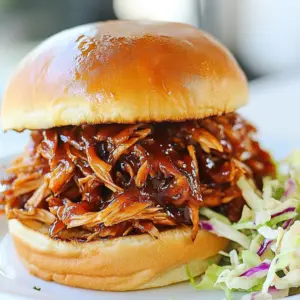- 2 lbs boneless, skinless chicken breasts - 1 cup barbecue sauce - 1/4 cup honey - 1 tablespoon apple cider vinegar - 1 tablespoon smoked paprika - 1 teaspoon garlic powder - 1 teaspoon onion powder - 1/2 teaspoon black pepper - 1/2 teaspoon salt - 1/4 teaspoon cayenne pepper (optional) - Hamburger buns or whole grain bread for serving - Coleslaw for topping (optional) I love this recipe because it is simple and packed with flavor. The chicken needs just a few basic ingredients. You get tender, juicy meat with each bite. To start, you will need chicken breasts. I always choose boneless and skinless. This helps the chicken cook evenly. The barbecue sauce adds a sweet and tangy taste. You can use your favorite store brand or a homemade version. Next, honey is key for that sweet touch. It blends perfectly with the spices. Apple cider vinegar gives a little tang, making the sauce bright. The spices are what really make this dish pop. Smoked paprika adds a nice smoky flavor. Garlic and onion powder give depth, while black pepper and salt enhance everything. If you like heat, the cayenne pepper is a great option. For serving, I like to use hamburger buns. Whole grain bread works well, too. Top your pulled chicken with coleslaw for some crunch. It adds a fresh touch that balances the rich flavors. Gather all these ingredients, and you are ready to make a delicious meal that everyone will love! {{ingredient_image_2}} - In a bowl, whisk together the barbecue sauce, honey, apple cider vinegar, smoked paprika, garlic powder, onion powder, black pepper, salt, and cayenne pepper if you want some heat. This mixture makes your chicken flavorful. - Layer the chicken breasts in your crockpot. Pour the sauce over the chicken. Make sure every piece is covered well. This ensures every bite has great taste. - Cover the crockpot. Cook on low for 6-7 hours or on high for 3-4 hours. The chicken is done when it is tender and shreds easily. - Once cooked, take the chicken out of the crockpot. Place it on a cutting board. Use two forks to shred the chicken into small pieces. Let the juices soak in for extra flavor. - Put the shredded chicken back into the crockpot. Stir it into the sauce. Let it heat for another 15-20 minutes on low if you like. - To serve, pile the pulled chicken onto hamburger buns. Add a scoop of coleslaw on top for crunch. Enjoy your meal! - Cook chicken on low for 6-7 hours for tender, juicy meat. - If using chicken thighs, adjust cooking time to 7-8 hours on low. - Try adding smoked chipotle for a spicy, smoky twist. - Balance sweetness with a splash of vinegar to cut through the sauce. - Pair pulled chicken with sweet potato fries or baked beans. - Top with pickled jalape&ntilde;os for extra kick and crunch. Pro Tips Choose Quality Chicken: Opt for organic, free-range chicken for the best flavor and texture in your pulled chicken. Customize Your Sauce: Feel free to experiment with different barbecue sauces to find your perfect flavor profile. Add Extra Smokiness: For an even smokier flavor, consider using a smoked salt or adding liquid smoke to your sauce. Meal Prep Friendly: This pulled chicken can be made ahead of time and freezes well, making it great for quick meals later. {{image_4}} You can use many BBQ sauces for this pulled chicken. You can make your own or buy it ready-made. Homemade sauce gives you control over the taste. You can adjust sweetness or spice levels. Store-bought sauces save time and can be tasty. Try different regional BBQ styles, too. Kansas City sauce is thick and sweet. Texas sauce is often spicier and tangy. Carolina sauce is vinegar-based and has a sharp kick. Experiment to find your favorite! If you want a different meat, use turkey instead. It works well and has less fat. You can also use tofu for a plant-based option. Just make sure it soaks up the sauce flavors. If you are vegetarian, consider jackfruit. It shreds like chicken and takes on the BBQ flavor nicely. This option is great for those who want a meat-like texture. You can serve pulled chicken in many fun ways. The classic way is on a hamburger bun. Add coleslaw on top for crunch. For a lighter dish, serve it over rice or a salad. This adds freshness and keeps it healthy. You can also use pulled chicken in wraps or tacos. Add your favorite toppings like avocado or salsa. These creative ideas make this meal fun and unique! After cooking, let the pulled chicken cool down. Place it in a shallow container. This helps it cool faster. Seal the container with a lid or plastic wrap. In the fridge, it lasts about 3-4 days. Always check for signs of spoilage before eating. To freeze, portion the pulled chicken into airtight bags. Squeeze out as much air as you can. Label each bag with the date. It will stay good for up to 3 months. When ready to use, take it out of the freezer. Thaw it in the fridge overnight for best results. You can also use the microwave on the defrost setting if you're in a hurry. When reheating, use a microwave or stovetop. For the microwave, add a splash of water to keep it moist. Cover it with a damp paper towel. If using the stovetop, heat it on low. Stir often to avoid burning. Avoid reheating too many times; it can dry out. Enjoy your pulled chicken warm and juicy! You can tell the chicken is done by checking its texture. When the chicken pulls apart easily with a fork, it is ready. Look for chicken that is soft and tender. If you use a meat thermometer, aim for an internal temperature of 165&deg;F. This means it is safe to eat. The chicken should also look moist and juicy, not dry. Yes, you can cook this on high. Cooking on high takes about 3-4 hours. However, the chicken may not be as tender as when cooked on low. The low setting, which takes 6-7 hours, allows the flavors to blend better. It also helps keep the chicken juicy. If you are in a rush, use high, but low is best for taste and texture. If you want a substitute for honey, try using maple syrup or agave nectar. Both will add sweetness. You can also use brown sugar mixed with water for a similar effect. If you prefer a less sweet option, just reduce the amount of barbecue sauce. It will still taste great without honey. This blog post covered key ingredients and steps for making delicious pulled chicken. I shared tips on cooking, flavor, and serving ideas to enhance your dish. Experiment with different BBQ sauces, chicken types, and creative ways to serve. Plan for storage and reheating so your chicken stays tasty. With these pointers, you can enjoy great pulled chicken any time. Try it out and impress your family or friends!