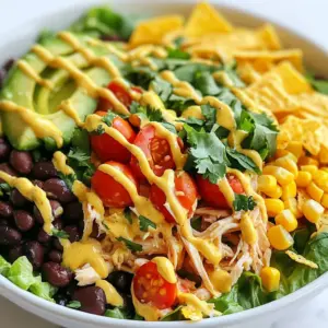 - 2 cups cooked shredded chicken - 1 can (15 oz) black beans, rinsed and drained - 1 cup corn (canned or frozen and thawed) - 1 red bell pepper, diced - 1 ripe avocado, diced - 1 small red onion, finely chopped - 1 cup cherry tomatoes, halved - 1 cup shredded lettuce (romaine or iceberg for crunch) - &frac12; cup fresh cilantro, chopped - Juice of 2 limes (fresh is ideal) - 3 tablespoons olive oil - 1 teaspoon ground cumin - 1 teaspoon chili powder - Salt and freshly ground black pepper, to taste - Tortilla chips for added crunch To make the Southwest Shredded Chicken Salad, you need fresh and colorful ingredients. The cooked shredded chicken forms the base. I love using rotisserie chicken for its flavor and ease. Black beans add protein and fiber, while corn brings sweetness. The diced red bell pepper and cherry tomatoes add color and texture. Don't forget the creamy avocado, which makes every bite rich and smooth. The red onion gives a nice crunch and bite. Shredded lettuce keeps the salad light and fresh, and cilantro adds a bright, herby taste. For the dressing, fresh lime juice is key. It adds zing and balances the flavors. Olive oil gives it richness. Ground cumin and chili powder add warmth and spice, while salt and pepper enhance all the tastes. If you want a little crunch, sprinkle some tortilla chips on top before serving. This salad is not just tasty; it's also a feast for the eyes. The mix of colors makes it look exciting. You can serve it as a main dish or a side. Each bite is a burst of flavor, making it a go-to recipe for any meal. {{ingredient_image_2}} - In a large mixing bowl, add the cooked shredded chicken. - Next, add the rinsed and drained black beans. - Toss in the corn, diced red bell pepper, and diced avocado. - Add the finely chopped red onion and halved cherry tomatoes. - Finally, add the shredded lettuce. - Gently mix for even distribution of all ingredients. - In a small bowl, whisk together the juice of two limes. - Pour in the olive oil and whisk until smooth. - Add ground cumin, chili powder, salt, and pepper. - Mix until all spices are well combined with the oil and lime juice. - Pour the dressing over the salad mixture. - Toss gently until everything is evenly coated in the dressing. - Fold in the freshly chopped cilantro for a burst of flavor. - If you want extra crunch, add crushed tortilla chips. - Serve the salad right away for the best taste. - You can chill it for up to 30 minutes for stronger flavors. - For a nice look, use colorful bowls and add lime wedges. - Place crushed tortilla chips in a small bowl for fun serving. Use cooked shredded chicken for this salad. Rotisserie chicken works great and saves time. It is tender and full of flavor. To shred chicken, use two forks or your hands. Pull the meat apart until you have nice, fine pieces. This method keeps the chicken juicy. You can swap some ingredients to change the taste. Try using grilled chicken or turkey for a twist. If you want more crunch, add diced cucumber or radishes. For a creamier texture, toss in some black olives or cheese. Feel free to leave out any ingredient you don't like. The salad can adapt to your taste. You can change the dressing to your liking. To make it spicier, add more chili powder or a dash of hot sauce. If you prefer a milder flavor, reduce the chili powder. For a vegan option, use avocado oil instead of olive oil. You can also skip the honey if you want it completely plant-based. Pro Tips Use Fresh Ingredients: Fresh lime juice and ripe avocados will enhance the overall flavor of your salad, making it taste vibrant and delicious. Customize Your Heat: Adjust the amount of chili powder to your taste preference. For an extra kick, consider adding diced jalape&ntilde;os or a dash of hot sauce. Make Ahead: You can prepare the salad ingredients in advance, but add the dressing and cilantro just before serving to maintain freshness. Try Different Proteins: While shredded chicken is great, you can substitute with shredded beef, turkey, or even a plant-based protein for a different flavor profile. {{image_4}} Store your Southwest shredded chicken salad in an airtight container. This keeps it fresh. Place it in the fridge right after serving. The salad stays good for about 3 days. After that, the flavors may fade. If you want warm chicken, heat it gently in a pan. Avoid overheating, as it can dry out. You can serve the salad chilled or at room temp. Both ways taste great! You can freeze the chicken but not the salad. The veggies and dressing do not freeze well. To freeze chicken, place it in a freezer bag. Squeeze out air before sealing. Use it within 3 months for best taste. When ready, thaw it in the fridge overnight before using. This salad is both tasty and healthy. Each serving has about 400 calories. Here&rsquo;s how the macronutrients break down: - Protein: 30 grams - Carbohydrates: 35 grams - Fat: 18 grams The ingredients in this salad are packed with health benefits. Shredded chicken offers lean protein, which helps build muscle. Black beans add fiber, good for digestion. Corn gives you vitamins and minerals, while bell peppers are rich in antioxidants. Avocado provides healthy fats that are good for your heart. Eating this salad can help with weight control and overall health. For dietary considerations, this dish is great for those looking for gluten-free options. If you want to meal prep, you can easily adjust the servings. This recipe serves four. To serve eight, just double the ingredients. For larger gatherings, it&rsquo;s simple to scale up. Just keep the same ratios. You can store leftovers in the fridge for up to three days. You can use several options for shredded chicken. Here are some alternatives: - Canned chickpeas: Rinse and drain them for a protein boost. - Tofu: Firm tofu works great when marinated and cooked. - Pulled pork: A savory option for those who enjoy pork. - Tempeh: Crumbled tempeh gives a nice texture and flavor. These choices suit various diets and tastes. Yes, you can prep this salad in advance! Here are some tips: - Prep veggies: Chop your peppers, onions, and tomatoes earlier. - Store separately: Keep the dressing in another container to avoid sogginess. - Mix before serving: Combine all the ingredients right before you eat. This way, your salad stays fresh and crunchy. To keep your avocado looking bright, try these tips: - Lemon juice: Squeeze fresh lemon juice on the cut avocado. - Keep the pit: If you leave the pit in, it slows browning. - Cover tightly: Use plastic wrap to cover any leftover avocado. These methods help keep your salad appealing and tasty. Yes, this salad can easily be gluten-free! Here&rsquo;s how: - Check ingredients: Make sure your canned goods are labeled gluten-free. - Use corn: Both canned and frozen corn are gluten-free. - Watch for dressings: Ensure any store-bought dressings are gluten-free. This salad is perfect for those avoiding gluten while still being flavorful! This blog post shared a simple Southwest Shredded Chicken Salad recipe. We covered the main ingredients, how to prepare and dress the salad, and tips for storage. You can create a tasty meal with fresh flavors and healthy foods. Remember to customize the salad based on your taste. Enjoy making it as a quick dinner or meal prep. With easy steps and fun variations, you'll love how this dish fits your style.