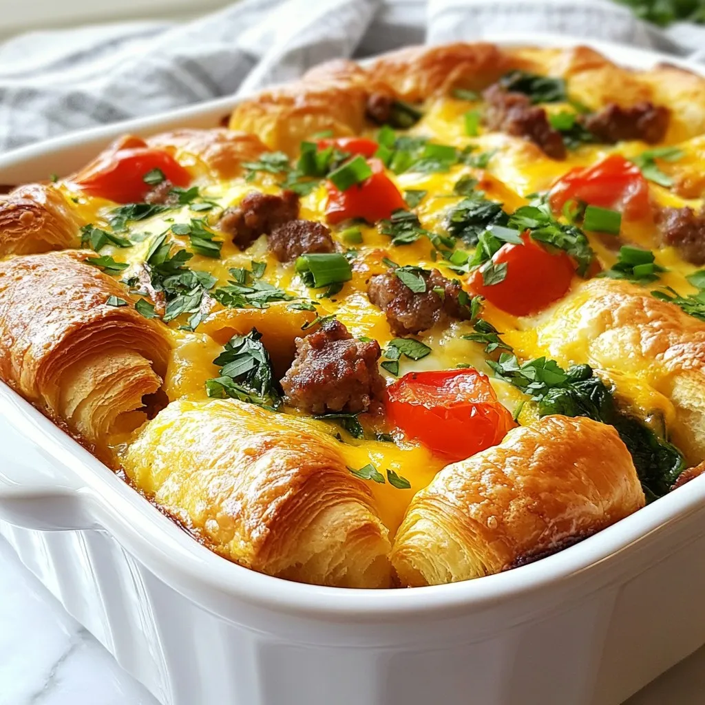- 4 large buttery croissants, cut into bite-sized pieces - 6 large eggs, lightly beaten - 1 cup whole milk - 1 cup sharp cheddar cheese, shredded - 1 cup mixed diced vegetables (such as vibrant bell peppers, fresh spinach, and sweet cherry tomatoes) - 1/2 cup cooked sausage, crumbled (feel free to use a plant-based alternative) The main ingredients make this dish truly delightful. Buttery croissants provide a soft and flaky base. Eggs and milk create a rich custard that binds everything together. You can choose from many vegetables. Bell peppers, spinach, and tomatoes add color and flavor. For protein, crumbled sausage gives a savory touch. You can swap it for plant-based sausage too. - 1 tablespoon Dijon mustard, for a tangy kick - Salt and freshly cracked pepper, to taste - Fresh herbs for garnish (chopped chives or parsley work beautifully) Seasonings enhance the flavors in your croissant breakfast bake. Dijon mustard adds a nice tang. Salt and pepper balance the dish perfectly. Fresh herbs like chives or parsley make a lovely garnish. They add flavor and a pop of color. Use them to make your meal visually appealing and delicious! {{ingredient_image_2}} 1. Preheat your oven to 350°F (175°C). This makes sure your bake cooks evenly. 2. Grease a 9x13 inch baking dish with butter or cooking spray. This helps prevent sticking. 3. Cut your 4 large buttery croissants into bite-sized pieces. Distribute these even in your dish. This will create a nice base. 1. In a large bowl, whisk together 6 beaten eggs and 1 cup of whole milk. Add 1 tablespoon of Dijon mustard, salt, and pepper. Mix until smooth. 2. Fold in 1/2 cup of crumbled sausage, 1 cup of mixed diced vegetables, and half of the 1 cup of shredded cheddar cheese. Make sure everything is spread out evenly. 3. Pour this egg mixture over the croissant pieces. Coat each piece well to boost flavor. 1. Let the dish sit for 10-15 minutes. This gives the croissants time to soak up the egg mix. 2. Bake in your preheated oven for 30-35 minutes. Watch for a golden brown top and set egg. 3. Once baked, take it out and let it cool for a few minutes. This helps when slicing. 4. Before serving, sprinkle fresh herbs on top to make it look and taste great. - Importance of soaking time: Let your croissant pieces soak for 10-15 minutes. This step helps them absorb the egg mixture. It gives you a richer, more flavorful bake. You want each bite to be moist and delicious. - Choosing the right vegetables and proteins: Pick fresh vegetables like bell peppers, spinach, and cherry tomatoes. They add color and taste. For protein, use crumbled sausage or a plant-based option. Both choices provide great flavor. You can also try adding cooked bacon or ham. - Overbaking or underbaking: Keep an eye on your bake while it cooks. If you bake it too long, it can dry out. If underbaked, the center may be runny. Aim for a golden top and a firm center. - Skipping the greasing step: Always grease your baking dish. It prevents the bake from sticking. Use butter or cooking spray for best results. This small step makes serving and cleaning much easier. Pro Tips Use Day-Old Croissants: For the best texture, use slightly stale croissants. They will absorb the egg mixture better, resulting in a more flavorful bake. Customize Your Veggies: Feel free to swap in your favorite vegetables or whatever you have on hand. Just ensure they are chopped into small, even pieces for even cooking. Let It Rest: Allowing the assembled dish to sit for 10-15 minutes before baking gives the croissants time to soak up the egg mixture, ensuring every bite is moist and bursting with flavor. Perfect Cheese Melting: Grate your cheese instead of using slices. Shredded cheese melts more evenly and will create a beautiful, gooey topping for your breakfast bake. {{image_4}} You can easily swap ingredients to fit your needs. Here are some ideas: - Using gluten-free croissants: If you need a gluten-free option, use gluten-free croissants. They work well and still taste great in this dish. - Plant-based sausage alternatives: For a meat-free version, try plant-based sausage. It gives a nice flavor and works perfectly in this bake. Get creative with flavors in your Croissant Breakfast Bake. Here are two great ways to add your own touch: - Adding spices or herbs: Spice it up! Add herbs like oregano or thyme for fresh flavor. You can also try spices like paprika or chili powder for a kick. - Incorporating different cheeses: Cheddar is great, but you can mix it up. Use mozzarella, goat cheese, or feta for a unique twist. Each cheese brings a different taste to the dish. To keep your Croissant Breakfast Bake fresh, use an airtight container. Glass or plastic containers work well. Store it in the fridge for up to three days. This keeps the flavors intact and stops it from drying out. If you want to freeze portions, cut the bake into squares. Wrap each piece in plastic wrap, then put them in a freezer-safe bag. It can last up to three months in the freezer. For the best results when reheating, place a piece in a microwave-safe dish. Heat it on low power for a few minutes until warm. You can also bake it in the oven at 350°F (175°C) for about 15 minutes. This way, the texture stays nice, and it gets warm all the way through. You can pair your Croissant Breakfast Bake with some fresh sides. Here are some suggestions: - Seasonal fresh fruit: Berries, melons, or citrus add a sweet touch. - Light salad: A simple green salad with a vinaigrette balances the richness of the bake. - Yogurt: A dollop of yogurt adds creaminess and tang. - Coffee or tea: These drinks complete your morning feast and add warmth. These side dishes enhance the flavors and make your breakfast feel special. Yes, you can prepare this dish in advance. Here’s how: - Prep the night before: Follow the recipe steps until you pour the egg mixture over the croissants. Cover the dish and refrigerate overnight. - Bake in the morning: In the morning, just take it out, let it sit for about 10 minutes, then bake as directed. - Storage: If you have leftovers, store them in an airtight container in the fridge. It will stay fresh for up to three days. This method saves time and makes breakfast a breeze. You can easily modify this recipe to fit dietary needs. Here are some tips: - Gluten-free: Use gluten-free croissants or bread. Check the labels to ensure they are truly gluten-free. - Dairy-free: Substitute the milk and cheese with plant-based alternatives. Almond milk or oat milk works well. - Low-carb: Skip the croissants and use low-carb bread or cauliflower rice for a lighter option. These adjustments let everyone enjoy this tasty dish. You learned how to make a delicious croissant breakfast bake with simple steps. Start with buttery croissants, eggs, milk, and your favorite veggies and proteins. Season with Dijon mustard, herbs, and cheese for extra flavor. Follow the preparation and baking instructions closely for perfect results. Remember to avoid common mistakes like overbaking. You can even customize this dish with variations to fit any diet. Enjoy this tasty meal, and share it with friends and family. Happy baking!