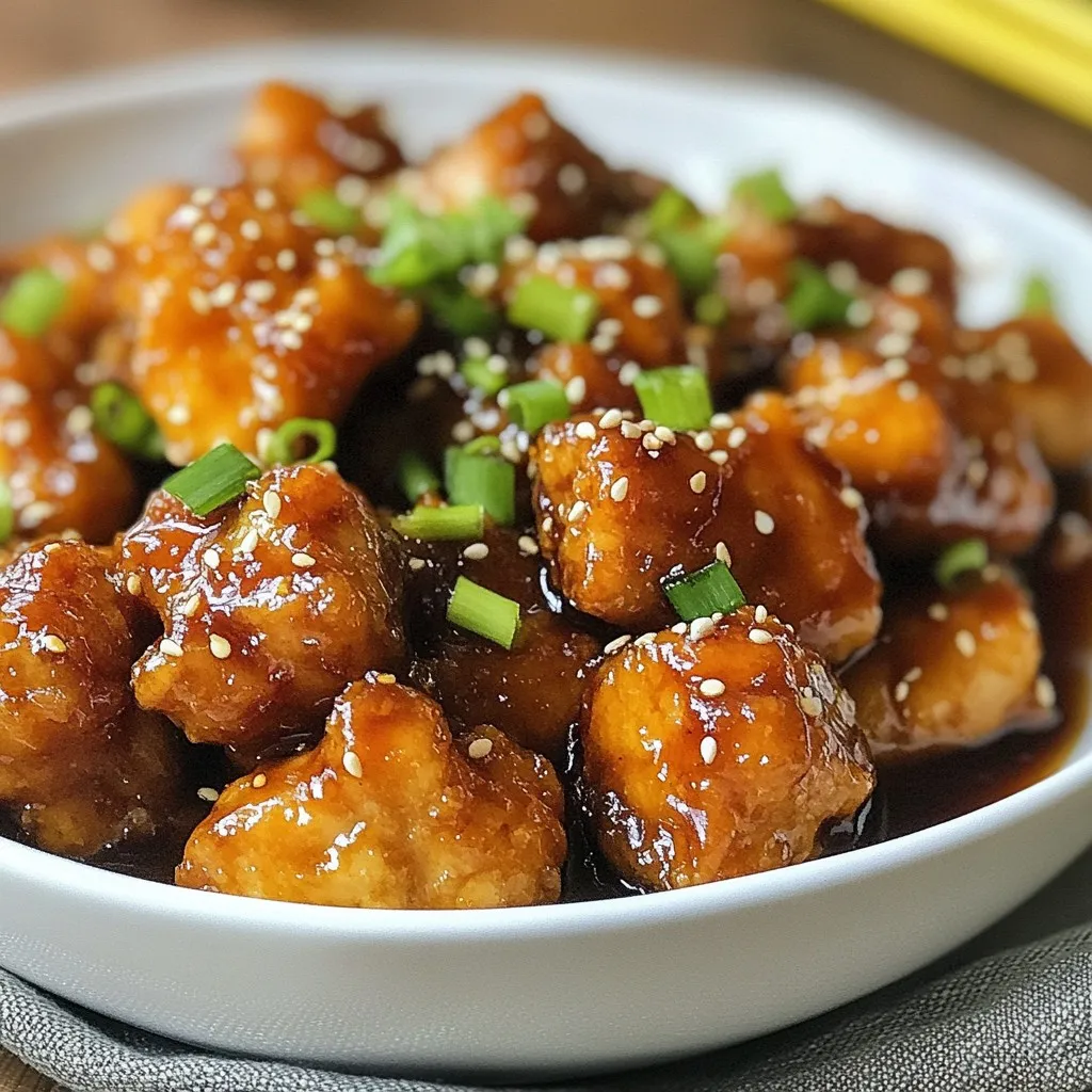 - 1 lb (450g) boneless, skinless chicken thighs, cut into bite-sized pieces - 1/3 cup honey - 1/4 cup low-sodium soy sauce (or regular, based on preference) - 3 cloves garlic, finely minced - 1 tablespoon fresh ginger, finely minced - 1 tablespoon cornstarch - 2 tablespoons cold water - 1 tablespoon sesame oil - 1/2 teaspoon freshly ground black pepper - Chopped green onions, for garnish - Sesame seeds, for garnish If you want to switch things up, here are some easy swaps: - Chicken thighs: Use chicken breasts instead for a leaner option. - Honey: Maple syrup works great for a different sweetness. - Soy sauce: Try coconut aminos for a soy-free option. - Ginger: Ground ginger can replace fresh ginger in a pinch. - Sesame oil: Olive oil can work, but it will change the flavor a bit. You will need a few tools to make this recipe easy: - Medium bowl for mixing the marinade - Large skillet for cooking the chicken - Whisk or fork for blending ingredients - Measuring cups and spoons for accuracy - Knife and cutting board for prepping chicken and garlic {{ingredient_image_2}} To start, grab a medium bowl. Add 1/3 cup of honey, 1/4 cup of soy sauce, and 3 minced garlic cloves. Next, add 1 tablespoon of minced ginger and 1/2 teaspoon of black pepper. Whisk these ingredients together until they blend well. This marinade gives your chicken bites a sweet and savory flavor. Now, take 1 pound of boneless, skinless chicken thighs. Cut them into bite-sized pieces. Add the chicken to the bowl with the marinade. Make sure each piece gets coated. Cover the bowl tightly and place it in the fridge. Let it marinate for at least 30 minutes. You can leave it for up to 2 hours for more flavor. After marinating, remove the chicken from the fridge. Drain the chicken, but save the marinade for later. Heat 1 tablespoon of sesame oil in a large skillet over medium-high heat. Once hot, add the chicken bites in a single layer. Cook for about 6 to 8 minutes. Stir occasionally until the chicken turns golden brown and is no longer pink inside. While the chicken cooks, take the reserved marinade. In a small bowl, mix 1 tablespoon of cornstarch with 2 tablespoons of cold water until smooth. Pour this mixture into the skillet with the cooked chicken. Stir well and let it simmer for 2 to 3 minutes. This will thicken the sauce and coat the chicken bites nicely. To get the best flavor, let the chicken marinate. I recommend marinating for at least 30 minutes. If you have time, go for two hours. This step gives the chicken more taste. Use fresh ginger and garlic for a bright kick. Always whisk the marinade until smooth. For perfect texture, cook the chicken in small batches. This way, the bites brown nicely. Make sure your skillet is hot before adding the chicken. Stir occasionally, but don’t overcrowd the pan. This helps keep them juicy and tender inside. Serve the chicken bites on a stylish platter. Top them with chopped green onions and sesame seeds. This adds color and crunch. Pair with rice or noodles for a complete meal. You can also serve them as a tasty appetizer at your next gathering. Pro Tips Marination Time: For optimal flavor, marinate the chicken for at least 1 hour. If time permits, let it sit overnight in the refrigerator to enhance the taste even further. Thickening the Sauce: When adding cornstarch to the sauce, ensure it's fully dissolved in cold water to prevent lumps. This will give you a smooth and glossy finish. Cooking Temperature: Make sure your skillet is hot enough before adding the chicken. This helps achieve a nice golden-brown crust while keeping the inside juicy. Garnishing: For an extra pop of flavor, consider adding crushed red pepper flakes or a squeeze of lime juice over the finished dish before serving. {{image_4}} You can add vegetables to your honey garlic chicken bites. This not only adds color but also boosts nutrition. Try adding bell peppers, broccoli, or snap peas. Cut them into small pieces. Sauté them in the skillet before adding the chicken. This way, they get tender and soak up the flavor. The veggies will add a nice crunch, making each bite more enjoyable. For those who like heat, you can spice things up. Just add red pepper flakes or sriracha to the marinade. Start with a small amount and taste. You can always add more if you want extra heat. This variation gives a delightful kick to the sweet honey flavor. It makes your dish more exciting and perfect for spice lovers. If you need a gluten-free option, substitute regular soy sauce with gluten-free soy sauce or tamari. This keeps the flavor strong without gluten. Make sure to check all your ingredients. Cornstarch is naturally gluten-free, so you can use it safely. Your honey garlic chicken bites will still taste amazing and be safe for those with gluten issues. You can store any leftover honey garlic chicken bites in an airtight container. Make sure to let them cool first. Place them in the fridge for up to three days. This keeps them fresh and tasty for your next meal. To reheat, use a skillet over medium heat. Add a splash of water or oil to keep them moist. Stir until the bites are warm all the way through. You can also use a microwave. Heat in short bursts, checking often to avoid drying them out. If you want to freeze the chicken bites, let them cool completely first. Place them in a freezer-safe container or bag. They can stay in the freezer for up to three months. When ready to eat, thaw in the fridge overnight, then reheat as explained above. This way, you can enjoy a quick meal anytime! Yes, you can use chicken breast. It will work well, but thighs have more flavor. Thighs remain juicy and tender when cooked. Chicken breast can dry out more easily. You can marinate chicken for 30 minutes to 2 hours. A shorter time gives a light flavor. A longer time allows the flavors to soak in more. Just don’t exceed 2 hours, as the texture may change. You can serve these bites with rice, noodles, or a fresh salad. Steamed broccoli or green beans also pair well. For a fun twist, try them in a wrap with veggies. To make the sauce less sweet, reduce the honey. You can also add a bit more soy sauce. If you want it sweeter, just add more honey. Taste as you go to find your balance. Yes, you can use an air fryer for this recipe. Cook the chicken bites at 375°F for about 10-12 minutes. Shake the basket halfway through for even cooking. The result will be crispy and delicious! This blog post covered how to make honey garlic chicken bites. We looked at the ingredients and equipment needed, plus how to marinate and cook the chicken. I shared tips for flavor and texture, along with fun variations. We also talked about storing leftovers and reheating them later. In the end, you can easily make this dish your own. With simple swaps or tweaks, you'll enjoy tasty bites every time!