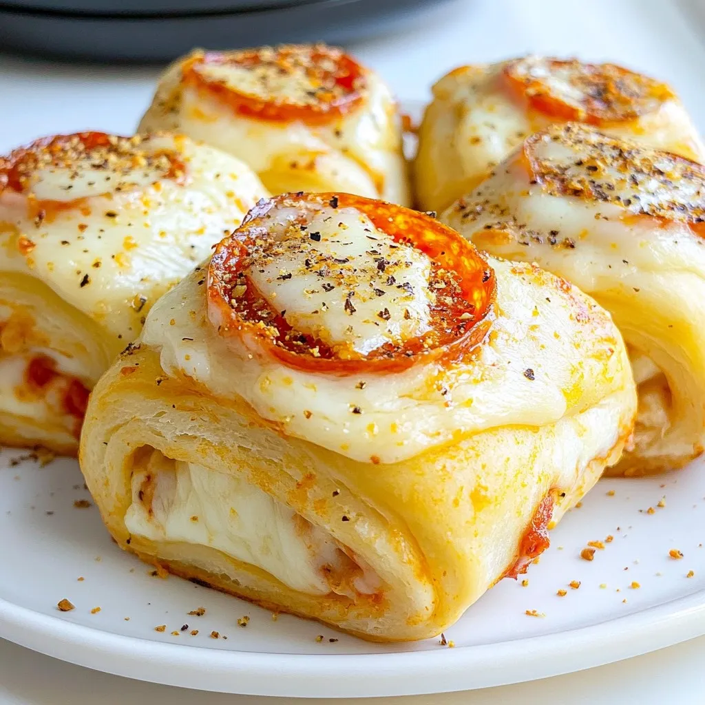 - 1 package (8 oz) refrigerated pizza dough - 1 cup sliced pepperoni - 1 cup shredded mozzarella cheese - 1 tablespoon Italian seasoning - 1 tablespoon olive oil - 1 teaspoon garlic powder - ½ teaspoon crushed red pepper flakes (optional) - Cooking spray (for greasing the air fryer basket) You can add more flavor to your rolls with these options: - Fresh basil or oregano for a herb boost - Parmesan cheese for a nutty taste - Bell peppers or mushrooms for extra veggies - Different cheeses like cheddar or provolone for variety I love serving these rolls warm with marinara sauce for dipping. You can also sprinkle fresh parsley on top for color. These rolls make a great snack for game day or movie night. Enjoy them hot as a fun appetizer at parties! {{ingredient_image_2}} First, you need to preheat your air fryer. Set the temperature to 375°F (190°C). This step is key to getting those rolls crispy and golden. Next, grab your pizza dough. Place it on a clean surface that has a bit of flour. Roll it out into a large rectangle. Aim for about 1/4 inch thick. This thickness helps with rolling it up later. Now it's time to add flavor! Sprinkle Italian seasoning and garlic powder on the dough. Lay out the pepperoni slices in one even layer. Then, top it off with shredded mozzarella cheese. If you like some heat, add crushed red pepper flakes. Starting from one edge, roll the dough tightly into a log shape. Make sure the filling stays inside. Pinch the edges to seal it. Now, slice the log into 1-inch thick pieces to create your rolls. Before cooking, lightly spray the air fryer basket with cooking spray. This keeps the rolls from sticking. Place the rolls in the basket, leaving space between them. This allows hot air to circulate and cook them evenly. For a nice golden crust, brush the tops with olive oil. Now, place the basket in the air fryer. Cook them at 375°F (190°C) for 8-10 minutes. Keep an eye on them until they turn golden brown and the cheese melts. Once they’re done, carefully take them out. Let them cool for about a minute before serving. The filling will be hot, so be careful! Enjoy your tasty pepperoni rolls! To roll and seal the dough, start with a clean surface. Dust it lightly with flour. This helps keep the dough from sticking. Roll the dough into a rectangle about 1/4 inch thick. Spread Italian seasoning and garlic powder evenly. Lay the pepperoni on top, then add the cheese. Roll from one edge tightly, keeping the filling in. Pinch the edges tightly to seal. This step is key. You want to keep all that yummy filling inside. A golden crust makes the rolls look and taste great. Before cooking, brush a little olive oil on the tops. This adds flavor and helps with browning. Set your air fryer to 375°F (190°C) for the best results. Cook the rolls for 8-10 minutes. Keep an eye on them. You'll know they are done when they look golden brown and the cheese is melted. To prevent sticking, spray the air fryer basket with cooking spray. This creates a non-stick surface. Arrange the rolls in the basket with space in between. This allows the hot air to circulate. Proper air flow is very important for even cooking. If you follow these steps, you’ll have perfect, tasty rolls every time. Pro Tips Use Fresh Ingredients: Always opt for fresh pepperoni and mozzarella cheese for the best flavor and texture in your rolls. Experiment with Fillings: Feel free to add other ingredients like bell peppers, olives, or different cheeses to customize your rolls to your taste. Don’t Overcrowd the Basket: Ensure there's enough space between the rolls in the air fryer to allow hot air to circulate, which helps them cook evenly. Let Them Cool: Allow the pepperoni rolls to sit for a minute after cooking; this helps the cheese set slightly and makes for easier handling. {{image_4}} You can change the filling in your pepperoni rolls. Try adding chopped veggies. Spinach, bell peppers, or mushrooms work well. You can also use different cheeses. Cheddar or provolone can add a new taste. Mix and match to find your favorite! You don't have to use just pizza dough. You can try crescent roll dough for a flaky texture. Alternatively, use bread dough for a softer bite. Each type of dough will change the rolls’ flavor and texture. Experiment and see which you like best! Make these rolls as spicy as you want. Adding more crushed red pepper flakes gives heat. If you prefer mild flavors, skip the spice or use less. You can also add hot sauce inside for a kick. Adjust the spice to fit your taste! To store leftover pepperoni rolls, let them cool first. Place them in an airtight container. You can keep them in the fridge for up to three days. If you want to keep them longer, freezing is a great option. When you’re ready to eat leftovers, reheat them in the air fryer. Set it to 350°F (175°C) and cook for about 4-5 minutes. This method keeps the rolls crispy and warm. You can also use a microwave, but that may make them soggy. To freeze the rolls, wrap each one tightly in plastic wrap. Then, place them in a freezer-safe bag. They can last up to three months in the freezer. When you want to enjoy them, simply thaw in the fridge overnight before reheating. This way, you always have a tasty snack ready! Yes, you can use homemade pizza dough. Just ensure it's the right thickness. Roll it out to about 1/4 inch thick. The texture will be great, and it can add a personal touch. To make these rolls vegetarian, swap out the pepperoni. You can use veggies like bell peppers, mushrooms, or spinach. Add some feta or mozzarella cheese for extra flavor. This keeps the rolls tasty and satisfying. Pepperoni rolls taste great with dipping sauces. Marinara sauce is a classic choice. You might also enjoy ranch dressing or garlic butter. These sauces add extra flavor and fun to your snack. Yes, you can cook these in a conventional oven. Preheat your oven to 375°F (190°C). Place the rolls on a baking sheet and bake for about 12-15 minutes. Watch them until they look golden brown. You learned how to make tasty pepperoni rolls using an air fryer. We covered the key ingredients, step-by-step instructions, and helpful tips. You can customize your rolls with different fillings and adjust spice levels to suit your taste. Proper storage ensures your leftovers stay fresh. Experiment with the variations for fun new flavors. Enjoy your cooking and share these delicious rolls with friends and family! Your fun does not end here; the joy of cooking brings tasty rewards.