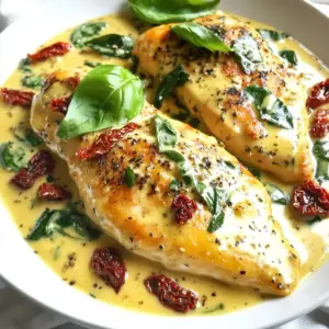 - 4 boneless, skinless chicken breasts - 2 tablespoons olive oil - 4 cloves garlic, finely minced - 1 cup heavy cream - 1 cup fresh spinach, roughly chopped - 1 cup sun-dried tomatoes, coarsely chopped (preferably packed in oil) - 1 teaspoon Italian seasoning blend - &frac12; cup grated Parmesan cheese - Salt and black pepper - Fresh basil leaves The main ingredients of this dish create a rich and tasty meal. The chicken breasts are your star. They soak up flavors and stay juicy. Olive oil helps to sear the chicken and adds healthy fats. Garlic brings a lovely aroma and a robust taste. Heavy cream makes the sauce creamy and smooth. Fresh spinach adds nutrients and a pop of color. Sun-dried tomatoes offer a sweet and tangy flavor, giving depth to the sauce. Italian seasoning brings herbs to life in every bite. Finally, Parmesan cheese adds a salty, nutty taste that ties it all together. When you season with salt and pepper, you lift the dish's taste. The fresh basil leaves are not just pretty; they add bright flavor and freshness. Each ingredient plays a role in making Creamy Garlic Tuscan Chicken a dish you'll want to share with friends and family. {{ingredient_image_2}} - First, season the chicken breasts. Use salt and pepper on both sides. This adds flavor. - Next, heat olive oil in a large skillet over medium-high heat. Wait until the oil is hot. - Carefully add the chicken to the skillet. Sear each side for 5-7 minutes. Look for a golden-brown crust. - Check the chicken's internal temperature. It should reach 165&deg;F (75&deg;C). Remove the chicken and set it aside. - In the same skillet, add minced garlic. Saut&eacute; for about 1 minute. The garlic should smell great but not burn. - Slowly pour in the heavy cream. Stir well and bring the mix to a gentle simmer. This helps it thicken. - Now, add the chopped spinach, sun-dried tomatoes, and Italian seasoning. Stir in the grated Parmesan cheese. - Keep stirring until the cheese melts and the sauce is creamy. - Return the seared chicken to the skillet. Spoon the creamy sauce over each piece. - Let everything simmer for another 2-3 minutes to heat the chicken through. - Taste the sauce. Adjust the seasoning with more salt or pepper if needed. - Serve the chicken on plates with the sauce on top. Garnish with fresh basil leaves for a nice touch. To make sure your chicken turns golden-brown, follow these simple steps: - Heat the skillet well: Warm your skillet over medium-high heat. A hot skillet helps the chicken sear nicely. - Avoid crowding: Cook the chicken in batches if needed. This gives each piece space to brown well. - Pat dry: Make sure your chicken breasts are dry before seasoning. This helps achieve that crispy crust. For the creamy sauce texture, here&rsquo;s what to do: - Saut&eacute; garlic carefully: Cook the garlic just until fragrant. Aim for about one minute. This prevents any burnt taste. - Add cream slowly: When you pour in the heavy cream, mix gently. This helps create a smooth sauce. - Simmer gently: Allow the sauce to thicken on low heat. Stir often to keep it creamy and rich. To get the best flavor, avoid these pitfalls: - Overcooking the garlic: If you let garlic cook too long, it can taste bitter. Watch it closely! - Not seasoning properly: Don't skip the salt and pepper. They bring out the best in your dish. Taste as you go to get it just right. By following these tips and avoiding common mistakes, your Creamy Garlic Tuscan Chicken will shine on your dinner table! Pro Tips Use Fresh Ingredients: For the best flavor, opt for fresh garlic, spinach, and high-quality sun-dried tomatoes. Fresh ingredients elevate the dish significantly. Control the Heat: Searing the chicken on medium-high heat ensures a golden-brown crust without overcooking the inside. Keep an eye on the temperature! Thicken the Sauce: If you prefer a thicker sauce, let it simmer a little longer after adding the cream and cheese until it reaches your desired consistency. Garnish Wisely: Fresh basil not only adds color but also enhances the dish&rsquo;s aroma. Consider adding a sprinkle of extra Parmesan for an indulgent finish. {{image_4}} You can switch up the meat in this dish. Chicken thighs work well and stay juicy. Shrimp offers a lighter option with a nice flavor. If you prefer a dairy-free version, use coconut cream. Nutritional yeast adds a cheesy taste without dairy. To amplify the dish, add mushrooms or bell peppers. They bring extra texture and taste. For a kick, try red pepper flakes or smoked paprika. These spices add warmth and depth to the creamy sauce. To keep your Creamy Garlic Tuscan Chicken fresh, store leftovers properly. Place the chicken in an airtight container. You can refrigerate it for up to three days. If you want to keep it longer, freeze the chicken. Wrap each piece tightly in plastic wrap and then place it in a freezer bag. It can last for about three months in the freezer. Thaw it in the fridge before reheating. When it's time to enjoy leftovers, reheating is key. The best way to reheat the chicken and sauce is on the stove. Heat a skillet over low heat. Add a splash of cream or broth to keep it moist. Stir gently to avoid overcooking. Check the chicken's temperature; it should reach 165&deg;F (75&deg;C) before serving. If you use the microwave, heat in short bursts. Stir in between to ensure even heating. This way, you will keep your creamy sauce smooth and delicious. You can pair this dish with many sides. Here are a few great options: - Pasta: Any kind works well. Try fettuccine or penne for a nice touch. - Rice: Creamy garlic chicken goes well with white or brown rice. - Vegetables: Steamed broccoli or saut&eacute;ed green beans add color and crunch. These sides will soak up the creamy sauce and make your meal more filling. If you want more heat, you have options. Here are some easy ways to spice it up: - Red pepper flakes: Add them to the sauce while cooking. - Hot sauce: Drizzle some into the cream for an extra kick. - Jalape&ntilde;os: Dice and saut&eacute; them with the garlic for a fresh heat. These ingredients will bring a fun twist to your creamy garlic chicken. Yes, you can prep this dish early! Here are some tips for meal prepping: - Cook the chicken ahead: Sear and store it in the fridge. - Make the sauce: Prepare it separately and keep it in an airtight container. - Reheat gently: Warm the chicken and sauce together on low heat. This way, you can enjoy a quick, tasty meal anytime! In this post, we explored how to make Creamy Garlic Tuscan Chicken. We covered ingredients, step-by-step instructions, and tips to enhance your dish. I shared ways to avoid common mistakes and offered storage advice. Remember, cooking can be fun and rewarding. This recipe lets you experiment with flavors and techniques. Enjoy the process, and don&rsquo;t hesitate to make it your own. Happy cooking!