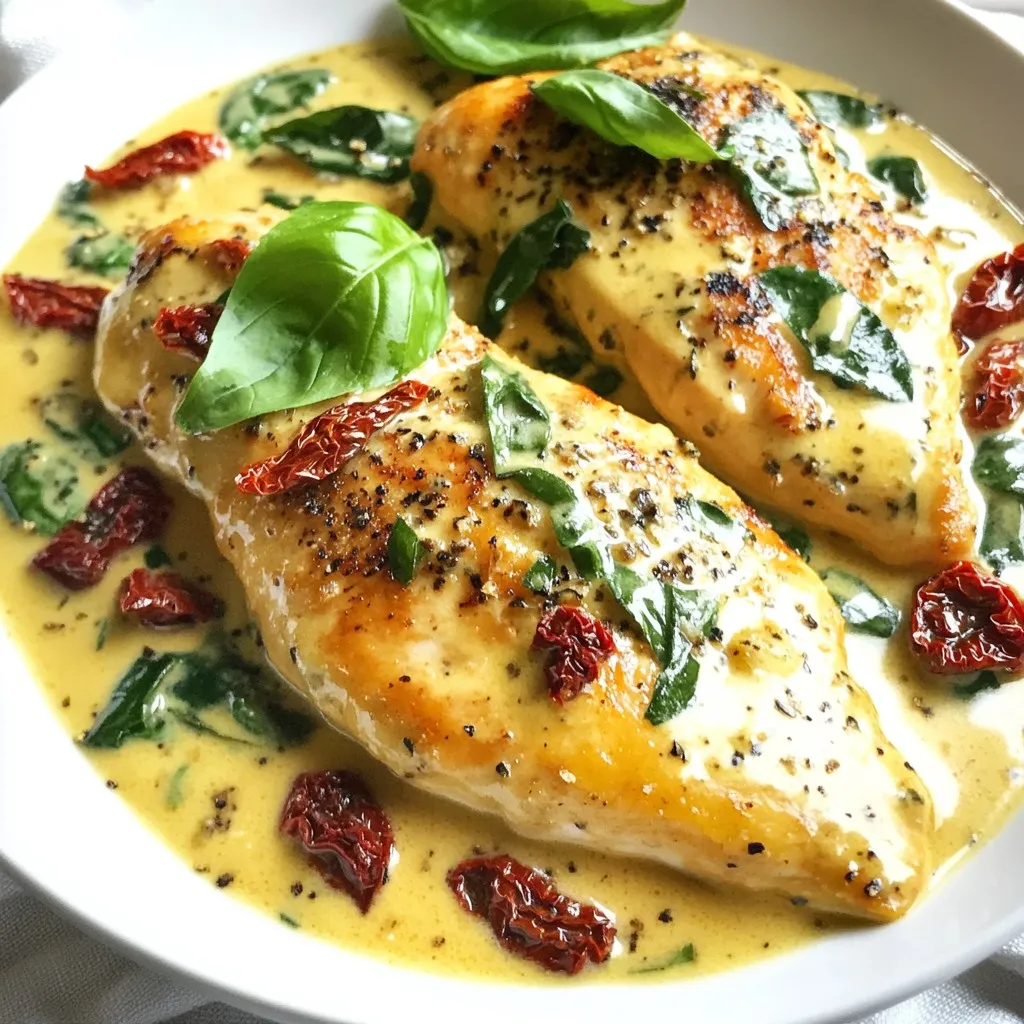- 4 boneless, skinless chicken breasts - 2 tablespoons olive oil - 4 cloves garlic, finely minced - 1 cup heavy cream - 1 cup fresh spinach, roughly chopped - 1 cup sun-dried tomatoes, coarsely chopped (preferably packed in oil) - 1 teaspoon Italian seasoning blend - ½ cup grated Parmesan cheese - Salt and black pepper - Fresh basil leaves The main ingredients of this dish create a rich and tasty meal. The chicken breasts are your star. They soak up flavors and stay juicy. Olive oil helps to sear the chicken and adds healthy fats. Garlic brings a lovely aroma and a robust taste. Heavy cream makes the sauce creamy and smooth. Fresh spinach adds nutrients and a pop of color. Sun-dried tomatoes offer a sweet and tangy flavor, giving depth to the sauce. Italian seasoning brings herbs to life in every bite. Finally, Parmesan cheese adds a salty, nutty taste that ties it all together. When you season with salt and pepper, you lift the dish's taste. The fresh basil leaves are not just pretty; they add bright flavor and freshness. Each ingredient plays a role in making Creamy Garlic Tuscan Chicken a dish you'll want to share with friends and family. {{ingredient_image_2}} - First, season the chicken breasts. Use salt and pepper on both sides. This adds flavor. - Next, heat olive oil in a large skillet over medium-high heat. Wait until the oil is hot. - Carefully add the chicken to the skillet. Sear each side for 5-7 minutes. Look for a golden-brown crust. - Check the chicken's internal temperature. It should reach 165°F (75°C). Remove the chicken and set it aside. - In the same skillet, add minced garlic. Sauté for about 1 minute. The garlic should smell great but not burn. - Slowly pour in the heavy cream. Stir well and bring the mix to a gentle simmer. This helps it thicken. - Now, add the chopped spinach, sun-dried tomatoes, and Italian seasoning. Stir in the grated Parmesan cheese. - Keep stirring until the cheese melts and the sauce is creamy. - Return the seared chicken to the skillet. Spoon the creamy sauce over each piece. - Let everything simmer for another 2-3 minutes to heat the chicken through. - Taste the sauce. Adjust the seasoning with more salt or pepper if needed. - Serve the chicken on plates with the sauce on top. Garnish with fresh basil leaves for a nice touch. To make sure your chicken turns golden-brown, follow these simple steps: - Heat the skillet well: Warm your skillet over medium-high heat. A hot skillet helps the chicken sear nicely. - Avoid crowding: Cook the chicken in batches if needed. This gives each piece space to brown well. - Pat dry: Make sure your chicken breasts are dry before seasoning. This helps achieve that crispy crust. For the creamy sauce texture, here’s what to do: - Sauté garlic carefully: Cook the garlic just until fragrant. Aim for about one minute. This prevents any burnt taste. - Add cream slowly: When you pour in the heavy cream, mix gently. This helps create a smooth sauce. - Simmer gently: Allow the sauce to thicken on low heat. Stir often to keep it creamy and rich. To get the best flavor, avoid these pitfalls: - Overcooking the garlic: If you let garlic cook too long, it can taste bitter. Watch it closely! - Not seasoning properly: Don't skip the salt and pepper. They bring out the best in your dish. Taste as you go to get it just right. By following these tips and avoiding common mistakes, your Creamy Garlic Tuscan Chicken will shine on your dinner table! Pro Tips Use Fresh Ingredients: For the best flavor, opt for fresh garlic, spinach, and high-quality sun-dried tomatoes. Fresh ingredients elevate the dish significantly. Control the Heat: Searing the chicken on medium-high heat ensures a golden-brown crust without overcooking the inside. Keep an eye on the temperature! Thicken the Sauce: If you prefer a thicker sauce, let it simmer a little longer after adding the cream and cheese until it reaches your desired consistency. Garnish Wisely: Fresh basil not only adds color but also enhances the dish’s aroma. Consider adding a sprinkle of extra Parmesan for an indulgent finish. {{image_4}} You can switch up the meat in this dish. Chicken thighs work well and stay juicy. Shrimp offers a lighter option with a nice flavor. If you prefer a dairy-free version, use coconut cream. Nutritional yeast adds a cheesy taste without dairy. To amplify the dish, add mushrooms or bell peppers. They bring extra texture and taste. For a kick, try red pepper flakes or smoked paprika. These spices add warmth and depth to the creamy sauce. To keep your Creamy Garlic Tuscan Chicken fresh, store leftovers properly. Place the chicken in an airtight container. You can refrigerate it for up to three days. If you want to keep it longer, freeze the chicken. Wrap each piece tightly in plastic wrap and then place it in a freezer bag. It can last for about three months in the freezer. Thaw it in the fridge before reheating. When it's time to enjoy leftovers, reheating is key. The best way to reheat the chicken and sauce is on the stove. Heat a skillet over low heat. Add a splash of cream or broth to keep it moist. Stir gently to avoid overcooking. Check the chicken's temperature; it should reach 165°F (75°C) before serving. If you use the microwave, heat in short bursts. Stir in between to ensure even heating. This way, you will keep your creamy sauce smooth and delicious. You can pair this dish with many sides. Here are a few great options: - Pasta: Any kind works well. Try fettuccine or penne for a nice touch. - Rice: Creamy garlic chicken goes well with white or brown rice. - Vegetables: Steamed broccoli or sautéed green beans add color and crunch. These sides will soak up the creamy sauce and make your meal more filling. If you want more heat, you have options. Here are some easy ways to spice it up: - Red pepper flakes: Add them to the sauce while cooking. - Hot sauce: Drizzle some into the cream for an extra kick. - Jalapeños: Dice and sauté them with the garlic for a fresh heat. These ingredients will bring a fun twist to your creamy garlic chicken. Yes, you can prep this dish early! Here are some tips for meal prepping: - Cook the chicken ahead: Sear and store it in the fridge. - Make the sauce: Prepare it separately and keep it in an airtight container. - Reheat gently: Warm the chicken and sauce together on low heat. This way, you can enjoy a quick, tasty meal anytime! In this post, we explored how to make Creamy Garlic Tuscan Chicken. We covered ingredients, step-by-step instructions, and tips to enhance your dish. I shared ways to avoid common mistakes and offered storage advice. Remember, cooking can be fun and rewarding. This recipe lets you experiment with flavors and techniques. Enjoy the process, and don’t hesitate to make it your own. Happy cooking!