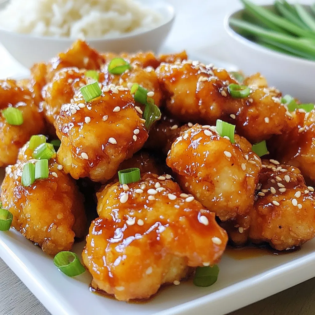 - 1 lb (450g) boneless chicken thighs, cut into bite-sized pieces - 1/4 cup honey - 3 tablespoons low-sodium soy sauce - 3 cloves garlic, minced - 1 tablespoon fresh ginger, grated - 1 tablespoon rice vinegar - 1 teaspoon sesame oil - Salt and pepper to taste - 1 tablespoon cornstarch - 2 tablespoons vegetable oil for frying - Chopped green onions and sesame seeds for garnish Using fresh ingredients makes a big difference in flavor. Fresh chicken thighs add juicy texture. Fresh garlic and ginger bring vibrant taste to the dish. Quality honey gives the right sweetness. When you use fresh ingredients, you get a dish that tastes better. It also looks appealing on the plate. Always choose the best items for your meals. If you don’t have chicken thighs, you can use chicken breast. This works well too, but the taste will change slightly. If you want to make it sweeter, try maple syrup instead of honey. For soy sauce, use tamari or coconut aminos for a gluten-free option. If you don’t like ginger, you can skip it. The dish will still be good! {{ingredient_image_2}} To start, gather your ingredients. In a medium mixing bowl, combine: - 1/4 cup honey - 3 tablespoons low-sodium soy sauce - 3 cloves garlic, minced - 1 tablespoon fresh ginger, grated - 1 tablespoon rice vinegar - 1 teaspoon sesame oil - Salt and pepper to taste Whisk these items together until they blend well. This sauce gives the chicken a sweet and savory taste. Next, add 1 lb of boneless chicken thighs, cut into bite-sized pieces, to your marinade. Stir to coat each piece. Cover your bowl with plastic wrap and place it in the fridge. Let it marinate for at least 30 minutes. For a deeper flavor, leave it for up to 2 hours. The longer it sits, the better it tastes. After marinating, take the chicken out. Place it in a shallow dish and sprinkle 1 tablespoon of cornstarch over the pieces. Toss gently to coat. This will make the chicken crispy. Heat 2 tablespoons of vegetable oil in a large skillet over medium-high heat. When the oil shimmers, add the chicken bites in batches. Don’t overcrowd the pan. Fry them for about 5-7 minutes. Turn them occasionally until they turn golden brown and reach an internal temperature of 165°F (75°C). Once fried, use a slotted spoon to transfer the chicken to a plate lined with paper towels. This step helps remove excess oil. In the same skillet, pour in any leftover marinade. Cook over medium heat for 2-3 minutes, stirring often, until the sauce thickens slightly. Add the fried chicken back into the skillet. Toss until every piece is coated in the warm honey garlic sauce. Now, your honey garlic chicken bites are ready to serve! Enjoy the delightful mix of flavors and the satisfying crunch. To get your chicken bites crispy, start with cornstarch. After marinating, coat the chicken evenly in cornstarch. This step is key. It helps create that great crunch when frying. Make sure your oil is hot enough before adding the chicken. This helps seal in moisture. Fry in batches to avoid steaming. Overcrowding the pan makes the chicken soggy. You can easily tweak the taste of your honey garlic chicken. If you like it sweeter, add more honey. For less sweetness, reduce the honey a bit. If you want more salt, add a pinch of soy sauce. Always taste your marinade before adding the chicken. This way, you can find the right balance for your palate. When serving, think about colors and flavors. A serving of fluffy steamed rice pairs well with the bites. A colorful vegetable stir-fry adds crunch and nutrients. You can also serve with a side of fresh salad for a light meal. For a special touch, drizzle extra honey garlic sauce over the chicken. Garnish with green onions and sesame seeds for a pop of flavor and color. Pro Tips Marinating Time Matters: For the best flavor, allow the chicken to marinate for at least 2 hours. This will enhance the depth of flavor and tenderness of the meat. Perfectly Crispy Bites: Ensure the chicken is coated evenly in cornstarch before frying. This will help achieve that delightful crispy texture everyone loves. Temperature Check: Use a meat thermometer to ensure your chicken reaches an internal temperature of 165°F (75°C) for safe consumption. Serving Suggestion: Serve these honey garlic chicken bites with steamed rice and a side of colorful vegetables to create a balanced and visually appealing meal. {{image_4}} You can make honey garlic chicken bites even better by adding vegetables. Try mixing in bell peppers, broccoli, or snap peas. These veggies add color and crunch. To do this, cut the vegetables into bite-sized pieces. Stir-fry them in the same pan after you cook the chicken. Then, mix the chicken back in with the veggies. This makes a fun and tasty meal. For a kick, add some heat to your honey garlic chicken bites. You can use red pepper flakes, sriracha, or even chopped jalapeños. Start by adding one teaspoon of red pepper flakes to the marinade. Taste it to see if it is spicy enough for you. If you want more heat, just add a bit more. This variation brings a whole new level of flavor! You can give honey garlic chicken bites an Asian twist too. Try adding sesame seeds and scallions for extra flavor. You can also use hoisin sauce instead of soy sauce. This sauce is sweet and tangy, giving your dish a unique taste. Serve your chicken bites over jasmine rice or with steamed dumplings. This makes for a delicious and fun meal that everyone will enjoy. After you make honey garlic chicken bites, let them cool. Place the chicken in an airtight container. This keeps the bites fresh for up to three days in your fridge. If you have extra sauce, store it separately to avoid sogginess. Label your containers with the date to track freshness easily. To reheat, use the oven for the best results. Preheat it to 350°F (175°C). Spread the chicken bites on a baking sheet. Heat them for about 10-15 minutes until they are warm. You can also use a microwave, but this may make the chicken soft. Heat on medium power for about 1-2 minutes. Check often to avoid overcooking. You can freeze honey garlic chicken bites for later meals. First, let them cool completely. Then, place them in a freezer-safe bag or container. Remove as much air as possible to prevent freezer burn. They will stay good for about three months. When you are ready to eat, thaw them in the fridge overnight before reheating. Yes, you can use chicken breast. Chicken breast will taste good, but it may be drier. Thighs have more fat, which makes them juicy. If you use breasts, watch the cooking time. They cook faster than thighs. To make this dish gluten-free, substitute soy sauce. Use tamari, a gluten-free soy sauce. Check labels for gluten-free brands. You can also use coconut aminos for a slightly sweeter flavor. These swaps keep the dish tasty without gluten. Serve honey garlic chicken bites with fluffy rice. Steamed jasmine or brown rice works well. Add a colorful vegetable stir-fry for balance. You can also pair it with a fresh salad. Think about a crunchy Asian slaw for extra crunch. In this blog post, we explored how to make tasty honey garlic chicken bites. We reviewed key ingredients, highlighted the benefits of freshness, and offered handy substitutions. The step-by-step instructions guided you through marinating, frying, and coating your chicken. You learned tips for perfect texture and flavor adjustments too. Finally, we discussed variations, storage, and common questions. Enjoying these bites opens a world of flavor and creativity. Now, you can impress everyone at your next meal with your newfound skills!