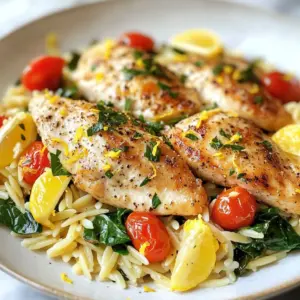 To make Lemon Pepper Chicken Orzo Skillet, you'll need the following ingredients: - 2 boneless, skinless chicken breasts - 1 cup orzo pasta - 2 tablespoons olive oil, divided - 1 small onion, finely chopped - 3 cloves garlic, minced - 4 cups chicken broth - Zest of 1 lemon (about 1 teaspoon) - 2 tablespoons fresh lemon juice - 1 teaspoon ground black pepper - 1 teaspoon salt - 1 cup fresh spinach, chopped - 1/2 cup cherry tomatoes, halved - Fresh parsley, chopped (for garnish) These ingredients come together to create a bright and tasty dish. The chicken gives protein, while the orzo adds a nice texture. Fresh lemon juice and zest bring a zingy flavor that makes this meal special. The spinach and tomatoes add color and nutrients, making each bite a delight. When you gather your ingredients, focus on freshness. Fresh herbs and vegetables will enhance the taste. This dish is not just easy to make; it also looks beautiful on the plate. Enjoy the process of cooking and savor the flavors! {{ingredient_image_2}} - Start by seasoning both sides of the chicken breasts with salt and black pepper. This step adds flavor right from the beginning. - In a large skillet, heat 1 tablespoon of olive oil over medium heat. When the oil shimmers, add the chicken. Cook for about 6-7 minutes on each side until golden brown. Make sure the chicken reaches 165&deg;F. Once cooked, take it out and let it rest. After a few minutes, slice the chicken into strips. - In the same skillet, add the remaining tablespoon of olive oil. Once hot, toss in the finely chopped onion. Saut&eacute; for about 3 minutes until the onion turns translucent and soft. This brings out its natural sweetness. - Next, add the minced garlic. Saut&eacute; for another 30 seconds, stirring often until the garlic is fragrant. The aroma will fill your kitchen and make your mouth water. - Stir in the orzo pasta. Make sure it gets coated well with the onion and garlic mix. Toast the pasta for about 1 minute to bring out its flavor. - Pour in the chicken broth, lemon zest, and lemon juice. Raise the heat to bring it to a gentle boil. Once it boils, reduce the heat to low. Cover the skillet and let it simmer for 10-12 minutes. Stir occasionally and add more broth if the orzo sticks. - After the orzo cooks al dente, add the chopped spinach and halved cherry tomatoes. Stir everything together and continue to cook for another 2-3 minutes. You want the spinach to wilt and the tomatoes to soften. This adds color and nutrition to your dish. - Now it&rsquo;s time to add the sliced chicken back into the skillet. Mix everything gently to combine. Allow the dish to heat through for about a minute. This helps meld all the flavors together beautifully. - Remove the skillet from the heat. Sprinkle freshly chopped parsley over the top for a vibrant finish. Serve warm, and enjoy your delicious meal! - For a nice touch, serve the dish in shallow bowls with a lemon wedge on the side. This adds extra zest and makes for a pretty presentation. - To cook the chicken perfectly, season it well with salt and pepper. - Heat oil until it shimmers before adding chicken. This helps create a nice crust. - Cook the chicken for 6-7 minutes on each side. Use a meat thermometer for best results; it should reach 165&deg;F. - To avoid sticky orzo, stir often while it cooks. Add more broth if needed. - Fresh herbs add brightness. Try using basil or thyme for a fun twist. - For extra flavor, add a pinch of cayenne pepper or smoked paprika. This gives the dish a nice kick. - Serve the dish in shallow bowls for a nice look. - Add a lemon wedge on the side for extra zest. - Sprinkle fresh parsley on top for a pop of green color. This makes the meal more inviting. Pro Tips Use Fresh Ingredients: For the best flavor, opt for fresh spinach and ripe cherry tomatoes. Fresh herbs like parsley also enhance the dish. Adjust the Lemon: If you love a stronger citrus flavor, feel free to add more lemon juice or zest to brighten the dish even further. Perfectly Cooked Orzo: Keep an eye on the orzo while it simmers. Stir it occasionally to prevent sticking, and remove it from heat when it&rsquo;s al dente. Customize Your Protein: This recipe is versatile; you can substitute the chicken with shrimp or tofu for a different protein option. {{image_4}} You can switch chicken for shrimp or tofu. Shrimp cooks quickly and adds a nice flavor. Tofu gives a great vegan option and absorbs all the tasty juices. If you want to use chicken, try different cuts. Thighs are juicy and add extra flavor. You can also use chicken tenders for a quicker cook time. If orzo isn't your thing, consider other grains. Quinoa or rice work well and add a nice texture. Quinoa is also high in protein, making it a healthy choice. For gluten-free options, look for gluten-free pasta brands. They come in many shapes and sizes, so you can find one that fits your dish. Feel free to add more vegetables for color and taste. Bell peppers, zucchini, or broccoli work well. You can also use seasonal veggies like asparagus in spring or squash in fall. Fresh produce can change the dish based on what you find at the market. Just remember to adjust cooking times for harder vegetables. Store your Lemon Pepper Chicken Orzo Skillet in an airtight container. Let it cool to room temperature first. This helps keep the chicken and orzo fresh. You can refrigerate it for up to three days. When reheating, use a microwave or a skillet. If using a microwave, cover the dish to keep moisture in. Heat it in short bursts, stirring in between. This helps make sure everything warms evenly. If you use a skillet, add a splash of broth to keep it moist. Heat over low until hot. Yes, you can freeze your Lemon Pepper Chicken Orzo Skillet. Just make sure it&rsquo;s completely cool. Transfer it to a freezer-safe container. It can last for up to three months in the freezer. To thaw, move it to the fridge overnight. You can also use the microwave in defrost mode. Once thawed, reheat in a skillet. Add a bit of chicken broth to help with moisture. Heat until it&rsquo;s warmed through and ready to enjoy again! If you can't find orzo, try using small pasta shapes like ditalini or acini di pepe. You can also use rice or quinoa for a different texture. For gluten-free options, look for gluten-free pasta, like brown rice pasta or chickpea pasta. These options work great and keep the dish tasty. This dish holds up well in the fridge. You can store it for about three to four days. Just make sure to keep it in an airtight container. This helps keep the flavors fresh and the chicken juicy. Yes! You can prep the dish ahead of time. Cook the chicken and orzo, then mix them with the veggies. Store it in the fridge until you're ready to serve. When you want to eat, just reheat it in a skillet or microwave. Add a splash of broth if it seems dry. Enjoy a quick and easy meal! This blog post covered a tasty Lemon Pepper Chicken Orzo Skillet. We looked at the ingredients, step-by-step cooking instructions, and helpful tips. I shared variations, storage advice, and answered common questions. You can now create a flavorful meal that suits anyone's taste. Experiment with different proteins, pasta types, and seasonal veggies. Remember, cooking should be fun and creative. Enjoy making this dish your own!