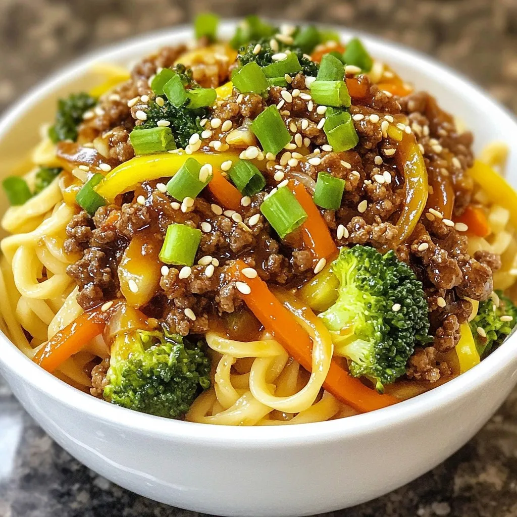 - Ground beef - Egg noodles - Broccoli and bell pepper Mongolian ground beef noodles start with a few key items. Ground beef is the star of the dish. You need about 1 pound. Next, you'll use 8 ounces of egg noodles. They add a nice texture and flavor. Broccoli and bell pepper add color and crunch. Choose any bell pepper you like. - Soy sauce - Hoisin sauce - Oyster or mushroom sauce For flavor, you need sauces. Soy sauce brings saltiness. Hoisin sauce adds sweetness. You can use oyster sauce or mushroom sauce for a vegetarian option. These sauces blend well with the beef and noodles. - Aromatics (onion, garlic, ginger) - Vegetable oil - Sesame oil and garnishes Aromatics are important. You will use a medium onion, three cloves of garlic, and a piece of ginger. These ingredients add great flavor. Heat up 1 tablespoon of vegetable oil for cooking. After mixing everything, drizzle 1 tablespoon of sesame oil on top. For garnishing, use chopped green onions and sesame seeds. They add a nice touch and make your dish pop! {{ingredient_image_2}} Start by boiling a large pot of water. Once the water bubbles, add the egg noodles. Cook them according to the package instructions. You want them to be al dente, which means they should still have a bit of bite. After cooking, drain the noodles well. Make sure to separate them gently so they don’t stick together. Next, heat a large skillet or wok over medium-high heat. Add one tablespoon of vegetable oil. When the oil is hot, add the ground beef. Use a spatula or wooden spoon to break it apart as it cooks. Sauté the beef until it turns brown and is fully cooked, which should take about 5 to 7 minutes. Once done, season with salt and pepper to taste. Transfer the beef to a plate and set it aside. In the same skillet, keep any leftover fat in the pan. This adds flavor! Next, add the sliced onion, minced garlic, and grated ginger. Stir-fry these aromatics for about 2 to 3 minutes. They should become fragrant and the onions will turn translucent. After that, toss in the broccoli florets, julienned carrot, and sliced bell pepper. Stir-fry for another 4 to 5 minutes. You want the veggies to be bright and crisp, not mushy. Now, return the cooked ground beef to the skillet with the sautéed vegetables. Pour in the soy sauce, hoisin sauce, and oyster sauce. Stir everything well to coat the beef and veggies evenly. Let it cook together for about 2 to 3 minutes. This allows the flavors to blend beautifully. Finally, add the cooked egg noodles into the skillet. Toss them gently with the beef and veggies, ensuring they get coated in the sauce. Drizzle one tablespoon of sesame oil over the top and mix well. This adds a rich depth of flavor. Serve the dish hot, garnished with chopped green onions and a sprinkle of sesame seeds for that perfect finish. Enjoy your delicious meal! To cook noodles perfectly, aim for al dente. This means they should be firm yet cooked through. If you overcook them, they may turn mushy and lose texture. After boiling, drain the noodles well. This keeps them from clumping together. To balance flavors, mix the right sauces. Use soy sauce for saltiness, hoisin for sweetness, and oyster sauce for depth. Taste as you go. Adjust the sauces based on your liking. This step is key to a delicious dish. For an appealing plate, structure the dish well. Start with a mound of noodles at the center. Layer the colorful beef and veggies on top. This creates a vibrant look that is sure to impress. Garnishing adds flair. Sprinkle chopped green onions and sesame seeds on top. These not only enhance the look but also add crunch. A little extra color makes a big difference! If you overcook the noodles, rinse them under cold water. This stops the cooking process. You can then stir-fry them briefly with a splash of oil to reheat. This helps revive their texture. Adjusting seasoning is simple. If it's too salty, add a bit of water or more veggies. If it needs more flavor, a dash of soy sauce or hoisin can help. Taste as you go to find your perfect balance. Pro Tips Use Fresh Ingredients: Fresh vegetables and high-quality beef will enhance the flavor and texture of your dish, making it even more delicious. Don't Overcook the Noodles: Cook the egg noodles just until al dente, as they will continue to cook when combined with the hot beef and vegetables. Customize Your Veggies: Feel free to swap or add vegetables based on your preference or what you have on hand, such as snow peas or snap peas for extra crunch. Adjust the Sauce to Taste: Taste the sauce before serving and adjust the soy sauce or hoisin sauce according to your desired level of sweetness and saltiness. {{image_4}} You can easily switch the ground beef for plant-based protein. Use options like lentils or mushrooms for a hearty texture. This change keeps the dish flavorful and filling. Incorporate more vegetables to boost nutrition. Try adding zucchini, snap peas, or bell peppers. This mix adds color and crunch to your meal. Not a fan of egg noodles? You can use rice noodles or whole wheat noodles. These options fit different dietary needs and still taste great. For gluten-free choices, look for rice or quinoa noodles. They work well and absorb the tasty sauces nicely. Want to spice things up? Add chili sauce for heat. This simple change brings excitement to each bite. You can also explore other sauces. Try adding teriyaki or sweet chili sauce for a unique twist. These additions make your dish even more special. To keep your Mongolian ground beef noodles fresh, follow these steps: - Refrigeration: Allow the dish to cool to room temperature. Place it in an airtight container. This helps to prevent moisture loss. - Duration: The dish lasts up to three days in the fridge. After that, the flavor and texture may suffer. When it’s time to enjoy your leftovers, reheating correctly is key: - Methods: Use a skillet over medium heat to warm the noodles. Stir frequently to keep them from sticking. You can also use a microwave. Heat in short bursts, stirring in between to ensure even warming. - Enhancing Flavors: Add a splash of soy sauce or sesame oil while reheating. This can brighten the flavors and make the dish taste fresh again. Mongolian Ground Beef Noodles is a tasty dish that blends flavors from Mongolia and China. It features ground beef, fresh veggies, and egg noodles. The dish is quick to make and packed with flavor. You can enjoy it at home or serve it to guests. The use of soy sauce and hoisin sauce adds a savory touch. This dish is colorful, making it a feast for the eyes too! Yes, you can use different meats in this recipe. Chicken and pork are great options. For chicken, use ground chicken for a leaner choice. If you prefer pork, ground pork works well too. Just cook the meat until it's browned. This way, you can enjoy the same great flavor with a different protein. To add some heat to your Mongolian noodles, try using chili sauce. You can also add red pepper flakes while cooking. If you like fresh flavors, chopped jalapeños are a great choice. Start with a small amount and taste as you go. This way, you can find the perfect level of spice for your palate. Yes, you can prepare this dish in advance. Cook the noodles and meat separately. Store them in airtight containers in the fridge. You can also chop the vegetables ahead of time. When you're ready to eat, just heat everything together in a skillet. This makes it easy to enjoy a quick meal on busy days! This blog post gave you a clear guide on making Mongolian Ground Beef Noodles. We covered the main ingredients, cooking steps, and handy tips for a great dish. Remember, you can adjust flavors and ingredients to your taste. Try the variations for fun twists. With these methods, you'll create a tasty meal every time. Enjoy cooking and have fun sharing your dishes!