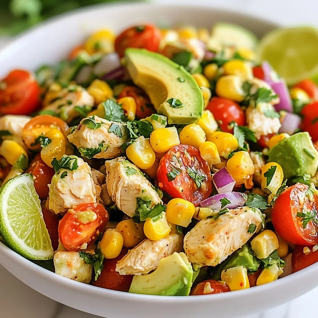 - 2 cups cooked chicken, shredded - 1 ripe avocado, diced into cubes - 1 cup cherry tomatoes, halved - 1/2 cup corn (freshly cooked or canned, drained) - 1/4 cup red onion, finely chopped - 1/4 cup fresh cilantro, chopped - 2 tablespoons freshly squeezed lime juice - 1 tablespoon extra virgin olive oil - 1 teaspoon ground cumin - Salt and freshly ground black pepper, to taste In this salad, cooked chicken gives us protein. Avocado adds creaminess and healthy fats. Cherry tomatoes bring sweetness. Corn adds crunch, while red onion offers zing. Fresh cilantro rounds out the flavors. Lime juice brightens the dish. Olive oil adds smoothness, and cumin gives a warm touch. You can add extra ingredients to boost taste. Consider adding: - Diced bell peppers for color and sweetness - Black beans for more fiber and protein - Jalapeños for a spicy kick - Feta cheese for a salty, creamy bite These add-ins can change the salad's profile. Feel free to mix and match based on your taste. Each serving contains roughly: - Calories: 350 - Protein: 30g - Fat: 20g - Carbohydrates: 15g - Fiber: 5g This salad is healthy and filling. It provides good fats and protein to keep you satisfied. Enjoying this dish is a tasty way to eat well. {{ingredient_image_2}} First, gather all your ingredients. You need: - 2 cups cooked chicken, shredded - 1 ripe avocado, diced - 1 cup cherry tomatoes, halved - 1/2 cup corn, cooked or canned - 1/4 cup red onion, finely chopped - 1/4 cup fresh cilantro, chopped Start with the chicken. Shred it into small pieces. Next, dice the avocado into cubes. Be gentle to keep the pieces intact. Halve the cherry tomatoes and chop the red onion and cilantro. If using corn from a can, drain it well. In a large bowl, add the shredded chicken first. This is your salad base. Carefully fold in the diced avocado. Then, add the halved cherry tomatoes, corn, red onion, and chopped cilantro. Make sure all the ingredients mix well, but do it gently to avoid smashing the avocado. In a small bowl, combine the dressing ingredients. You need: - 2 tablespoons lime juice - 1 tablespoon extra virgin olive oil - 1 teaspoon ground cumin - Salt and pepper, to taste Whisk these together until you see a smooth mixture. Drizzle this dressing over your salad. Use a light touch to toss everything, so the flavors mix without breaking the avocado. After tasting, adjust the seasoning if needed. Let the salad chill in the fridge for about 15 minutes. This helps the flavors blend nicely. Enjoy your fresh and healthy avocado chicken salad! To keep avocados fresh, store them in the fridge. If you cut one open, sprinkle lime juice on the exposed flesh. This slows browning. Cover it tightly with plastic wrap. Use it within one day for the best taste. Use cooked chicken from a rotisserie for quick prep. Grilled or poached chicken also works well. Shred the chicken into bite-sized pieces. This allows the chicken to mix easily with the salad and enhances flavor. For a lovely presentation, use a large platter. Spoon the salad in the center, leaving space around it. Add extra cilantro leaves on top. Bright lime wedges add color and invite your guests to dig in. Serving on crisp lettuce adds crunch and style. Pro Tips Choose Ripe Avocados: Make sure your avocados are ripe for the best flavor and creaminess. They should yield slightly to gentle pressure when squeezed. Customize Your Protein: Feel free to substitute the chicken with grilled shrimp, tofu, or even black beans for a vegetarian option that’s equally satisfying. Make Ahead: Prepare the salad ingredients ahead of time but add the dressing just before serving to keep the avocado fresh and vibrant. Experiment with Seasonings: Don’t hesitate to add spices like paprika or chili powder to the dressing for an extra kick or adjust with your favorite herbs. {{image_4}} You can change the flavor with various dressings. Here are a few ideas: - Greek Yogurt Dressing: Mix Greek yogurt, garlic, and dill. - Honey Mustard Dressing: Combine honey, mustard, and a splash of vinegar. - Creamy Avocado Dressing: Blend avocado, lime juice, and a bit of water. Each dressing adds a unique twist to your salad. Experiment to find your favorite! Feel free to swap ingredients based on what you like. Try these options: - Different Proteins: Use shrimp, tofu, or turkey instead of chicken. - Add Crunch: Toss in nuts like almonds or walnuts for texture. - Fruits: Add mango or pineapple for a sweet touch. These swaps let you create a salad that matches your taste. How you serve your salad can make it special. Here are some ideas: - On a Bed of Greens: Serve your salad on lettuce or spinach for extra crunch. - In a Wrap: Use a tortilla to make a fresh, tasty wrap. - As a Side Dish: Pair it with grilled meats or fish for a complete meal. These serving options can change how you enjoy your salad every time! Store any leftover avocado chicken salad in an airtight container. This keeps the salad fresh. If you have extra dressing, store it separately. This helps avoid soggy salad. Reheat the salad gently in the microwave. Use low power to warm it up. Be careful not to overheat, as the avocado can become mushy. If you used cold chicken, heat only until warm, not hot. The salad lasts about 3 days in the fridge. After this, the avocado may brown and the flavors may fade. Check for any off smells or changes in texture before eating. Yes, you can use canned chicken. It saves time and is easy to use. Just drain the chicken and shred it. The taste may differ, but it works well in a pinch. Canned chicken blends nicely with the salad's fresh ingredients. Absolutely! This salad is great for meal prep. Make it ahead of time and store it in the fridge. Just keep the dressing separate until you are ready to eat. This way, the avocado stays fresh, and the salad remains crunchy. You can use lemon juice instead of lime juice. Lemon juice gives a nice tang and works well. If you want a sweeter taste, try using apple cider vinegar. Both options will add flavor to your salad. The salad lasts about 2 to 3 days in the fridge. Make sure to cover it tightly to keep it fresh. The avocado may brown, but you can mix it up before serving. If you notice any off smells, it’s best to toss it. Avocado chicken salad is a tasty dish with healthy ingredients and easy steps. You learned how to prepare fresh avocados, mix a creamy dressing, and pick the right chicken. I shared tips to keep your salad fresh and ideas for fun variations. Remember, you can store leftovers and enjoy them later. With these simple tricks, you can make this salad a regular in your meals. Try customizing it to suit your taste. Each bite will be delicious!