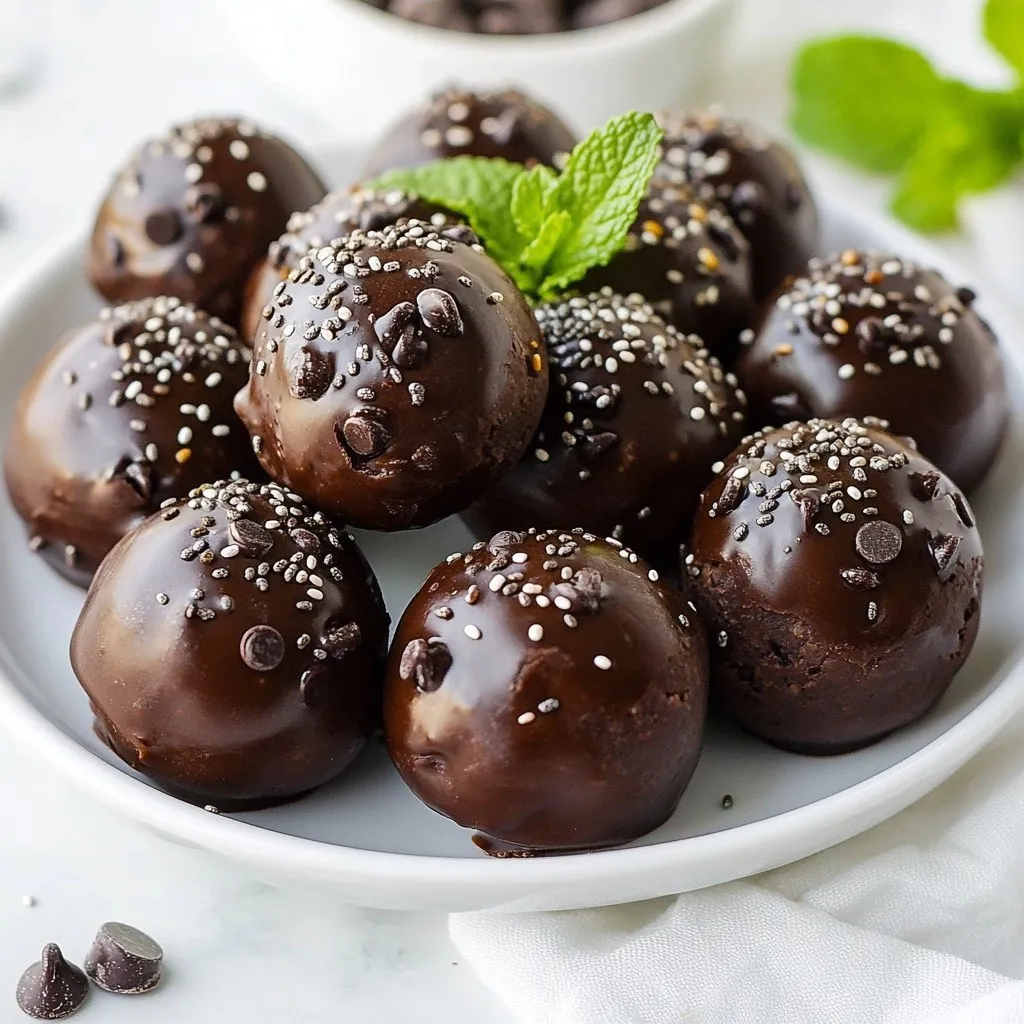 To make delicious Chocolate Mint Protein Bites, gather the following items: - 1 cup rolled oats - 1/2 cup chocolate protein powder - 1/2 cup natural nut butter (almond or peanut) - 1/4 cup honey or maple syrup - 1/4 cup dark chocolate chips - 1/4 cup fresh mint leaves, finely chopped (or 1 teaspoon peppermint extract) - 1/4 teaspoon sea salt - 2 tablespoons chia seeds (optional, for added nutrition) - 2 tablespoons unsweetened cocoa powder These ingredients are simple yet effective. Rolled oats provide a hearty base. Chocolate protein powder adds a rich flavor and boosts nutrition. Nut butter keeps the bites moist and adds healthy fats. Sweeteners like honey or maple syrup bring a touch of sweetness. Dark chocolate chips deliver indulgence and taste. Fresh mint gives a refreshing kick, while sea salt enhances all flavors. Optional chia seeds offer fiber and nutrients, making these bites even healthier. Gather these ingredients, and you’re ready to create a tasty and nutritious snack! {{ingredient_image_2}} In a large bowl, combine: - 1 cup rolled oats - 1/2 cup chocolate protein powder - 2 tablespoons unsweetened cocoa powder Mix these dry ingredients well. Make sure there are no clumps. This mix will be the base for your tasty bites. Next, add in: - 1/2 cup natural nut butter (like almond or peanut) - 1/4 cup honey or maple syrup - 1/4 teaspoon sea salt Stir these wet ingredients into the dry ones. Mix until the blend is sticky and smooth. This step helps everything hold together. Now, fold in: - 1/4 cup dark chocolate chips - 1/4 cup fresh mint leaves, finely chopped (or 1 teaspoon peppermint extract) - 2 tablespoons chia seeds (optional) Gently mix these in until they spread evenly throughout. The mint adds a fresh taste, while chocolate chips bring sweetness. Cover the bowl with plastic wrap and refrigerate for about 15-20 minutes. This helps the mixture firm up. After chilling, scoop out tablespoon-sized portions. Roll them between your palms to create small balls. Place the formed bites on a plate or baking sheet lined with parchment paper. Make sure they are spaced out. Return them to the fridge for another 30 minutes. This will set them fully and enhance their flavors. To keep your chocolate mint protein bites fresh, store them in an airtight container. A fridge is the best place for these bites. They can last up to a week this way. For longer storage, you can freeze them. Just place them in a freezer-safe bag. They will stay fresh for up to three months. Serving these bites can be fun and creative. Place them in a pretty jar or a decorative bowl. This makes a great treat for guests. You can also serve them with fresh fruit. A side of berries adds color and a fresh taste. For a special touch, add a mint sprig on top. It looks nice and smells great too! You can change the flavor of these bites easily. Try swapping the nut butter for sunflower seed butter for a nut-free option. You can also use different sweeteners like agave syrup. For a different taste, add spices like cinnamon or vanilla extract. If you want extra crunch, toss in some chopped nuts or seeds. The options are endless! Pro Tips Chill for Better Texture: Allow the mixture to chill for a bit longer if you find it too sticky to handle, this will help in forming smooth bites. Customize Your Sweetness: Adjust the amount of honey or maple syrup based on your personal taste preference; you can also use a sugar substitute for a lower-calorie version. Experiment with Flavors: Try adding different extracts like vanilla or almond, or mix in other ingredients like dried fruits or nuts for a unique twist. Perfect for Meal Prep: These protein bites can be stored in an airtight container in the fridge for up to a week, making them a great on-the-go snack! {{image_4}} Chocolate mint protein bites pack a powerful punch of nutrients. Each bite offers a blend of protein, fiber, and healthy fats. Key nutrients include: - Rolled oats: Great source of whole grains. They provide fiber to help digestion. - Chocolate protein powder: Adds protein, which helps with muscle repair and keeps you feeling full. - Nut butter: Supplies healthy fats and protein, fueling your body. - Honey or maple syrup: Natural sweeteners that give energy and flavor. - Dark chocolate chips: A treat that also brings antioxidants to the mix. - Fresh mint: Offers a refreshing taste and may aid digestion. - Chia seeds (if included): Packed with omega-3s and more fiber. Incorporating these ingredients makes a healthy snack. Nuts and seeds provide protein and healthy fats. They help you stay full and support brain health. Protein powders boost muscle growth and recovery. Oats are great for heart health. They lower cholesterol and keep your heart healthy. Dark chocolate has antioxidants, which are good for the heart too. Mint can help with digestion and freshen your breath. These bites fit many diets. You can easily make them vegan by using maple syrup and a plant-based protein powder. They are also gluten-free when you choose certified gluten-free oats. This snack suits many dietary needs while still being tasty. Enjoy these bites as a guilt-free treat that supports your health goals! To switch up the taste of your protein bites, try using different ingredients. For example, you can replace the chocolate protein powder with vanilla protein powder for a lighter flavor. If you love peanut butter, swap out the nut butter for peanut butter. This gives you a rich, nutty flavor. You can also mix in other add-ins like dried fruits or seeds to create unique bites. Think about adding coconut flakes for a tropical twist or some spices like cinnamon for warmth. Each change can bring a new experience. If you’re short on time, store-bought protein bites can be a great option. Many brands offer tasty choices. Look for brands like RXBAR or LÄRABAR. These often have simple, whole ingredients and come in various flavors. Check the labels to find bites that suit your taste and dietary needs. They can save you time while still providing a healthy snack. But remember, making your own gives you more control over the ingredients. You can also adapt your protein bites for the seasons. During fall, add pumpkin spice to your mix for a cozy flavor. In winter, consider using peppermint extract to bring a festive touch. For summer, you could add fresh berries for a bright, fruity taste. Using seasonal ingredients not only keeps things fresh but also connects you with the time of year. Enjoy exploring these variations to keep your snacks exciting! To make these protein bites vegan, you can swap the honey for maple syrup. Use a plant-based nut butter like almond or peanut. Ensure the chocolate chips are dairy-free. You can also skip the chia seeds if you prefer. These changes keep the bites tasty and vegan-friendly. Yes, you can freeze these protein bites. Place them in an airtight container or a freezer-safe bag. Make sure to separate layers with parchment paper. To thaw, leave them in the fridge overnight or at room temperature for about 30 minutes. They will taste great after freezing! You can use protein bites as a quick breakfast. They also work well as a post-workout snack. Try adding them to your smoothie bowl for extra flavor. You can even crumble them over yogurt for a tasty treat. They are versatile and fit into many meals! These protein bites last about one week in the fridge. Store them in an airtight container to keep them fresh. Check for any off smells or changes in texture. If they seem dry or hard, it’s best to toss them out. Enjoy them while they’re fresh! These chocolate mint protein bites are tasty and healthy. We covered the simple ingredients, step-by-step instructions, and ways to customize your bites. You can store them, serve creatively, and even try seasonal variations. These bites fit various diets and offer excellent nutrition. Enjoy making these bites your own while boosting your energy. With a little practice and creativity, you’ll have a fun, healthy snack any time!