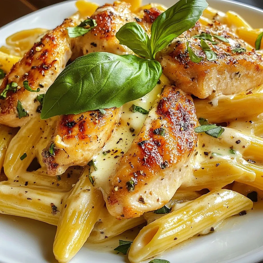 - 2 boneless, skinless chicken breasts - 8 ounces of penne pasta - 1 cup of fresh mozzarella cheese, cut into small cubes - 1 cup of heavy cream - 1/2 cup of chicken broth - 2 cloves garlic, finely minced - 1 teaspoon Italian seasoning - 1 tablespoon olive oil - Salt and freshly ground black pepper to taste - Fresh basil leaves, for garnish You can swap chicken breasts for turkey or tofu for a lighter option. If you want a healthier pasta, use whole wheat or gluten-free penne. Instead of heavy cream, try half-and-half or coconut cream for a different taste. If you don’t have fresh mozzarella, shredded mozzarella works well. You can also use vegetable broth instead of chicken broth for a vegetarian version. To make this dish, you'll need a large pot for boiling the pasta. A sharp knife helps in slicing the chicken and cheese. Use a colander for draining the pasta. A whisk is great for mixing the sauce evenly. Lastly, a large serving bowl will showcase your creamy mozzarella chicken pasta beautifully. {{ingredient_image_2}} Start by boiling water in a large pot. Make sure to add salt for flavor. Once it boils, add 8 ounces of penne pasta. Cook it according to the package until it's al dente. This usually takes about 11-12 minutes. When it's done, drain the pasta in a colander. Set it aside for later. Take 2 boneless, skinless chicken breasts. Season both sides with salt, black pepper, and 1 teaspoon of Italian seasoning. Heat 1 tablespoon of olive oil in the same pot you used for the pasta. Add the chicken breasts and cook them for 6-7 minutes on each side. You want them fully cooked, with no pink inside. Once finished, take the chicken out and let it rest. Then slice it into strips. In the same pot, add 2 cloves of finely minced garlic. Sauté it for about 30 seconds. This will make your kitchen smell great! Next, pour in 1/2 cup of chicken broth and 1 cup of heavy cream. Whisk these together well. Bring the mixture to a gentle simmer and allow it to cook for 2-3 minutes. Now, stir in 1 cup of cubed fresh mozzarella cheese into the sauce. Let it melt to create a creamy texture. If the sauce seems too thick, add a splash of chicken broth or water. Once the cheese is melted, add the drained penne pasta into the sauce. Toss it all together until the pasta is coated nicely. Then, add the sliced chicken on top. Garnish each serving with fresh basil leaves. This will add color and flavor. If you like, sprinkle more mozzarella cheese on top before serving. Enjoy your creamy mozzarella chicken pasta! To cook pasta just right, start with a big pot. Fill it with water and add salt. The water should taste like the sea. Bring the water to a rolling boil. Add the penne pasta and stir it gently. Follow the package time for cooking. You want the pasta al dente, which means firm but not hard. Once cooked, drain it right away. Do not rinse it; this helps the sauce stick. For a creamy sauce, you need the right balance. Start with heavy cream and chicken broth. Mix them well in the pot. If the sauce is too thick, add a little more broth. You want it to coat the pasta without being runny. Stir in fresh mozzarella cheese slowly. Let it melt for a smooth finish. If the sauce still feels heavy, just add a splash of water to lighten it up. To make your dish pop, use seasonings wisely. Salt and black pepper bring out the best flavors. Italian seasoning adds warmth and depth. Don't forget the minced garlic; it gives a lovely aroma. Fresh basil leaves not only look nice but also add a fresh taste. You can even sprinkle some extra cheese on top before serving. This will impress your guests and make the dish even more delicious. Pro Tips Perfectly Cooked Chicken: Use a meat thermometer to ensure your chicken reaches an internal temperature of 165°F for optimal juiciness and safety. Cheese Melting Technique: Add the mozzarella cheese to the sauce gradually and over low heat to avoid clumping and ensure a smooth, creamy consistency. Al Dente Pasta: Cook the penne pasta to al dente for the best texture, as it will continue to cook slightly when mixed with the hot sauce. Fresh Basil Addition: Add fresh basil leaves just before serving to enhance the flavor without wilting them, preserving their vibrant color and aroma. {{image_4}} You can easily boost the nutrition of this dish by adding vegetables. Spinach, bell peppers, or peas work great. Simply sauté them in the pot after cooking the chicken. They will soak up the flavor and add color. You can add about 1 to 2 cups of chopped veggies. This small change makes the meal more vibrant and healthy. If you're not in the mood for chicken, don't worry! You can swap it for shrimp, turkey, or even tofu. Each protein brings its own taste. For shrimp, cook them for about 3-4 minutes until they turn pink. Turkey will take a little longer, so plan for around 8-10 minutes. Tofu needs to be pressed and cubed, then sauté until golden. The key is to adjust your cooking time based on your choice. Want to mix things up? You can try different types of cream for your sauce. Coconut milk gives a unique taste. Greek yogurt is another option for a tangy twist. If you're watching calories, use low-fat milk for a lighter sauce. Just remember to add some flour or cornstarch to thicken it. Each option changes the dish while keeping it creamy and delicious. To keep your creamy mozzarella chicken pasta fresh, let it cool first. Place it in an airtight container. Store it in the fridge for up to three days. Make sure to cover it well to keep it from drying out. For reheating, use a skillet over medium heat. Add a splash of chicken broth or water to help it warm up evenly. Stir it gently until it’s hot. You can also use a microwave. Heat it for 1-2 minutes, stirring halfway through. This helps keep the pasta creamy. You can freeze this dish, but it’s best to do it before you add the cheese. Store it in a freezer-safe container. It can last up to three months. When you’re ready to eat, thaw it in the fridge overnight. Reheat and add fresh mozzarella just before serving for the best taste. Yes, you can use dried mozzarella. However, fresh mozzarella melts better. Dried mozzarella will not give you the same creamy texture. If you use dried, add it early in the cooking process. This will help it melt thoroughly. Absolutely! You can use gluten-free penne pasta. Many brands offer tasty options made from rice or chickpeas. Just follow the package directions for cooking time. The rest of the recipe stays the same. To lighten the sauce, use half-and-half instead of heavy cream. You can also add more chicken broth. This will reduce the creaminess without losing flavor. Another option is to use a little milk mixed with broth. Penne pasta is great, but you can try fusilli or rotini too. Both shapes hold the sauce well. You might also use spaghetti for a fun twist. Just adjust the cooking time as needed. This blog covered the key ingredients, step-by-step instructions, and useful tips for your dish. I shared how to cook pasta and chicken, make a creamy sauce, and store leftovers. You can switch ingredients for your taste or use different proteins. Feel free to ask questions if you have any. Cooking should be fun, not stressful! Enjoy your meal and the process!