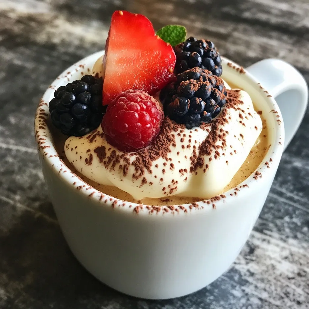 To make your Healthy Greek Yogurt Mug Cake, gather these simple items: - 1/4 cup whole wheat flour - 1/4 teaspoon baking powder - 1/4 teaspoon baking soda - 1 tablespoon honey or maple syrup (adjust to taste) - 1/4 cup plain Greek yogurt - 1 tablespoon unsweetened cocoa powder (optional for a chocolate twist) - 1/2 teaspoon vanilla extract - A pinch of salt These ingredients give you a cake that is moist and tasty. Whole wheat flour adds fiber, while Greek yogurt provides protein. Honey or maple syrup sweetens your cake naturally. You can customize your mug cake. Here are some optional ingredients: - Fresh berries like strawberries or blueberries - A dollop of Greek yogurt for creaminess - Chopped nuts, such as almonds or walnuts, for crunch These extras add flavor and texture. You can mix and match based on what you like or have at home. This mug cake is not just delicious, it is also healthy. Here is a quick look at the nutrition: - Calories: About 180-200 calories (depending on sweetener used) - Protein: Around 10 grams from Greek yogurt - Fiber: About 3 grams from whole wheat flour This treat fits well into a balanced diet. Enjoy it as a snack or a quick dessert without guilt! {{ingredient_image_2}} Start by choosing a microwave-safe mug. Add the following dry ingredients: - 1/4 cup whole wheat flour - 1/4 teaspoon baking powder - 1/4 teaspoon baking soda - 1 tablespoon unsweetened cocoa powder (if you want a chocolate flavor) - A pinch of salt Use a fork or whisk to mix these dry ingredients well. This helps them blend evenly. Make sure there are no lumps left. Next, it’s time to add the wet ingredients. Drizzle in your choice of sweetener: - 1 tablespoon honey or maple syrup (adjust to your taste) Then, add: - 1/4 cup plain Greek yogurt - 1/2 teaspoon vanilla extract Mix these wet ingredients into the dry mix. Stir until you have a thick batter. Keep mixing until everything is smooth. Now, place your mug in the microwave. Set it to high power and cook for about 1 minute. After 1 minute, check the cake. If the center is wet, microwave it for 10-15 more seconds. Don’t cook it for longer than 1 minute and 30 seconds. This prevents the cake from becoming dry. Once it rises and feels firm, carefully take it out. Let it cool for about 1 minute. Now, it’s time to enjoy your healthy mug cake! To get the right texture for your mug cake, use whole wheat flour. It adds a nice density. Mix your dry ingredients well before adding wet ones. This helps avoid lumps. When you combine the wet and dry mixes, stir until smooth. A thick batter is what you want. This ensures a fluffy cake after cooking. You can change how sweet your mug cake is. Use honey or maple syrup based on your taste. Start with one tablespoon, then adjust. If you prefer less sweetness, use less syrup. You can also add fresh berries for a natural sweet touch. They pair well with Greek yogurt. Watch the cooking time closely. Microwave your mug cake for one minute first. After that, check if the center is wet. If it is, cook in short bursts of 10-15 seconds. Stop cooking when the cake feels firm but not dry. The total time should not exceed 1 minute and 30 seconds. This keeps your cake moist and delicious. Pro Tips Choose the Right Mug: Use a mug that is large enough to accommodate the rising cake to prevent overflow in the microwave. Experiment with Flavors: Feel free to add spices like cinnamon or nutmeg for an extra flavor boost in your mug cake. Check Microwave Power: Microwave power levels can vary, so start with 1 minute and adjust the cooking time as needed for your specific microwave. Let It Cool: Allow the mug cake to cool for a minute before digging in; this helps improve the texture and makes it safer to eat! {{image_4}} You can make your mug cake extra rich by adding cocoa powder. Just mix in one tablespoon when you combine the dry ingredients. This will give your cake a nice chocolate flavor without extra fat. You can also adjust the sweetness. Darker chocolate may need more honey or syrup to balance the taste. Fresh fruit can brighten up your mug cake. Berries like strawberries and blueberries add color and flavor. You can fold them into the batter before cooking. You can also use them as a topping. Try adding banana slices or diced apples for extra sweetness. If you like nuts, sprinkle some on top for crunch. To make this recipe vegan, swap Greek yogurt for a plant-based yogurt. Use maple syrup instead of honey for sweetness. For the egg, you can use a flaxseed meal mixture. Just mix one tablespoon of flaxseed meal with two and a half tablespoons of water. Let it sit for a few minutes to thicken. This will help bind your ingredients together and keep the mug cake moist. Store your mug cake in an airtight container. This keeps it fresh and moist. If you have leftovers, let it cool first. Then place it in the container. Keep it in the fridge for up to two days. If you notice any mold, throw it away right away. To reheat your mug cake, place it in the microwave. Heat it for about 10-15 seconds. Check if it is warm enough. If not, heat it in 5-second bursts. Avoid overheating, as it can dry out the cake. You want it soft and moist when you eat it again. You can freeze your mug cake if you want to save it for later. Wrap it tightly in plastic wrap. Then, place it in a freezer-safe bag. It can stay in the freezer for up to a month. When you are ready to eat it, thaw it in the fridge overnight. Reheat it in the microwave as needed. Enjoy the taste of your healthy treat anytime! Yes, you can use non-dairy yogurt. Look for options made from almond, coconut, or soy. These yogurts can replace Greek yogurt in equal amounts. The texture may change slightly, but the cake will still be tasty. Just ensure your non-dairy yogurt is plain and unsweetened for the best results. To make this mug cake gluten-free, simply swap the whole wheat flour for a gluten-free flour blend. Many brands offer these blends that work well in baking. You can also use almond flour or coconut flour as alternatives. Adjust the amount slightly, as these flours can absorb more moisture. For toppings, fresh berries work great. Try strawberries or blueberries to add color and flavor. You can also add a dollop of Greek yogurt on top for creaminess. Chopped nuts like almonds or walnuts give a nice crunch. Feel free to mix and match these toppings for a fun treat! This blog post covered all you need to make a great mug cake. We discussed the main ingredients, step-by-step instructions, and useful tips. We also explored tasty variations and storage tips for your leftovers. Remember, it's easy to adapt the recipe. You can mix in your favorite flavors or adjust the sweetness. I hope you feel excited to try this simple dessert. Enjoy your mug cake adventure!