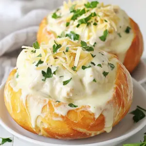 To make Chicken Alfredo Bread Bowls, gather these simple ingredients: - 4 small sourdough bread bowls - 2 cups cooked chicken breast, shredded - 1 cup heavy cream - 1 cup grated Parmesan cheese - 2 tablespoons unsalted butter - 2 cloves garlic, minced - 1 teaspoon Italian seasoning - Salt and pepper to taste - Fresh parsley, chopped (for garnish) You will need a few handy tools to make this dish: - A medium saucepan for the Alfredo sauce - A baking tray for the bread bowls - A sharp knife for slicing the bread tops - A spoon to hollow out the bread - Measuring cups and spoons for accuracy These tools will help make your cooking process smooth and fun. Enjoy your time in the kitchen! {{ingredient_image_2}} First, I preheat my oven to 350&deg;F (175&deg;C). This step is key for a nice finish. Next, I take the sourdough bread bowls and slice off the tops. Be careful not to cut too deep. I use my fingers or a spoon to scoop out the insides. This creates room for the tasty filling. I save the scooped-out bread for later. It&rsquo;s perfect for croutons or breadcrumbs. In a medium saucepan, I melt two tablespoons of unsalted butter over medium heat. Once it&rsquo;s melted, I add two minced garlic cloves. I saut&eacute; the garlic for about one minute. It should smell great and soften up. Next, I slowly pour in one cup of heavy cream. I also add one teaspoon of Italian seasoning. I stir the mix well and let it simmer for about two to three minutes. After that, I gradually add one cup of grated Parmesan cheese. While I stir, I make sure the cheese melts fully. The sauce should get thick and creamy. I taste it and add salt and pepper to my liking. Finally, I fold in two cups of shredded cooked chicken. I stir until every piece is coated in the sauce. I remove the saucepan from heat when it&rsquo;s all combined. Now, I generously spoon the creamy chicken Alfredo into each hollowed bread bowl. I fill them to the brim to make them extra tasty. I place the filled bowls on a baking tray. Then, I pop them into the oven for 15 to 20 minutes. I watch for the bread to turn lightly golden and crispy. The filling should be warm inside. After baking, I carefully take them out of the oven. I let them cool for a few minutes. Just before serving, I sprinkle fresh chopped parsley on top. This adds a nice touch of color and flavor. To make the best Chicken Alfredo, follow these simple tips: - Use fresh ingredients. Fresh garlic and high-quality Parmesan cheese make a big difference. - Keep the heat low when melting the cheese. This prevents it from clumping. - Stir the sauce often. This helps it stay smooth and creamy. - Taste as you cook. Adjust salt and pepper to your liking. Presenting your Chicken Alfredo bread bowls can be fun. Here are some ideas: - Place the bowls on a wooden platter for a rustic look. - Offer extra grated Parmesan on the side for guests to sprinkle. - Use the reserved bread for dipping. Cut it into cubes for easy serving. - Garnish with fresh parsley right before serving for a splash of color. If you have dietary needs, try these substitutions: - For a gluten-free option, use gluten-free bread bowls. - Swap heavy cream for a dairy-free cream to make it vegan. - Use shredded tofu or chickpeas instead of chicken for a plant-based dish. - Adjust the seasonings to suit your taste. Experiment with different herbs or spices. Pro Tips Choose the Right Bread: Opt for small sourdough bread bowls as they have a sturdy crust that holds up well against the creamy filling. Customize Your Filling: Feel free to add vegetables like spinach or mushrooms to the chicken Alfredo mixture for extra flavor and nutrition. Make it Extra Cheesy: For a richer flavor, mix different types of cheese such as mozzarella or gouda with the Parmesan cheese. Serve with a Side: Pair the bread bowls with a fresh salad or garlic bread to complete the meal and enhance the dining experience. {{image_4}} You can make a great vegetarian version of these bread bowls. Just swap the chicken for mushrooms. Use about 2 cups of sliced mushrooms. Cook them in the butter until they become soft. Add them to the creamy sauce just like you do with the chicken. This gives you rich flavors without meat. The mushrooms add a nice, earthy taste that works well with the Alfredo sauce. If you need a gluten-free option, use gluten-free bread instead. Many stores sell gluten-free sourdough bread. Follow the same steps to hollow out the bread. Make sure to check the ingredients to avoid gluten. The creamy sauce stays the same, so everyone can enjoy this dish. Your friends and family will love these tasty bread bowls, even without gluten. You can change the protein in your Alfredo too. For a beef option, use ground beef. Cook it in the butter like you do with garlic. Mix it with the sauce and fill the bread bowls. For shrimp Alfredo, use peeled shrimp instead. Cook the shrimp with the garlic until they turn pink. Then add them to the sauce. Both choices bring a new twist to this recipe. Enjoy experimenting with flavors! After enjoying your Chicken Alfredo bread bowls, you may want to save leftovers. To do this, let the bread bowls cool down. Cover them tightly with plastic wrap or foil. You can also use an airtight container. Store them in the fridge for up to three days. When ready to eat, simply reheat them. Avoid microwaving them directly, as the bread may become soggy. Instead, place them in an oven at 350&deg;F (175&deg;C) for about 10 minutes. This will help keep the bread crisp. If you want to store them longer, freezing is a great option. First, allow the bread bowls to cool completely. Wrap each one in plastic wrap and then in aluminum foil. This double wrap helps to protect them from freezer burn. You can freeze them for up to two months. When you&rsquo;re ready to eat, thaw them in the fridge overnight. Reheat them in the oven at 350&deg;F (175&deg;C) for about 15-20 minutes. This method keeps the filling warm and the bread fresh. Enjoy your creamy Chicken Alfredo even after a few weeks! You can serve a simple green salad with fresh veggies. A side of garlic bread works well too. You might also enjoy roasted vegetables for a healthy touch. For drinks, a light white wine or sparkling water pairs nicely. Don't forget dessert! A fruit salad or a scoop of sorbet makes a great finish. Yes, you can prepare the filling a day before. Store it in the fridge in a sealed container. When you&rsquo;re ready, hollow the bread bowls and fill them. Then, bake as usual. Baking them fresh gives the best taste and texture. You can add extra spices like nutmeg or cayenne for heat. Try different cheeses, like mozzarella or asiago. You could also mix in sun-dried tomatoes or spinach for added taste and color. For a zing, a splash of lemon juice brightens the sauce. Each change lets you create your own unique dish! You learned about making Chicken Alfredo Bread Bowls step by step. We covered the key ingredients and tools needed. I shared tips for cooking, serving, and swapping ingredients. You found ideas for variations like vegetarian and gluten-free options. Finally, we discussed how to store and reheat your creations. Now, you have the tools to create a delicious meal. Enjoy sharing this warm and hearty dish with friends and family. Dive into these recipes and get cooking!