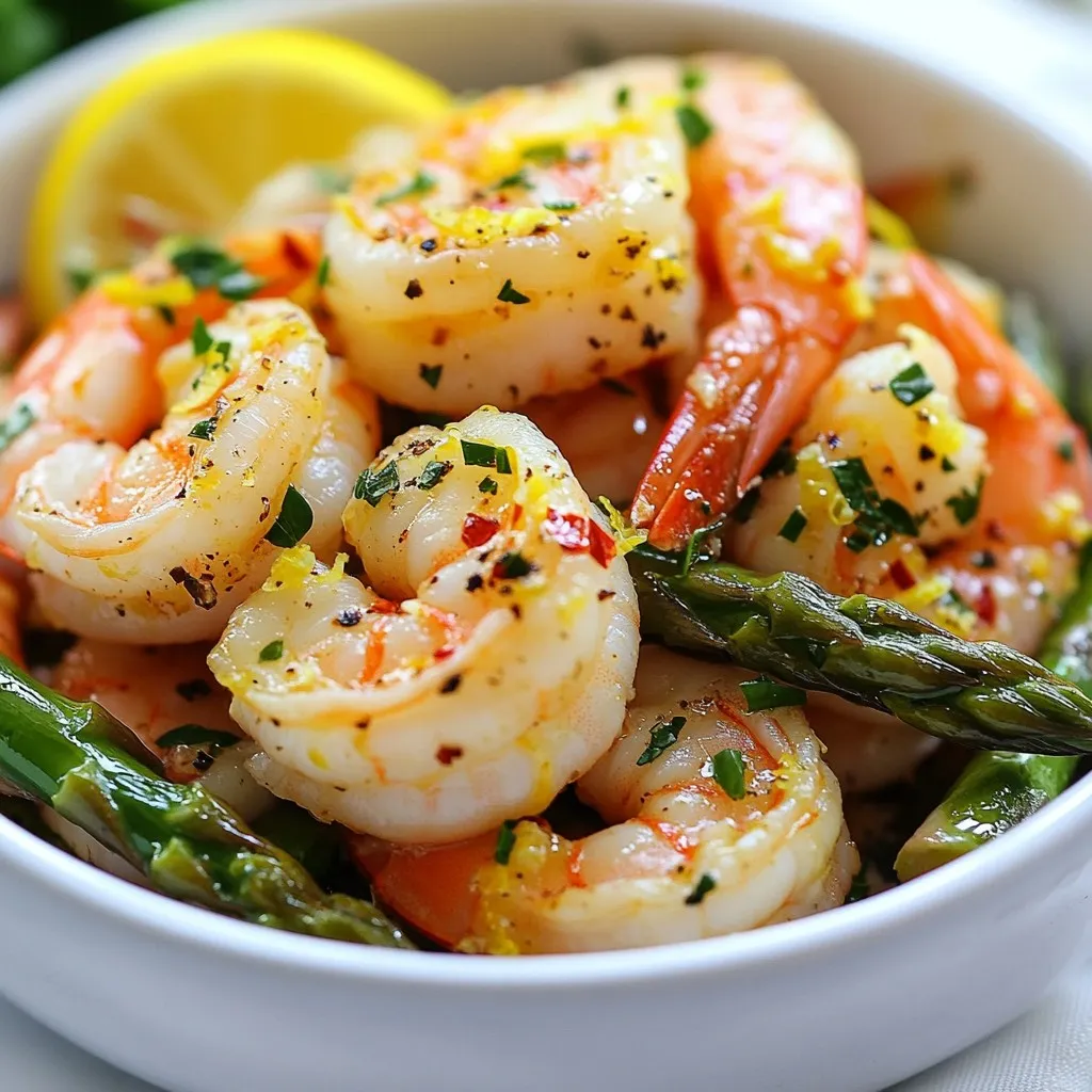 - Fresh shrimp and asparagus specifications: - 1 lb (450g) large shrimp, peeled and deveined - 1 lb (450g) fresh asparagus, trimmed and cut into 2-inch pieces - Spices and seasonings needed: - 4 cloves garlic, finely minced - 1 large lemon, zested and juiced - 3 tablespoons extra virgin olive oil - 1 teaspoon red pepper flakes (adjust based on your spice level) - Salt and freshly ground black pepper to taste - Optional ingredients for enhanced flavor: - 1 tablespoon fresh parsley, finely chopped (for garnish) - ½ teaspoon lemon pepper seasoning (for extra zest) I love using fresh shrimp and asparagus in this dish. Choose shrimp that are plump and firm. For asparagus, look for bright green, straight stalks. These will give you the best flavor and texture. The spices, like garlic and red pepper flakes, really bring the dish to life. If you want more zing, try adding lemon pepper seasoning. It adds a lovely twist! These ingredients blend well together, creating a bright and tasty meal. The lemon adds freshness, while the garlic and red pepper offer depth. This dish is simple yet delicious, perfect for a quick weeknight dinner or a fancy gathering. {{ingredient_image_2}} To start, take your shrimp and place them in a bowl. Add the lemon zest, lemon juice, minced garlic, red pepper flakes, and a pinch of salt and pepper. Mix well to coat the shrimp evenly. Let them sit for about 15 minutes. This marinating time is key. It allows the shrimp to soak up the bright lemon and garlic flavors. While the shrimp marinates, get a large pot of salted water boiling. Once it's bubbling, add the asparagus pieces. Blanch them for about 2-3 minutes. You want them bright green and tender-crisp. After that, use a slotted spoon to transfer the asparagus to a bowl of ice water. This stops the cooking and keeps their color. After a few minutes, drain the asparagus and set it aside. Next, heat a large skillet over medium-high heat. Pour in 2 tablespoons of olive oil. When the oil shimmers, add the marinated shrimp in a single layer. Sauté them for 2-3 minutes on one side. When they turn rosy pink, flip them over. Cook for another 2 minutes until they are opaque and fully cooked. Now, reduce the heat to medium. Gently add the blanched asparagus to the skillet. Drizzle the remaining tablespoon of olive oil over everything. Using a spatula, toss the mixture together. Sauté for an extra 1-2 minutes so the flavors meld well. Give your dish a taste. Adjust the seasoning as needed. Add more salt, pepper, or red pepper flakes to meet your taste. If you like, sprinkle some lemon pepper seasoning for a bright kick. Once everything is heated through, remove the skillet from the heat. Transfer the colorful shrimp and asparagus to a serving platter. Garnish with chopped fresh parsley for a lovely touch. For a nice presentation, serve with lemon wedges on the side. This adds a fresh look and extra zing. When picking shrimp, size matters. I prefer large shrimp for this dish. They cook evenly and stay juicy. Look for shrimp that are firm, translucent, and slightly shiny. Fresh shrimp smell like the ocean, not fishy. If you see black spots or a dull appearance, skip them. Fresh asparagus should be bright green with firm stalks. The tips should be tightly closed. Avoid any that are wilted or dry. To store asparagus, place it upright in a jar with water. Cover the tops with a plastic bag. This helps keep them fresh for a week. If you want a twist, try grilling the shrimp instead of sautéing. It adds a smoky flavor. For meal prep, marinate shrimp and blanch asparagus ahead of time. Store them separately. When you're ready, just sauté them together. This saves time on busy nights! Pro Tips Marinate for Maximum Flavor: Allow the shrimp to marinate for at least 15 minutes to enhance the infusion of lemon and garlic flavors. Blanching Asparagus: Blanching the asparagus before sautéing helps retain its vibrant green color and crisp texture, ensuring a delightful crunch. Perfectly Cooked Shrimp: Cook the shrimp just until they turn opaque and pink; overcooking can lead to a rubbery texture. Garnish for Visual Appeal: Fresh parsley not only adds a pop of color but also a fresh flavor that complements the dish beautifully. {{image_4}} You can change the flavor of this dish easily. Here are some ideas: - Adding Herbs or Spices: Try using fresh basil or dill instead of parsley. These herbs add a unique taste. You can also mix in some thyme or oregano for a different twist. - Substituting Vegetables: If you want to mix things up, swap the asparagus for broccoli or zucchini. Both add great texture and flavor. You can also throw in bell peppers for a pop of color. This dish can fit into many diets with some tweaks. Here are a few adjustments: - Making It Gluten-Free: This recipe is naturally gluten-free. Just ensure that any added sauces or seasonings are gluten-free too. - Low-Calorie Alterations: To cut calories, use less olive oil or skip it entirely. You can also serve it over a bed of spinach instead of pasta or rice for a lighter option. What you serve with this dish can make it even better. Consider these ideas: - Ideas for Accompanying Dishes: Serve the shrimp and asparagus with quinoa or brown rice. These grains soak up the sauce well. You can also pair it with a fresh salad for a crunchy side. - Creative Uses for Leftovers: If you have leftovers, use them in a wrap or a sandwich. You can also toss them into a pasta dish or an omelet for a quick meal. To keep your lemon garlic shrimp and asparagus fresh, place leftovers in an airtight container. This helps prevent moisture loss and keeps flavors intact. You can store this dish in the fridge for up to three days. Just make sure it cools down before sealing it. If you want to enjoy it later, don’t forget to label your container with the date. If you want to save this dish for later, freezing is a good option. First, let the shrimp and asparagus cool completely. Then, transfer them to a freezer-safe bag or container. Remove as much air as possible before sealing. This will help prevent freezer burn. You can freeze it for up to two months. When you’re ready to eat, thaw it in the fridge overnight. Reheat it gently in a skillet over low heat until warm. For meal prepping, I recommend batch cooking the shrimp and asparagus separately. This way, you can mix and match them with other sides during the week. Store the shrimp in one container and the asparagus in another. They’ll stay fresh longer. If you prefer to combine them, just make sure to eat them within three days for the best flavor and texture. To add heat, you can increase the red pepper flakes. Start with one teaspoon and adjust to your taste. You could also add sliced fresh chilies or a dash of hot sauce. Both options will give your dish a nice kick. Yes, you can use frozen shrimp. Just make sure to thaw them first. Place the shrimp in cold water for about 15 minutes. This will help them cook evenly. Pat them dry before marinating to avoid extra moisture. You can add bell peppers, zucchini, or cherry tomatoes. These vegetables will add color and flavor. Just cut them to similar sizes for even cooking. Feel free to experiment with your favorites! Absolutely! You can replace shrimp with firm tofu or chickpeas. For the asparagus, try broccoli or snap peas. Season the tofu or chickpeas like you would the shrimp for great flavor. This dish pairs well with rice or quinoa. You could also serve it with crusty bread or a fresh salad. These sides will balance the meal and add variety to your plate. This blog post shared a simple and tasty recipe for Lemon Garlic Shrimp and Asparagus. We covered key ingredients and marinating steps. You learned about cooking methods and important tips for best flavors. We discussed variations for diet needs, storage options, and meal prep. In conclusion, this dish is easy to make and full of flavor. Enjoy cooking and sharing it with others!