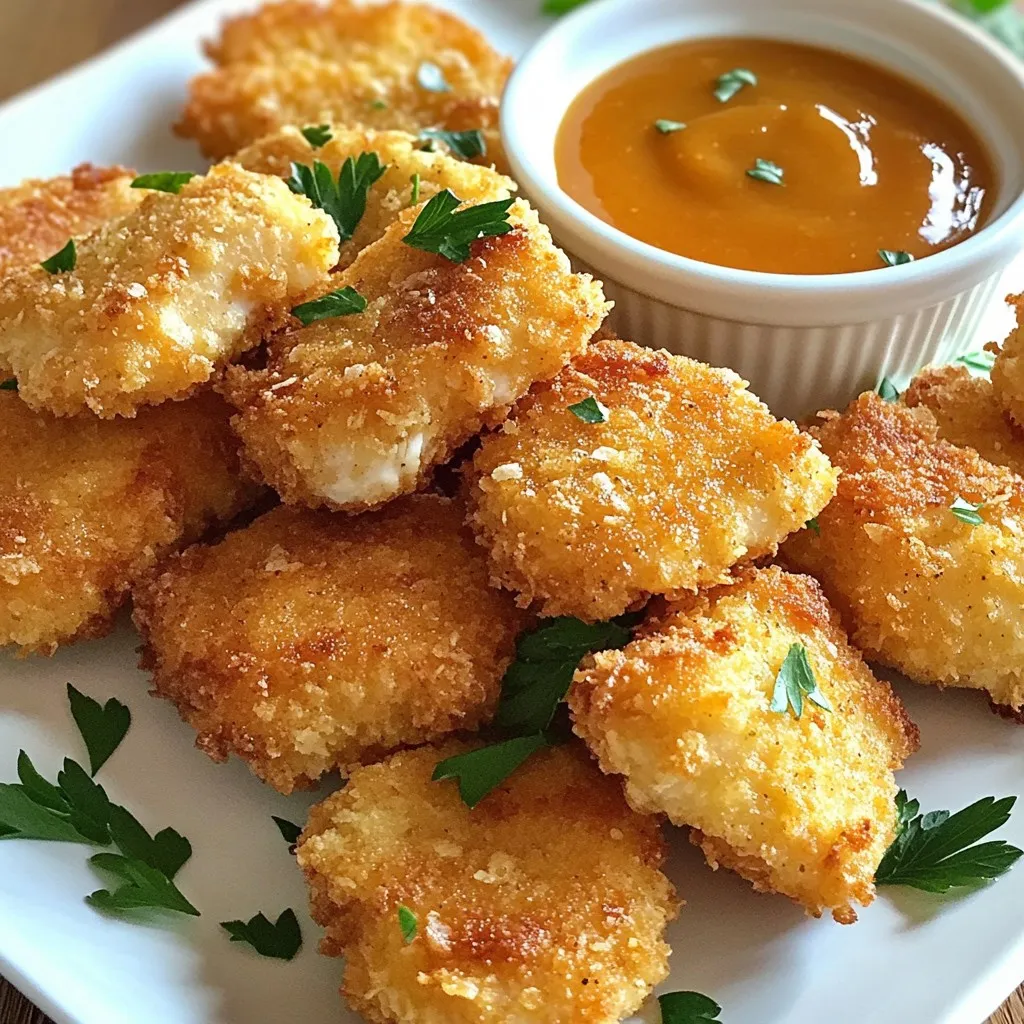 To make these tasty nuggets, you need just a few simple ingredients: - 1 lb chicken breast, cut into bite-sized pieces - 1 cup buttermilk (or a dairy-free alternative if preferred) - 1 cup gluten-free all-purpose flour - 1/2 cup cornstarch - 2 teaspoons paprika - 1 teaspoon garlic powder - 1 teaspoon onion powder - 1 teaspoon black pepper - 1 teaspoon sea salt - 2 large eggs, beaten - Oil for frying (vegetable or canola) These ingredients create a crispy and flavorful coating for your chicken. The buttermilk tenderizes the meat and adds moisture. The flour and cornstarch mix forms the crunchy outside. If you need to make changes, here are some great options: - Dairy-free: Use almond milk or oat milk instead of buttermilk. - Flour alternatives: Try almond flour or rice flour for gluten-free options. These alternatives still work well and keep your nuggets delicious. You can mix and match based on your needs. Using fresh ingredients is key to great flavor. Fresh chicken tastes better and cooks more evenly. Fresh spices, like paprika and garlic powder, add more taste to the coating. Always check the dates on your ingredients. Fresh items enhance the overall dish. With quality ingredients, you can make nuggets that everyone will love. {{ingredient_image_2}} Start by cutting your chicken breast into bite-sized pieces. Place these pieces in a mixing bowl. Pour 1 cup of buttermilk over the chicken. Make sure each piece is well-coated. Cover the bowl with plastic wrap. Let it marinate in the refrigerator for at least 1 hour. For the best flavor, marinate overnight. This step keeps the chicken tender and juicy. Now, grab another mixing bowl. In it, combine 1 cup of gluten-free all-purpose flour and 1/2 cup of cornstarch. Add 2 teaspoons of paprika, 1 teaspoon of garlic powder, 1 teaspoon of onion powder, 1 teaspoon of black pepper, and 1 teaspoon of sea salt. Whisk all the dry ingredients together until they blend well. This mixture will give your nuggets a tasty, crunchy crust. Heat your oil in a deep frying pan or pot. Aim for medium heat. The oil needs to be about 350°F (175°C) for frying. While the oil heats, take the marinated chicken out. Let any extra buttermilk drip off. Dip each piece into the beaten eggs, then roll it in the flour mixture. Make sure each nugget is fully coated. Carefully place the nuggets into the hot oil. Fry them in small batches to avoid crowding. Cook for about 3-4 minutes on each side. Look for a golden brown color and check that the inside reaches 165°F (75°C). Once cooked, use a slotted spoon to transfer the nuggets to a paper towel-lined plate. This step helps them stay crispy by draining excess oil. Repeat this process for the remaining chicken pieces until all are cooked. Enjoy your crispy, homemade gluten-free nuggets! To get that perfect crunch, start with a good marination. Soak the chicken pieces in buttermilk for at least one hour. This step makes the chicken juicy and flavorful. Next, use a mix of gluten-free flour and cornstarch for the coating. This combo gives the nuggets a nice, crisp finish. When frying, make sure the oil is hot enough, around 350°F (175°C). Fry the nuggets in batches to avoid steaming. Too many nuggets at once can make them soggy. Aim for a golden brown color, which shows they are done. If you are cooking for someone with a gluten allergy, take care with your kitchen tools. Use separate cutting boards and utensils for gluten-free ingredients. Clean all surfaces before starting. Even small crumbs can cause issues. Label your gluten-free flour and other ingredients clearly to avoid mix-ups. This attention to detail keeps your cooking safe for everyone. Choosing the right oil is key for your nuggets. Vegetable or canola oil works well because they have a high smoke point. This means they can heat up without burning. Avoid olive oil for frying, as it can burn easily. Fill your frying pan with enough oil to cover the nuggets. This ensures even cooking. After frying, let the nuggets rest on a paper towel to absorb excess oil. This keeps them crispy and delicious! Pro Tips Marinate for Maximum Flavor: Allowing the chicken to marinate in buttermilk overnight enhances the flavor and tenderness, resulting in juicier nuggets. Temperature Check: Use a kitchen thermometer to ensure the oil reaches 350°F (175°C) before frying. This helps achieve that perfect crispy texture. Batch Frying: Fry the nuggets in small batches to maintain oil temperature, ensuring even cooking and preventing sogginess. Drain Properly: After frying, let the nuggets rest on a paper towel-lined plate to absorb excess oil, preserving their crispiness. {{image_4}} To make your nuggets spicy, add more seasoning. Mix in cayenne pepper or chili powder. Start with 1/4 teaspoon and adjust to your taste. This gives a nice kick to the classic recipe. The heat balances well with the crispy texture. You can also add hot sauce to the buttermilk for extra flavor. Let the chicken soak longer for a bolder taste. Using an air fryer is a great way to make healthier nuggets. You get the same crispy texture with less oil. Preheat your air fryer to 400°F. After coating your chicken pieces, place them in a single layer in the basket. Cook for about 10-12 minutes. Flip halfway through for even cooking. Check to ensure they reach 165°F internally. This method cuts down on fat while keeping flavor high. Dipping sauces can enhance your nugget experience. Honey mustard is a classic choice, easy to make with just mustard and honey. For a sweet twist, try BBQ sauce. You can mix ketchup with a bit of hot sauce for a tangy dip. If you want something creamy, ranch dressing works well too. Each sauce pairs perfectly with the crispy nuggets. Try different sauces to find your favorite! To store leftover nuggets, let them cool first. Place them in an airtight container. Seal the container tightly to keep the nuggets fresh. Store them in the fridge for up to three days. This method keeps their flavor intact and prevents them from drying out. When you're ready to enjoy the leftovers, reheating is key. Use an oven or an air fryer for the best results. Preheat the oven to 375°F (190°C). Spread the nuggets on a baking sheet and heat for about 10-15 minutes. This method helps maintain their crispy texture. You can also use an air fryer at 350°F (175°C) for about 5 minutes. Avoid using a microwave, as it can make them soggy. Freezing is a great option for future meals. Allow the nuggets to cool completely. Place them on a baking sheet in a single layer. Freeze them for about an hour until they are firm. After that, transfer them to a freezer bag. Remove as much air as possible to prevent freezer burn. They can stay fresh for up to three months. When you're ready to eat, cook them directly from frozen. Use the oven or air fryer, just like with the reheating tips. This way, you’ll have crispy nuggets ready whenever you want! No, Chick-fil-A does not offer gluten-free nuggets. However, you can make your own at home. This recipe gives you a tasty and safe option. You can enjoy the same crispy flavor without gluten! Yes, these nuggets are perfect for people with gluten intolerance. They use gluten-free flour and cornstarch. This makes them safe for those avoiding gluten. Always check your ingredients to ensure they are gluten-free. The nutritional details can vary based on the cooking method and portion size. A typical serving of four nuggets has about: - Calories: 300 - Protein: 25g - Carbohydrates: 20g - Fat: 15g These nuggets offer a good source of protein. They may be higher in calories due to frying. Consider using an air fryer for a healthier option. You now know how to make tasty gluten-free Chick-fil-A nuggets. I covered the needed ingredients, step-by-step cooking instructions, and tips for the best texture. Don't forget about variations like the spicy option or air fryer method, and how to store extras for later. You can enjoy these nuggets that fit your diet without worry. With these clear steps, you can impress your friends and family with a fun, gluten-free meal. Enjoy your cooking journey!