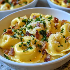 - 1 package of cheese tortellini (approximately 9 oz) - 4 slices of turkey bacon, finely chopped - 2 large eggs, at room temperature - 1 cup grated Parmigiano-Reggiano cheese, plus extra for serving The main ingredients bring flavor and texture to Tortellini Carbonara. Cheese tortellini gives a cheesy and soft bite. Turkey bacon adds a nice crunch and a smoky flavor. Eggs act as a creamy base for the sauce. Parmigiano-Reggiano cheese adds a rich, nutty taste. - 1 clove garlic, finely minced - 1 tablespoon extra-virgin olive oil - Salt and freshly ground black pepper, to taste - Fresh parsley, finely chopped (for garnish) Seasoning enhances the whole dish. Garlic gives a lovely aroma and flavor. Olive oil helps to crisp the turkey bacon. Salt and pepper add needed seasoning. Fresh parsley adds color and a fresh taste. These simple garnishes complete the dish and make it even more appealing. {{ingredient_image_2}} First, fill a large pot with water and bring it to a boil. Add a pinch of salt to the water. Next, toss in the cheese tortellini. Cook according to the package instructions, usually about 3 to 5 minutes. Before draining, remember to reserve &frac12; cup of the starchy pasta water. This water helps make the sauce creamy later. After that, drain the tortellini and set it aside. In a big skillet, heat one tablespoon of extra-virgin olive oil over medium heat. Add the finely chopped turkey bacon to the skillet. Cook the bacon until it becomes crispy and golden, about 5 to 7 minutes. In the last minute of cooking, stir in the minced garlic. Cook the garlic just until it smells nice, but don't let it burn. In a mixing bowl, crack two large eggs and add one cup of grated Parmigiano-Reggiano cheese. Whisk them together until smooth. Season the mixture with salt and freshly ground black pepper to taste. This mixture adds richness to your dish. Now, add the drained tortellini to the skillet with the crispy bacon and garlic. Gently toss these ingredients together for about one minute. This lets the pasta soak up those delicious flavors. Remove the skillet from heat. Quickly pour the egg and cheese mixture over the warm tortellini. Toss everything vigorously to create a rich, creamy sauce. If the sauce feels too thick, add the reserved pasta water one tablespoon at a time, until it reaches your desired creaminess. Plate your Tortellini Carbonara and finish it off with a sprinkle of finely chopped parsley and extra grated Parmigiano-Reggiano if you like. Enjoy this delightful dish warm and watch it disappear! To achieve the right creaminess in your sauce, focus on timing. Remove the skillet from heat before adding the egg and cheese mixture. This helps the sauce stay smooth. If you add the mixture while on heat, the eggs may scramble. Toss the tortellini quickly to coat them well. If the sauce feels too thick, add reserved pasta water. This water helps loosen the sauce and adds flavor. If you're looking for alternative proteins, try pancetta or regular bacon. Both will add a rich flavor. For those who prefer a meat-free dish, use mushrooms. They provide a nice texture and taste. As for cheese, if you can&rsquo;t find Parmigiano-Reggiano, Pecorino Romano works well. It gives a slightly different flavor but remains delicious. For an elegant touch, serve the tortellini in shallow bowls. This style makes the dish look fancy. A light drizzle of olive oil adds shine and flavor. Don't forget to sprinkle some cracked black pepper on top. Fresh parsley also brightens the plate and adds color. This simple garnish makes your meal even more inviting. Pro Tips Use Fresh Eggs: Fresh eggs will create a creamier sauce and enhance the overall flavor. If possible, opt for farm-fresh eggs for the best results. Control the Heat: Make sure to remove the skillet from heat before adding the egg mixture. This prevents the eggs from scrambling and helps achieve a silky sauce. Reserve Pasta Water: Always save some pasta water before draining. It&rsquo;s a great way to adjust the thickness of your sauce without compromising flavor. Garnish Right Before Serving: Add parsley and extra cheese just before serving for a fresh and vibrant presentation that adds a burst of flavor. {{image_4}} You can make a vegetarian version of Tortellini Carbonara. Instead of using bacon, you can substitute it with mushrooms. Mushrooms add a rich, earthy flavor. Try using cremini or shiitake for added depth. Adding vegetables can bring color and nutrients. Think about bell peppers, spinach, or peas. These veggies not only brighten the dish but also add texture. Saut&eacute; them with garlic for the best flavor. If you enjoy heat, consider making a spicy Tortellini Carbonara. Adding red pepper flakes can give the dish a kick. Just a pinch can transform the flavor without overpowering it. Using spicy sausage is another great option. Choose a sausage with a good amount of spice. This variation adds a bold taste and a hearty bite. For a lighter take on this dish, swap turkey bacon for turkey or chicken. This small change cuts down on fat while keeping flavor. You can also reduce the cheese and eggs to lighten the dish. Using less cheese still lets you enjoy the creamy texture. Try adding a splash of vegetable broth for extra moisture. This keeps the dish satisfying without being heavy. To keep your Tortellini Carbonara fresh, cool it down fast. After serving, let it sit for about 30 minutes. Then, pack it in an airtight container. Make sure to store it in the fridge. It will last for up to three days. If you want to keep it longer, consider freezing. When reheating, you want to keep that creamy texture. The best way is to use a skillet. Add a splash of water or broth to the pan. Heat it over low heat. Stir often to warm it evenly. This method helps avoid a dry dish. Yes, you can freeze Tortellini Carbonara! To do this, let it cool completely first. Then, place it in a freezer-safe container. It will last for up to two months. When you are ready to eat, thaw it in the fridge overnight. Reheat it in a skillet with a little water or broth. This keeps the sauce creamy and delicious. Tortellini Carbonara lasts about 3 days in the fridge. To store it well, place it in an airtight container. This keeps it fresh. When you&rsquo;re ready to eat, just reheat it on the stove or in the microwave. Make sure to add a splash of water to keep it creamy. If it looks dry, that&rsquo;s a good tip! Yes, you can use regular bacon. It gives a richer flavor and a nice crunch. The texture may be a bit different. Turkey bacon is leaner and has less fat. If you use regular bacon, you might not need as much salt. This change can affect the final taste of your dish. Tortellini Carbonara has some healthy aspects. It has protein from eggs and bacon. However, it can be high in fat and calories. To make it healthier, you can use whole wheat tortellini. You can also reduce cheese and use less bacon. Adding veggies like spinach or peas boosts nutrients too. This way, you still enjoy a creamy dish, but with added health benefits. This blog post covered how to make a simple tortellini carbonara. You learned about the main ingredients, from cheese tortellini to turkey bacon. We went through each step to cook and combine them into a creamy dish. I shared tips to perfect your sauce and suggested tasty variations. Remember, you can always store leftovers and reheat them for later. Enjoy mastering this recipe for flavorful meals!