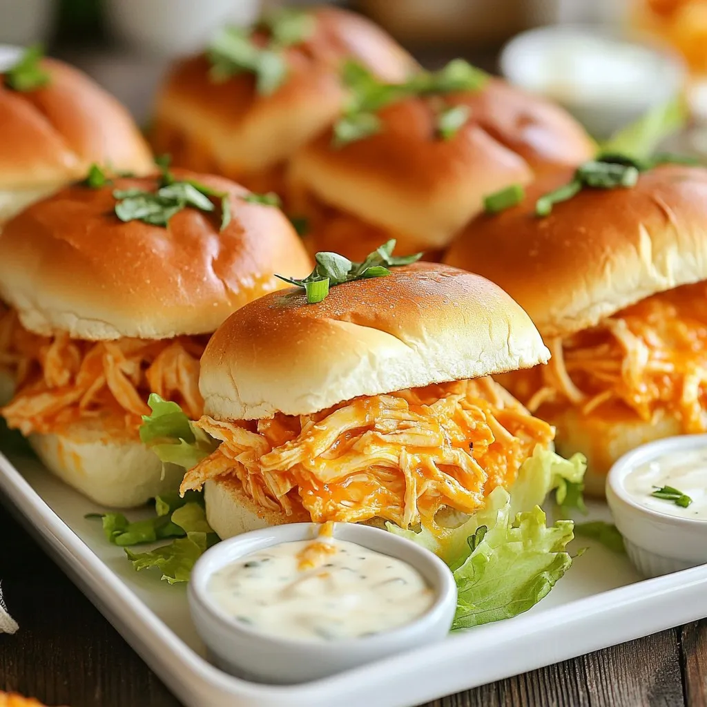 - 2 cups shredded cooked chicken - 1/2 cup buffalo sauce - 1/4 cup ranch dressing - 1/2 cup celery, finely chopped - 1/2 cup shredded carrot - 8 slider buns - 4 slices of pepper jack cheese (optional) - Fresh lettuce leaves for garnish - Olive oil for brushing the buns To make these sliders, start with shredded cooked chicken. You can use leftover rotisserie chicken or boil your own chicken. The buffalo sauce gives the chicken its spicy flavor. Adjust the amount to suit your taste. The ranch dressing adds a creamy touch and balances the heat. Celery and carrots add crunch and freshness. For the buns, choose soft slider buns for the best texture. - Pickles for added tang - Sliced jalapeños for more heat - Chopped green onions for freshness Adding pickles brings a nice tangy twist. If you want more spice, try sliced jalapeños. Chopped green onions also add a fresh taste and pop of color. - Whole wheat slider buns for a healthier option - Non-dairy ranch dressing for a vegan twist - Shredded cabbage instead of celery for crunch You can swap slider buns for whole wheat ones to boost fiber. If you need a vegan option, use non-dairy ranch dressing. Shredded cabbage can replace celery, giving a new texture while still being crunchy. {{ingredient_image_2}} First, grab a large mixing bowl. Add 2 cups of shredded cooked chicken. Pour in 1/2 cup of buffalo sauce. Stir it well. Make sure every piece of chicken gets coated. Taste it to check the spice level. If you want it spicier, add more sauce. Next, add 1/4 cup of ranch dressing. This adds creaminess. Then, toss in 1/2 cup of finely chopped celery and 1/2 cup of shredded carrot. Mix everything until it’s combined. The colors will be nice, and the flavors will blend well. Now, let’s prepare the slider buns. Preheat a non-stick skillet over medium heat. While it heats, slice the 8 slider buns in half. Brush the cut sides with a little olive oil. This helps them toast nicely. Place the buns cut side down in the skillet. Keep an eye on them. Toast until they are golden brown and crispy. This step adds a great crunch to the sliders. With the buns ready, it’s time to assemble. Take the bottom halves of the toasted buns. Spoon a generous amount of the buffalo chicken mixture onto each one. If you like extra heat, place a slice of pepper jack cheese on top. Let it melt for about 1-2 minutes on low heat. This gives a nice gooey texture. Finally, place the top halves of the buns over the chicken. Your sliders are now complete! Serve them warm with fresh lettuce for crunch. Enjoy the burst of flavors in each bite! To adjust the spice level, start with less buffalo sauce. You can always add more later. Mix the sauce with the shredded chicken well. Taste the mixture to see if it's spicy enough for you. If you want more heat, add small amounts of buffalo sauce. Remember, you can control the heat to fit your taste. Toasting buns adds flavor and crunch. Preheat your skillet to medium heat for even toasting. Slice the buns in half, then brush the cut sides with olive oil. Place the buns cut side down in the skillet. Toast them until golden brown, about 2-3 minutes. Keep an eye on them so they do not burn. Serve your sliders warm for the best taste. Arrange them on a platter for a fun display. Add fresh lettuce leaves for color and crunch. Consider serving extra buffalo sauce and ranch dressing on the side. This lets guests customize their sliders as they like. Enjoy these tasty snacks at parties or game days! Pro Tips Adjust the Spice Level: If you prefer a milder flavor, start with less buffalo sauce and gradually increase it until you find your perfect balance. Toast for Extra Crunch: Make sure to toast the buns until they are golden brown; this adds a delightful crunch and prevents them from becoming soggy. Experiment with Toppings: Feel free to add additional toppings like sliced jalapeños or avocado for an extra layer of flavor and texture. Make Ahead: Prepare the buffalo chicken mixture in advance and store it in the fridge. When ready to serve, just toast the buns and assemble for quick sliders. {{image_4}} You can change up the buns for your sliders. Here are some great options: - Whole Wheat Buns: These add a nutty flavor. - Pretzel Buns: These give a salty kick. - Gluten-Free Buns: Perfect for those with allergies. - Mini Croissants: For a flaky, buttery twist. Each type of bun brings its own taste and texture. Choose one that fits your style! Buffalo sauce is classic, but you can try other sauces too. Here are some ideas: - BBQ Sauce: For a sweet and smoky flavor. - Sriracha: If you want more heat. - Honey Mustard: For a tangy twist. - Blue Cheese Dressing: If you love bold flavors. Mix and match to find your favorite combination! Toppings can make your sliders even better. Think about adding: - Pickles: For a crunch and tang. - Avocado: For creaminess and healthy fats. - Chopped Green Onions: They add freshness. - Coleslaw: For crunch and extra flavor. Feel free to get creative with your toppings. Your sliders will shine with your unique touch! To store leftover Buffalo chicken sliders, place them in an airtight container. Keep the sliders in the fridge for up to three days. It is best to separate the chicken from the buns. This keeps the buns from getting soggy. If you want to keep them fresh longer, wrap each slider in plastic wrap. When you are ready to enjoy the sliders again, use the oven for reheating. Preheat your oven to 350°F. Place the sliders on a baking sheet. Cover them with foil to keep them moist. Heat them for about 10-15 minutes. If you like crispy buns, remove the foil for the last few minutes. You can also use a microwave, but the buns may get soft. If you want to freeze the sliders, wrap each one tightly in foil or plastic wrap. Place the wrapped sliders in a freezer bag. They can last for up to three months in the freezer. When you’re ready to eat them, thaw in the fridge overnight. Reheat them in the oven for the best taste and texture. You can prepare the buffalo chicken mixture a day in advance. Store it in an airtight container in the fridge. When you're ready to serve, toast your buns and assemble the sliders. This way, you save time and enjoy fresh sliders with less hassle. Absolutely! You can use shredded turkey or even jackfruit for a plant-based option. Both will soak up the buffalo sauce well. They offer a similar texture and taste that will please your guests. Buffalo chicken sliders go great with several sides. Here are some ideas: - Celery sticks with ranch dip - Crispy potato wedges - Fresh veggie platter - Sweet potato fries These sides balance the heat and add freshness to your meal. Buffalo Chicken Sliders are fun and tasty. We covered key ingredients and shared easy steps to make them. I gave useful tips for spice levels and bun toasting. You can explore tasty variations and find smart storage tips. These sliders are great for any event. Remember to keep things simple and enjoy making this dish your own!