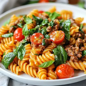 - 8 oz whole wheat pasta - 1 lb lean ground beef - 1 cup low-fat cottage cheese - 1/2 cup Greek yogurt - 1 cup chopped spinach - 1/2 cup halved cherry tomatoes - 2 cloves garlic, minced - 1 tablespoon olive oil - 1 teaspoon Italian seasoning - Salt and pepper to taste - Fresh basil for garnish When I make this recipe, I love using whole wheat pasta. It adds fiber and makes the meal filling. Lean ground beef brings great flavor and protein. The cottage cheese and Greek yogurt create a creamy sauce that feels rich but is light. Next, I add fresh veggies. Spinach adds color, while cherry tomatoes give a sweet burst. Garlic adds an amazing aroma. I use olive oil to saut&eacute; the garlic. The Italian seasoning ties all the flavors together. Salt and pepper round out the taste. For garnish, I like to use fresh basil. It adds a lovely touch and a fresh flavor to the dish. Each ingredient plays an important role in making this high protein creamy beef pasta a delight. {{ingredient_image_2}} - Bring a large pot of salted water to a boil. - Add 8 oz of whole wheat pasta. - Cook the pasta until it is al dente, about 8-10 minutes. - Drain the pasta and set it aside to keep warm. - Heat 1 tablespoon of olive oil in a large skillet over medium heat. - Add 2 minced garlic cloves and saut&eacute; for 30 seconds. - Add 1 lb of lean ground beef to the skillet. - Use a spatula to break up the meat as it cooks. - Cook for 5-7 minutes until the beef is browned. - Carefully drain any excess fat from the skillet. - Lower the heat and add 1 cup of low-fat cottage cheese. - Also, add 1/2 cup of Greek yogurt to the skillet. - Stir well to combine and melt into a creamy sauce. - Fold in 1 cup of chopped spinach and 1/2 cup of halved cherry tomatoes. - Cook for another 3-4 minutes until the spinach wilts. - Sprinkle in 1 teaspoon of Italian seasoning, salt, and pepper. - Stir well to coat all ingredients in the sauce. - Carefully add the cooked pasta into the skillet. - Toss gently to mix everything until well combined. - Remove from heat and portion into serving dishes. - Garnish with fresh basil for a nice touch. To boost protein in your creamy beef pasta, try adding: - Chickpeas: They add protein and fiber. - Quinoa: This grain is packed with protein. - Tofu: Use firm tofu for a vegetarian option. - Additional Greek yogurt: For extra creaminess and protein. For balanced meals, aim for: - A serving of protein around 4-6 ounces. - A cup of pasta per serving. - A half-cup of veggies to round out your dish. To avoid burning garlic, remember these tips: - Cook it on medium heat. - Stir it often while it cooks. - Add garlic after the oil is hot, but before the beef. For a perfect creamy sauce, follow these steps: - Always mix dairy on low heat. - Stir gently to prevent lumps. - Add pasta while the sauce is warm for better coating. Pair your pasta with these sides: - A crisp green salad for freshness. - Garlic bread for a classic touch. - Steamed broccoli for added nutrients. For beverages, consider: - A light white wine, like Pinot Grigio. - Iced tea for a refreshing non-alcoholic choice. For plating, use these best practices: - Serve in wide, shallow bowls. - Garnish with fresh basil for color. - Drizzle a bit of olive oil for shine. Pro Tips Use Fresh Ingredients: Fresh spinach and ripe cherry tomatoes will enhance the flavor and nutrition of your dish, making it more vibrant and delicious. Customize Your Protein: Feel free to substitute the lean ground beef with ground turkey, chicken, or even a plant-based protein for a different flavor profile or dietary preference. Add More Veggies: Incorporating additional vegetables such as bell peppers, zucchini, or mushrooms not only boosts the nutritional value but also adds texture and flavor to your pasta. Perfect the Creaminess: Adjust the amount of cottage cheese and Greek yogurt to achieve your desired creaminess. For a richer taste, consider adding a splash of low-fat cream or milk. {{image_4}} You can swap out the whole wheat pasta for gluten-free or high-protein options. Brands now offer great choices that taste amazing. For a fun twist, try spiralized vegetables like zucchini or carrots. They add crunch and color while keeping it fresh and light. If you want to change the meat, ground turkey is a lean option. It works well with the creamy sauce. For a plant-based twist, use lentils or black beans. Both add protein and texture. You can also mix in cooked chicken for variety. To give your dish a unique flair, add fresh herbs like parsley or thyme. You can also use spices like paprika for extra warmth. Want more veggies? Toss in bell peppers or mushrooms to boost nutrition. If you love cheese, sprinkle in some Parmesan or mozzarella for a richer taste. To store your leftovers, let the pasta cool first. Place it in an airtight container. I recommend using glass or BPA-free plastic containers. This keeps the pasta fresh. Store in the fridge for up to three days. You can freeze this dish for longer storage. Divide the pasta into single servings. Use freezer-safe containers or bags. Remove as much air as possible to prevent freezer burn. It can last up to three months in the freezer. When you are ready to eat, thaw it overnight in the fridge. Reheat in a skillet over low heat. Add a splash of water to help it warm evenly. To keep the texture and flavor, reheat gently. Avoid high heat, as it can dry out the dish. Stir often to warm it evenly. If you see any signs of spoilage, like an off smell or mold, throw it away. This way, you ensure a tasty meal every time! High Protein Creamy Beef Pasta can last about 3 to 5 days in the fridge. Store it in an airtight container for best results. Check for signs of spoilage, like an off smell or unusual texture. If it looks or smells bad, throw it away. Yes, you can make this dish dairy-free! Use silken tofu or a dairy-free cream cheese instead of cottage cheese. Swap Greek yogurt for a dairy-free yogurt option. You may need to add a bit of plant-based milk to keep it creamy. Absolutely! This recipe is great for meal prep. Cook a big batch and portion it out. Store it in the fridge or freezer. When ready to eat, just reheat in the microwave or on the stove for a quick meal. Consider serving your pasta with a fresh side salad or steamed vegetables. Garlic bread pairs nicely too. For drinks, a light white wine or sparkling water works well. These options balance the meal and make it even more enjoyable! This recipe blends whole wheat pasta, lean beef, and creamy sauces. It offers nutrition with flavor. You can customize it with different proteins and vegetables for variety. Store leftovers properly to keep them fresh. The tips and variations make meal prep easy. With this dish, you enjoy a satisfying meal that&rsquo;s both healthy and delicious. Try it out, and make it your own!