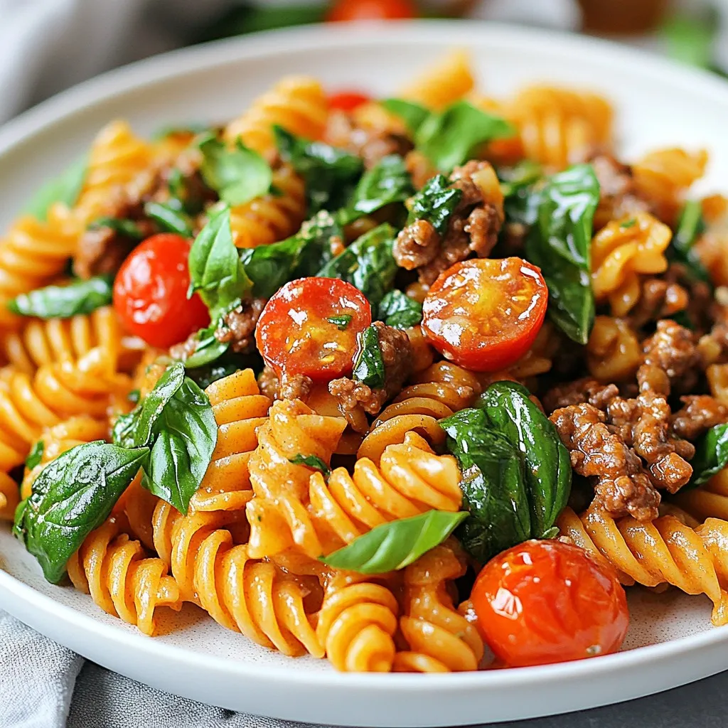 - 8 oz whole wheat pasta - 1 lb lean ground beef - 1 cup low-fat cottage cheese - 1/2 cup Greek yogurt - 1 cup chopped spinach - 1/2 cup halved cherry tomatoes - 2 cloves garlic, minced - 1 tablespoon olive oil - 1 teaspoon Italian seasoning - Salt and pepper to taste - Fresh basil for garnish When I make this recipe, I love using whole wheat pasta. It adds fiber and makes the meal filling. Lean ground beef brings great flavor and protein. The cottage cheese and Greek yogurt create a creamy sauce that feels rich but is light. Next, I add fresh veggies. Spinach adds color, while cherry tomatoes give a sweet burst. Garlic adds an amazing aroma. I use olive oil to sauté the garlic. The Italian seasoning ties all the flavors together. Salt and pepper round out the taste. For garnish, I like to use fresh basil. It adds a lovely touch and a fresh flavor to the dish. Each ingredient plays an important role in making this high protein creamy beef pasta a delight. {{ingredient_image_2}} - Bring a large pot of salted water to a boil. - Add 8 oz of whole wheat pasta. - Cook the pasta until it is al dente, about 8-10 minutes. - Drain the pasta and set it aside to keep warm. - Heat 1 tablespoon of olive oil in a large skillet over medium heat. - Add 2 minced garlic cloves and sauté for 30 seconds. - Add 1 lb of lean ground beef to the skillet. - Use a spatula to break up the meat as it cooks. - Cook for 5-7 minutes until the beef is browned. - Carefully drain any excess fat from the skillet. - Lower the heat and add 1 cup of low-fat cottage cheese. - Also, add 1/2 cup of Greek yogurt to the skillet. - Stir well to combine and melt into a creamy sauce. - Fold in 1 cup of chopped spinach and 1/2 cup of halved cherry tomatoes. - Cook for another 3-4 minutes until the spinach wilts. - Sprinkle in 1 teaspoon of Italian seasoning, salt, and pepper. - Stir well to coat all ingredients in the sauce. - Carefully add the cooked pasta into the skillet. - Toss gently to mix everything until well combined. - Remove from heat and portion into serving dishes. - Garnish with fresh basil for a nice touch. To boost protein in your creamy beef pasta, try adding: - Chickpeas: They add protein and fiber. - Quinoa: This grain is packed with protein. - Tofu: Use firm tofu for a vegetarian option. - Additional Greek yogurt: For extra creaminess and protein. For balanced meals, aim for: - A serving of protein around 4-6 ounces. - A cup of pasta per serving. - A half-cup of veggies to round out your dish. To avoid burning garlic, remember these tips: - Cook it on medium heat. - Stir it often while it cooks. - Add garlic after the oil is hot, but before the beef. For a perfect creamy sauce, follow these steps: - Always mix dairy on low heat. - Stir gently to prevent lumps. - Add pasta while the sauce is warm for better coating. Pair your pasta with these sides: - A crisp green salad for freshness. - Garlic bread for a classic touch. - Steamed broccoli for added nutrients. For beverages, consider: - A light white wine, like Pinot Grigio. - Iced tea for a refreshing non-alcoholic choice. For plating, use these best practices: - Serve in wide, shallow bowls. - Garnish with fresh basil for color. - Drizzle a bit of olive oil for shine. Pro Tips Use Fresh Ingredients: Fresh spinach and ripe cherry tomatoes will enhance the flavor and nutrition of your dish, making it more vibrant and delicious. Customize Your Protein: Feel free to substitute the lean ground beef with ground turkey, chicken, or even a plant-based protein for a different flavor profile or dietary preference. Add More Veggies: Incorporating additional vegetables such as bell peppers, zucchini, or mushrooms not only boosts the nutritional value but also adds texture and flavor to your pasta. Perfect the Creaminess: Adjust the amount of cottage cheese and Greek yogurt to achieve your desired creaminess. For a richer taste, consider adding a splash of low-fat cream or milk. {{image_4}} You can swap out the whole wheat pasta for gluten-free or high-protein options. Brands now offer great choices that taste amazing. For a fun twist, try spiralized vegetables like zucchini or carrots. They add crunch and color while keeping it fresh and light. If you want to change the meat, ground turkey is a lean option. It works well with the creamy sauce. For a plant-based twist, use lentils or black beans. Both add protein and texture. You can also mix in cooked chicken for variety. To give your dish a unique flair, add fresh herbs like parsley or thyme. You can also use spices like paprika for extra warmth. Want more veggies? Toss in bell peppers or mushrooms to boost nutrition. If you love cheese, sprinkle in some Parmesan or mozzarella for a richer taste. To store your leftovers, let the pasta cool first. Place it in an airtight container. I recommend using glass or BPA-free plastic containers. This keeps the pasta fresh. Store in the fridge for up to three days. You can freeze this dish for longer storage. Divide the pasta into single servings. Use freezer-safe containers or bags. Remove as much air as possible to prevent freezer burn. It can last up to three months in the freezer. When you are ready to eat, thaw it overnight in the fridge. Reheat in a skillet over low heat. Add a splash of water to help it warm evenly. To keep the texture and flavor, reheat gently. Avoid high heat, as it can dry out the dish. Stir often to warm it evenly. If you see any signs of spoilage, like an off smell or mold, throw it away. This way, you ensure a tasty meal every time! High Protein Creamy Beef Pasta can last about 3 to 5 days in the fridge. Store it in an airtight container for best results. Check for signs of spoilage, like an off smell or unusual texture. If it looks or smells bad, throw it away. Yes, you can make this dish dairy-free! Use silken tofu or a dairy-free cream cheese instead of cottage cheese. Swap Greek yogurt for a dairy-free yogurt option. You may need to add a bit of plant-based milk to keep it creamy. Absolutely! This recipe is great for meal prep. Cook a big batch and portion it out. Store it in the fridge or freezer. When ready to eat, just reheat in the microwave or on the stove for a quick meal. Consider serving your pasta with a fresh side salad or steamed vegetables. Garlic bread pairs nicely too. For drinks, a light white wine or sparkling water works well. These options balance the meal and make it even more enjoyable! This recipe blends whole wheat pasta, lean beef, and creamy sauces. It offers nutrition with flavor. You can customize it with different proteins and vegetables for variety. Store leftovers properly to keep them fresh. The tips and variations make meal prep easy. With this dish, you enjoy a satisfying meal that’s both healthy and delicious. Try it out, and make it your own!