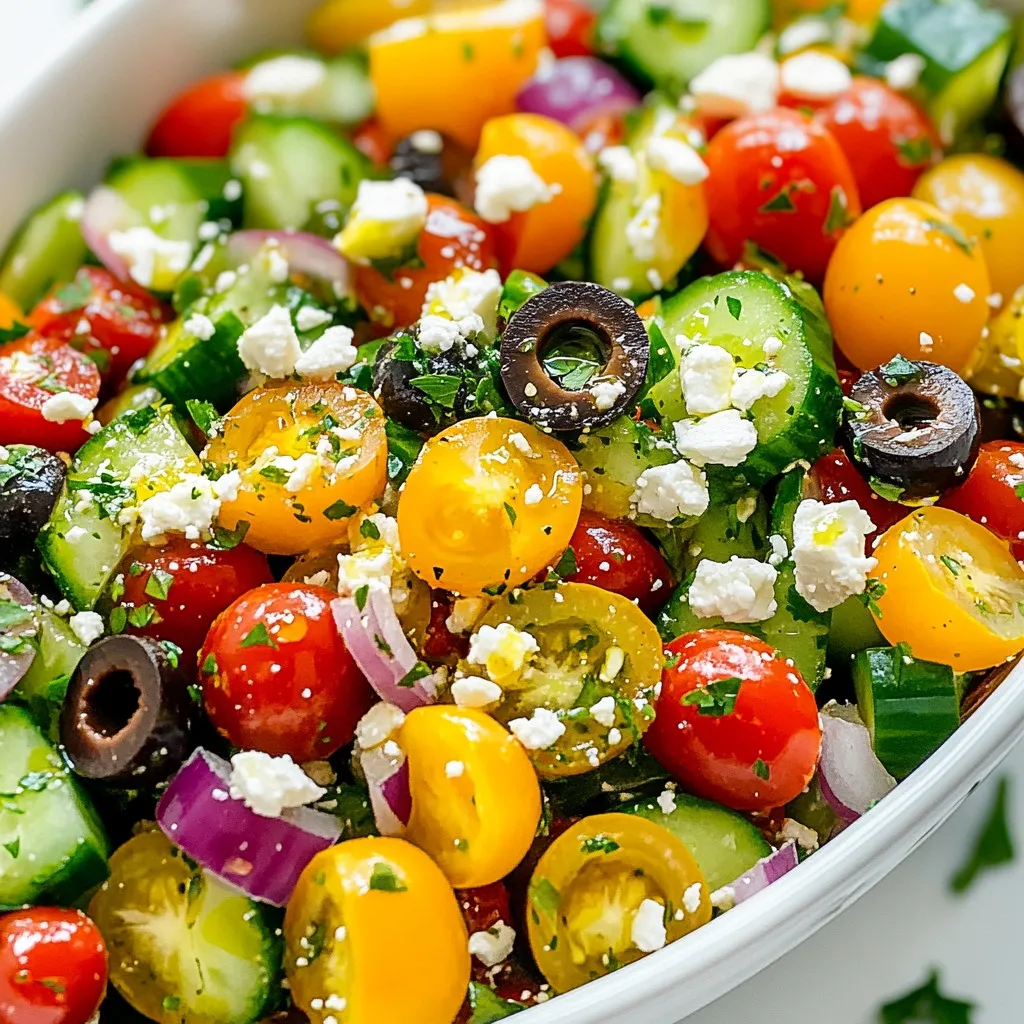 - 2 large cucumbers, diced into bite-sized pieces - 3 ripe tomatoes, chopped into chunks - 1 small red onion, finely diced - 1 bell pepper (either red or yellow), diced for sweetness - 1 cup cherry tomatoes, halved for added freshness - 1/2 cup black olives, pitted and sliced for robust flavor - 1/2 cup feta cheese, crumbled for a creamy texture - 2 tablespoons fresh parsley, finely chopped for a burst of herbal flavor - 3 tablespoons high-quality olive oil for richness - 2 tablespoons red wine vinegar or lemon juice for brightness - Salt and freshly ground black pepper to taste Fresh vegetables form the base of this salad. Start with cucumbers. They bring a cool crunch. Next, add tomatoes. Use ripe ones for sweetness. A small red onion adds a sharp bite. Bell pepper adds color and sweetness too. Don’t forget halved cherry tomatoes for extra freshness. Flavor enhancers like black olives add depth. They provide a briny taste. Feta cheese brings creaminess. Its tangy flavor balances the salad well. Fresh parsley adds a pop of green. It brightens the dish and adds fragrance. For the dressing, high-quality olive oil is key. It gives richness to the mix. Red wine vinegar or lemon juice adds brightness and zing. Lastly, season with salt and pepper. This simple blend enhances all the flavors. Gather these ingredients, and you are ready to make a vibrant Mediterranean Cucumber Tomato Salad. {{ingredient_image_2}} Start by gathering your main vegetables. You will need: - 2 large cucumbers, diced - 3 ripe tomatoes, chopped - 1 small red onion, finely diced - 1 bell pepper, diced Chop the cucumbers into small, bite-sized pieces. This helps with even mixing. For the tomatoes, cut them into chunks. Keep the sizes consistent for a better bite. Dice the red onion finely. This adds flavor without overwhelming your salad. Finally, chop the bell pepper into small bits for a touch of sweetness. Next, it’s time to add more flavor. Gently fold in: - 1 cup cherry tomatoes, halved - 1/2 cup black olives, sliced The cherry tomatoes add a fresh burst. Halve them for easy eating. The black olives bring a rich, salty taste. Make sure to pit and slice them before adding. This mix makes your salad vibrant and full of flavors. Now, let’s make the dressing. In a small bowl, whisk together: - 3 tablespoons olive oil - 2 tablespoons red wine vinegar or lemon juice Mix these well until they are combined. The olive oil gives a smooth base, while the vinegar or lemon juice adds brightness. This dressing will tie all the flavors together. Finally, it’s time to bring everything together. Drizzle the dressing over the salad. Add salt and freshly ground black pepper to taste. Use a gentle motion to toss the salad. This ensures each piece gets coated in the dressing. Let the salad sit for about 10 minutes. This marination time allows the flavors to blend. Serve the salad on a large platter. You can garnish with extra parsley and a few whole olives for a beautiful finish. Enjoy your fresh Mediterranean cucumber tomato salad! - Importance of Fresh Ingredients Fresh ingredients make a big difference. Choose ripe cucumbers and tomatoes. They add a sweet, juicy taste to your salad. Look for bright colors and firm textures. The fresher the produce, the better the flavor. - Allowing Time for Flavors to Meld Let the salad rest for about 10 minutes. This time allows the flavors to blend. When you drizzle the dressing, the veggies soak up all that goodness. It makes each bite tasty and full of flavor. - Serving Suggestions Serve this salad on a large platter. A colorful display makes it more inviting. You can also use individual bowls for each guest. This adds a touch of elegance to your meal. - Garnishing Tips Add extra parsley or a few whole olives on top. This adds color and makes the salad pop. A light drizzle of olive oil before serving gives a nice shine and enhances the look. - Tips for Prepping Ingredients Ahead You can chop your veggies a few hours before serving. Keep them in the fridge to stay fresh. Just mix them with the dressing right before serving. This keeps everything crisp and delicious. - Best Practices for Storage Before Serving Store leftover salad in an airtight container. It keeps the salad fresh for a day or two. Avoid adding the dressing until you are ready to eat. This helps keep the veggies crunchy. Pro Tips Use Fresh Ingredients: Opt for the freshest cucumbers and tomatoes you can find to enhance the salad's flavor and texture. Chill Before Serving: Refrigerate the salad for 30 minutes before serving to allow the flavors to marry and the salad to refresh. Customize to Taste: Feel free to add other ingredients like chickpeas or avocado for added nutrition and flavor variation. Dressing Variations: Experiment with different vinegars or citrus juices to create unique dressing profiles that suit your palate. {{image_4}} You can easily change some ingredients in your salad. Here are a couple of ideas: - Alternative Vegetables: Try adding diced avocado for creaminess. Arugula gives a peppery kick. You can also mix in radishes for a crunchy texture. - Different Cheese Options: Swap feta for goat cheese. It adds a tangy taste that pairs well with the fresh veggies. You can even use a dairy-free cheese if you prefer. Changing up the dressing can make your salad new and exciting: - Balsamic Vinegar Substitute: If you don’t have red wine vinegar, use balsamic vinegar. It brings a sweet note to the salad. - Homemade Herb Infusions: Mix olive oil with fresh herbs like basil or dill. This will create a fragrant dressing that adds depth to the flavors. This salad is great for various diets: - Gluten-Free Options: All the ingredients in this salad are gluten-free. You can enjoy it without worry. - Vegan Adjustments: To make it vegan, skip the feta cheese. Use a plant-based cheese or simply leave it out. The salad will still be fresh and tasty. To keep your Mediterranean cucumber tomato salad fresh, use an airtight container. Glass containers work well. Place the salad in the fridge right away. This helps keep the veggies crisp and tasty. When stored properly, this salad lasts about 3 days in the fridge. After that, the veggies may start to lose their crunch. If you notice any wilting or off smells, it's best to toss it. Freezing is not recommended for this salad. The cucumbers and tomatoes have high water content. Freezing can make them mushy when thawed. If you want to prepare some ingredients ahead, consider freezing the feta or olives separately. When ready to use, just thaw them in the fridge before adding to the salad. Yes, you can make this salad ahead of time. To keep it fresh, follow these best practices: - Prep the veggies: Chop cucumbers, tomatoes, and onions. - Store separately: Keep the dressing in a jar. - Combine before serving: Mix everything just before you eat. This way, the salad stays crisp and full of flavor. This salad pairs well with many dishes. Here are some ideas for a complete meal: - Grilled chicken: Adds protein and flavor. - Pita bread: Great for scooping up the salad. - Hummus: A tasty spread that complements the salad. - Fish: Grilled or baked fish works well too. These options make a balanced plate. To make the salad more filling, you can add protein. Here are some tasty options: - Chickpeas: Canned or cooked, they add fiber and protein. - Grilled chicken: Sliced or cubed, it gives a hearty touch. - Tuna: A quick way to boost protein levels. These additions will keep you satisfied longer. Yes, this salad is gluten-free. Here are key ingredients to check: - Cucumbers: Naturally gluten-free. - Tomatoes: Safe for gluten-free diets. - Feta cheese: Usually gluten-free, but check the label. - Olive oil and vinegar: These are gluten-free too. This salad is a safe choice for gluten-sensitive diets. This blog post covers how to create a fresh and tasty salad. We discussed key ingredients like crisp vegetables, flavor enhancers, and zesty dressings. I shared step-by-step instructions to help you prepare, toss, and serve the salad with ease. You also learned tips for the best flavor and suggestions for ingredient swaps and dietary needs. In closing, using fresh elements and allowing flavors to blend will elevate your dish. Enjoy experimenting with new variations and serving it in creative ways. Your salad can be both delicious and fun!