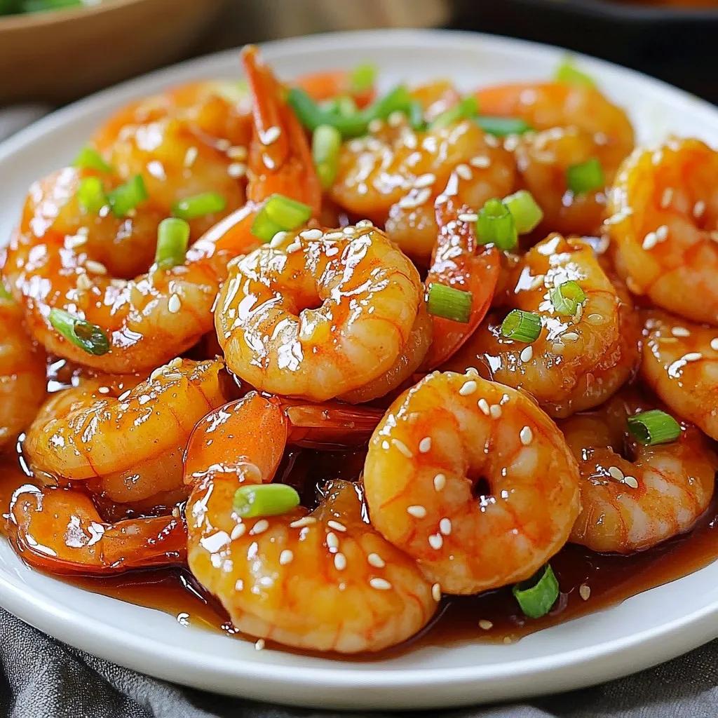 To make honey garlic shrimp, gather these items: - 1 pound large shrimp, peeled and deveined - 2 tablespoons extra virgin olive oil - 4 cloves garlic, finely minced - 1/4 cup pure honey - 2 tablespoons low-sodium soy sauce - 1 tablespoon apple cider vinegar - 1/2 teaspoon crushed red pepper flakes (optional) - Salt and freshly ground black pepper, to taste - 1/4 cup green onions, chopped, for garnish - 1 teaspoon toasted sesame seeds, for garnish You can change some ingredients if needed. - Use shrimp with the shell on for more flavor. - Replace honey with maple syrup for a vegan option. - Swap olive oil with coconut oil for a hint of sweetness. - Use regular soy sauce if low-sodium is not available. - White vinegar or lemon juice can replace apple cider vinegar. Fresh ingredients really make a difference. Fresh shrimp have a better taste and texture. Fresh garlic gives a strong, nice flavor. When using fresh green onions, they add a bright touch to the dish. Always choose quality items to enhance your meal. The better the ingredients, the more you will enjoy your honey garlic shrimp. {{ingredient_image_2}} To start, grab a large non-stick skillet. Pour in 2 tablespoons of extra virgin olive oil. Turn the heat to medium-high. Wait until the oil shimmers but does not smoke. This step is key because it helps cook the shrimp evenly. Next, add 4 cloves of finely minced garlic. I love this part! Stir the garlic for about 30 seconds. You want it to become fragrant and lightly golden. Be careful! If the garlic burns, it will taste bitter. Now, it's time for the shrimp. Add 1 pound of peeled and deveined shrimp to the skillet. Spread them out in a single layer. Season with salt and freshly ground black pepper. Cook for about 2-3 minutes on each side. You’ll know they are ready when they turn pink and opaque. Once done, transfer the shrimp to a plate and set them aside. To cook shrimp just right, start with fresh or thawed shrimp. I prefer large shrimp, as they cook evenly. Make sure to peel and devein them first. When you heat your skillet, let the oil shimmer but not smoke. This means it’s hot enough. Place the shrimp in a single layer. Cook them for 2-3 minutes on each side. Look for a nice pink color and opaque look. If you overcrowd the skillet, the shrimp may steam instead of cook. The honey garlic sauce is key to this dish. Use pure honey for the best sweetness. Low-sodium soy sauce adds a nice saltiness. For a tangy kick, include apple cider vinegar. If you like spice, add crushed red pepper flakes. You can adjust the amount based on your taste. Mix the sauce well and let it simmer. This helps all the flavors come together. Taste it before serving, and adjust if needed. For a beautiful plate, serve the shrimp over jasmine rice or steamed broccoli. This adds color and texture. Use a generous amount of chopped green onions on top. A sprinkle of toasted sesame seeds adds crunch. For a fresh touch, add a lime wedge on the side. The lime juice can brighten the flavors. Serve right away for the best experience! Pro Tips Prep Your Ingredients: Before starting to cook, have all your ingredients prepped and ready to go. This ensures a smooth cooking process and helps prevent overcooking the shrimp. Use Fresh Shrimp: For the best flavor and texture, opt for fresh shrimp when possible. If using frozen shrimp, make sure to thaw them properly in advance. Adjust the Sweetness: Depending on your taste preference, you can adjust the amount of honey in the sauce. If you prefer a less sweet flavor, reduce the honey by a tablespoon or two. Experiment with Add-Ins: Feel free to add vegetables such as bell peppers, snap peas, or carrots to the skillet for an extra nutritional boost and color. {{image_4}} You can add vegetables to your honey garlic shrimp skillet. Bell peppers, snap peas, and broccoli work well. Chop them into small pieces for even cooking. Add them to the skillet with the garlic. Sauté until they are tender but still crisp. This adds color and nutrients to your dish. If you want to switch things up, try different sauces. You can use teriyaki sauce for a sweet twist. Or, try a spicy chili sauce for extra heat. You can even mix honey with mustard for a tangy flavor. Each option gives a new taste to the dish. You can easily change the spice level of this dish. If you like it mild, skip the red pepper flakes. For more heat, add more red pepper or use fresh chili. You can also add some sriracha sauce for a spicy kick. Taste as you go to find what you love best. After cooking honey garlic shrimp, let it cool. Place the shrimp in an airtight container. Store it in the fridge for up to three days. This helps keep the shrimp fresh and tasty. If you have extra sauce, store it in a separate container. This way, the shrimp won't get soggy. When you want to eat leftovers, reheat the shrimp gently. Use a skillet over medium heat. Add a bit of olive oil to prevent sticking. Heat for about 5 minutes until warm. Stir often to keep the shrimp from overcooking. You can also use a microwave. Cover the bowl with a damp paper towel. Heat for short bursts, about 30 seconds at a time. This helps keep the shrimp moist. If you want to save honey garlic shrimp for later, freezing is a great option. Let the shrimp cool completely. Place it in a freezer-safe bag. Remove as much air as possible before sealing. Label the bag with the date. You can freeze it for up to three months. When ready to eat, thaw overnight in the fridge. Reheat it gently, as mentioned above, for the best taste. Yes, you can use frozen shrimp. Just make sure to thaw them first. Place the shrimp in a bowl of cold water for about 15-20 minutes. This method keeps them firm and tasty. After thawing, pat them dry with a paper towel. This helps the shrimp sear better in the skillet. Honey garlic shrimp is great with many sides. You can serve it over steamed jasmine rice or fluffy quinoa. These grains soak up the sauce well. You can also pair it with steamed broccoli or sautéed spinach. They add color and nutrients to your meal. For extra crunch, try adding some crispy green beans. To make this dish gluten-free, use tamari instead of soy sauce. Tamari is a gluten-free soy sauce that offers great flavor. Always check the label to ensure it’s gluten-free. This small swap keeps the taste while making it safe for those with gluten sensitivities. Enjoy your meal without worries! In this blog post, I covered the key ingredients and their fresh qualities. I shared step-by-step instructions for preparing shrimp with garlic, along with tips for cooking and serving. You learned about delicious variations and essential storage methods. Remember, using fresh ingredients makes a big difference. Experiment with flavors, and adjust spice levels to suit your taste. Enjoy your cooking journey and impress others with your tasty honey garlic shrimp!