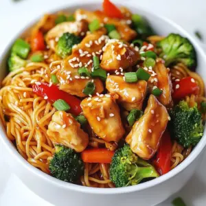 - 300g chicken breast, sliced thinly - 250g rice noodles - 4 tablespoons soy sauce, divided - 2 tablespoons honey - 3 cloves garlic, finely minced - 1 tablespoon fresh ginger, grated - 1 red bell pepper, sliced into thin strips - 1 cup broccoli florets - 2 tablespoons sesame oil, divided - 3 green onions, chopped for garnish - Sesame seeds, for garnishing - Salt and freshly ground black pepper, to taste Sticky garlic chicken noodles taste great and are easy to make. You need fresh chicken breast, which I slice thinly for quick cooking. The rice noodles add a nice texture. I use soy sauce for salty flavor and honey for sweetness. For extra flavor, garlic and ginger are key. I chop garlic finely and grate fresh ginger. These ingredients make a fragrant sauce. I also add colorful vegetables like red bell pepper and broccoli. They add crunch and nutrition. To finish, I garnish with green onions and sesame seeds. They bring brightness and a nice look to the dish. A sprinkle of salt and pepper enhances everything. Each ingredient plays a role in making these noodles a delicious dinner. {{ingredient_image_2}} Start by boiling a large pot of water. Once the water is bubbling, gently add 250g of rice noodles. Cook them according to the package instructions until they are just tender. This usually takes about 4-6 minutes. After cooking, drain the noodles. Rinse them under cold water to stop the cooking. This step keeps them from getting mushy. Set the noodles aside in a colander. Next, prepare the chicken for marinating. Take 300g of thinly sliced chicken breast. In a mixing bowl, drizzle 1 tablespoon of soy sauce over the chicken. Add a pinch of salt and some freshly ground black pepper. Mix well so the chicken is coated. Let it marinate for about 10 minutes while you prep other ingredients. This helps the chicken soak in the flavor. For the sauce, gather your ingredients. You will need 3 tablespoons of soy sauce, 2 tablespoons of honey, 3 cloves of minced garlic, and 1 tablespoon of grated ginger. In a small bowl, whisk these together. This mixture will create a rich and sticky sauce that adds great taste to the dish. Now it's time to cook the chicken. Heat 1 tablespoon of sesame oil in a large frying pan or wok over medium-high heat. Once the oil is hot, add the marinated chicken. Stir-fry the chicken for about 5-7 minutes. Cook until it turns golden brown and is fully cooked. When done, remove the chicken from the pan and set it aside on a plate. Using the same pan, add the remaining tablespoon of sesame oil. When the oil looks shiny, add the sliced red bell pepper and broccoli florets. Stir-fry these for about 3-4 minutes. You want the veggies to be bright and crisp but still tender. This adds color and crunch to your dish. Return the cooked chicken to the pan. Add the drained rice noodles along with the garlic-ginger sauce. Gently toss everything together over medium heat. Make sure all the ingredients are evenly coated in the sauce. Heat until everything is warm, which usually takes a couple of minutes. Once mixed well and heated, remove the pan from the heat. Serve the sticky garlic chicken noodles hot in individual bowls. Top each bowl with a sprinkle of chopped green onions and sesame seeds. This adds a nice texture and flavor contrast. For a fun presentation, you can arrange the green onions in a neat layer on top. To cook noodles just right, follow these steps: - Avoiding mushy noodles: Start with a large pot of boiling water. Add the rice noodles and stir. This keeps them from sticking. Cook until they are firm but tender, known as al dente. - Testing for doneness: Check the noodles a minute before the package time ends. They should be soft but still have a little bite. Drain them right away and rinse with cold water. This stops the cooking. For a flavorful dish, marinating and choosing the right soy sauce matter: - Tips for marinating: Use one tablespoon of soy sauce to coat the chicken evenly. Add salt and pepper for basic seasoning. Let it sit for about 10 minutes. This builds flavor in the chicken. - Best types of soy sauce to use: I recommend using a good quality soy sauce. You can try both light and dark soy sauce. Light soy sauce gives saltiness, while dark adds depth and color. Making your dish look good is key to enjoying it: - Visual appeal and garnishing: Use colorful veggies to make your dish pop. Sprinkle chopped green onions and sesame seeds on top. This adds a fresh look and extra crunch. - Creating layers with ingredients: When serving, start with the noodles. Add chicken and veggies on top. This layers the flavors and makes the dish look more inviting. Pro Tips Use Fresh Ingredients: Always opt for fresh garlic and ginger to enhance the flavor of your sticky garlic chicken noodles. Fresh ingredients pack a more vibrant taste compared to dried alternatives. Adjust Sweetness: Depending on your preference, you can adjust the amount of honey in the sauce. For a sweeter dish, add a bit more honey, or reduce it for a more savory profile. Don&rsquo;t Overcook the Noodles: Ensure you cook the rice noodles until just al dente, as they will continue to cook slightly when combined with the hot ingredients. Rinse them under cold water to stop the cooking process. Garnish Generously: Don&rsquo;t skip the garnishing step! Adding green onions and sesame seeds not only enhances the visual appeal but also adds a delightful crunch and flavor contrast to the dish. {{image_4}} You can switch the chicken for other proteins. Tofu or shrimp work great here. - Tofu: Use firm tofu, cut into cubes. Cook it for 8-10 minutes until golden. - Shrimp: Use large shrimp, cooking them for 3-5 minutes until pink. Choose your protein based on your taste or diet. Each option brings its own flavor. Adding more veggies makes the dish colorful and healthy. You can try carrots or snap peas. - Carrots: Slice them thin and add them with the bell peppers. Cook for 3-4 minutes. - Snap Peas: Toss them in during the last minute of cooking for a sweet crunch. Season these veggies with a pinch of salt or a splash of soy sauce for a flavor boost. Adjusting the sauce can change the entire dish. You can tweak the sweetness or spice level. - Sweetness: Want it sweeter? Add more honey. If you like it less sweet, cut back on the honey. - Spice: To spice things up, add chili flakes or sriracha to the sauce. Start with a little and taste. These small changes let you create a meal that fits your mood. Experiment and have fun! To store leftovers, first let the sticky garlic chicken noodles cool down. Place them in an airtight container. This helps keep flavors fresh. You can store them in the fridge for up to three days. After that, the noodles may lose their taste and texture. The best way to reheat noodles is in a pan. Heat a small amount of water or oil. This keeps the noodles moist. Stir them gently over low heat until warm. Avoid using a microwave if you can. Microwaving can make the noodles soggy and chewy. If you want to freeze the dish, let it cool completely. Then, place it in a freezer-safe container. Seal it tightly to prevent freezer burn. You can freeze for up to three months. To thaw, move the container to the fridge overnight. This helps keep the noodles from getting mushy when you reheat them. Yes, you can use gluten-free noodles. Look for rice noodles made from brown rice or other gluten-free grains. They work well and taste great. You can also try zucchini noodles or shirataki noodles for a low-carb option. Just follow the cooking instructions on the package. Rinse and drain them as you would with regular noodles. To cut calories, use less honey or substitute it with a low-calorie sweetener. You can also reduce the amount of sesame oil. Use lean chicken breast and add more vegetables like spinach or carrots. They add volume without many calories. Serve smaller portions, too. This way, you enjoy the dish while keeping it light. A simple side salad pairs nicely. A fresh cucumber salad with lime juice brightens the meal. Steamed edamame adds protein and fiber. You can also serve grilled asparagus or saut&eacute;ed bok choy for extra greens. These sides balance the flavors and add variety to your dinner. This recipe for sticky garlic chicken noodles combines simple ingredients to create great flavor. You learned how to cook noodles, marinate chicken, and mix everything together. I shared tips on cooking and presentation for a beautiful dish. Feel free to use different proteins and veggies to suit your taste. With the right storage, you can enjoy this meal later too. Cooking should be fun and easy, so try it out and make it your own!