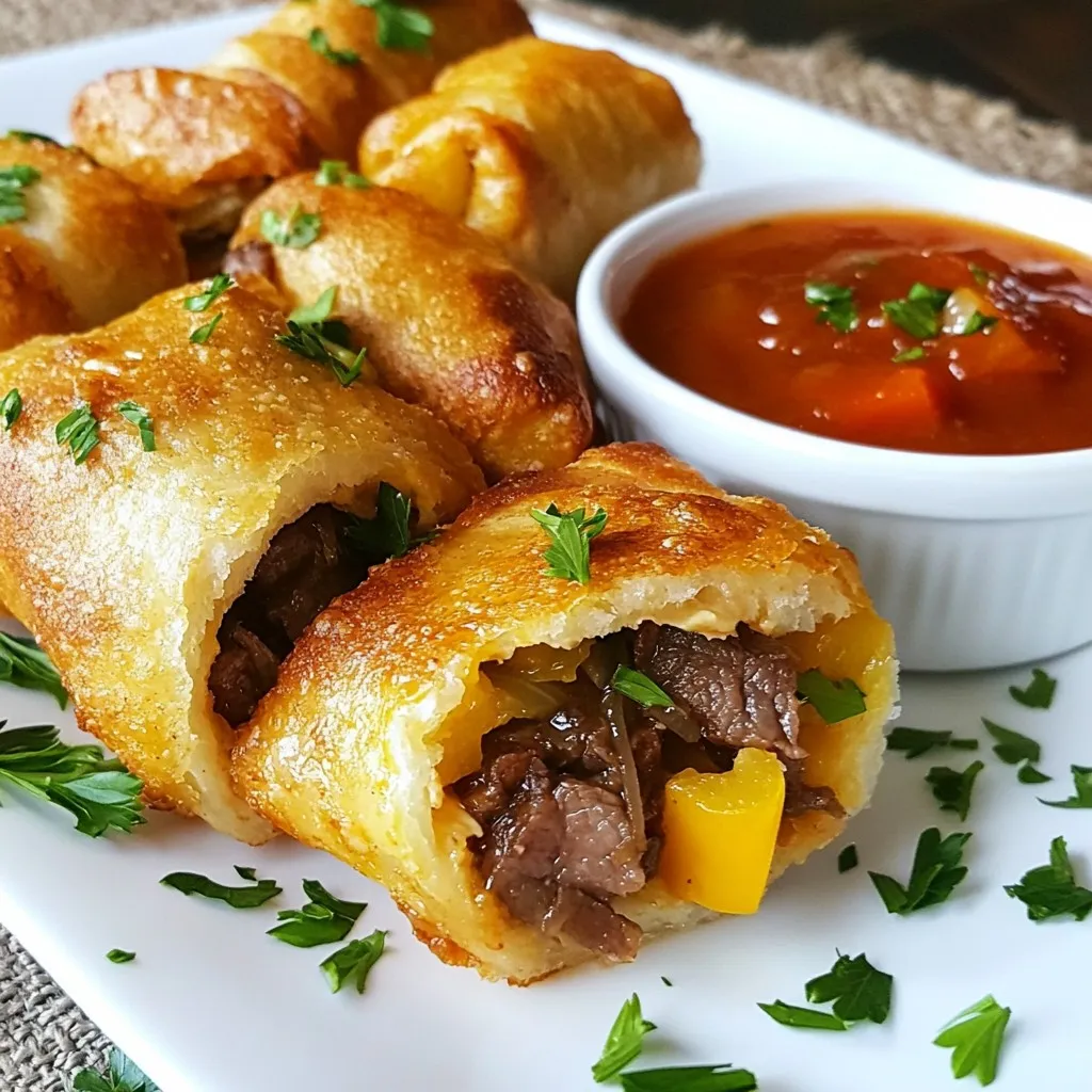 For these tasty rolls, you'll need a few key ingredients: - 1 pound flank steak, thinly sliced against the grain - 1 cup bell peppers (mix of red and green), thinly sliced - 1 cup onions, thinly sliced - 1 cup cream cheese, softened at room temperature - 1 cup shredded provolone cheese - 1 cup almond flour - 2 tablespoons coconut flour - 1 large egg, beaten - 1 tablespoon olive oil These ingredients form the base of your delicious Keto Philly Cheesesteak Rolls. The flank steak gives a rich flavor, while the cream cheese and provolone create a creamy filling. The right spices make a big difference. Use these: - 1 teaspoon garlic powder - 1 teaspoon onion powder - Salt and freshly ground black pepper, to taste These spices enhance the meat and veggies. Garlic powder adds depth, while onion powder gives a sweet touch. Adjust salt and pepper to your liking. If you have dietary needs, consider these swaps: - Substitute flank steak with chicken or turkey for a leaner option. - Use dairy-free cream cheese and cheese for a vegan choice. - Swap almond flour with coconut flour if you prefer a nut-free option. These alternatives keep the dish fitting your diet while still tasting great. Experiment and find what works for you! {{ingredient_image_2}} First, preheat your oven to 375°F (190°C). This step ensures your rolls bake evenly. Next, gather your ingredients. You’ll need flank steak, bell peppers, onions, and spices. Don't forget the cream cheese and provolone for that cheesy goodness. Heat a skillet over medium-high heat and add olive oil. Once hot, toss in sliced onions and bell peppers. Sauté them for 5-7 minutes until they soften and caramelize. Remove them from the skillet and set aside. In the same skillet, add the thinly sliced flank steak. Season it with garlic powder, onion powder, salt, and black pepper. Cook until the steak is brown, about 4-5 minutes. Then, remove the steak from heat. In a large bowl, mix softened cream cheese and shredded provolone until smooth. Add the cooked steak, onions, and peppers. Stir gently to combine. In another bowl, mix almond flour, coconut flour, and a beaten egg until you form a dough. Spread almond flour on parchment paper and roll out the dough into a rectangle, about ¼ inch thick. Cut the dough into 4x4 inch squares. Place a spoonful of the steak and cheese mix in the center of each square. Roll the dough over the filling and pinch the edges to seal. Place the rolls seam-side down on a baking tray lined with parchment paper. Bake for 20-25 minutes until golden brown. Let them cool slightly before serving for the best taste. When making Keto Philly Cheesesteak Rolls, avoid overcooking the steak. It can become tough and chewy. Cook it just until browned. Also, be careful not to skip the step of letting the cream cheese soften. This makes mixing easier. If your dough is too thick, your rolls may not cook evenly. Roll it out thin for the best result. For a dairy-free option, you can swap cream cheese with cashew cream. Use nutritional yeast instead of provolone cheese for a cheesy flavor. If you don't have almond flour, coconut flour works too, but use less since it absorbs more moisture. Always check labels for hidden carbs in substitutes. To get the best rolls, make sure your filling is cool before you wrap it. This helps the dough hold its shape. Use a generous spoonful of the filling, but don’t overstuff. Pinch the edges tightly to seal them well. This keeps the filling from escaping while baking. Pro Tips Slice Against the Grain: Always slice the flank steak against the grain to ensure tenderness in each bite. Mixing Cheeses: For a richer flavor, consider mixing different types of cheese, such as mozzarella with provolone. Prevent Sticking: When rolling out the dough, use parchment paper and sprinkle with almond flour to prevent it from sticking. Cool Before Serving: Allow the rolls to cool slightly before serving to enhance the flavors and make them easier to handle. {{image_4}} You can enhance your Keto Philly Cheesesteak Rolls with tasty dipping sauces. Here are a few ideas: - Sugar-Free Marinara: A classic choice that pairs well with the rolls. It adds a nice tang. - Creamy Ranch: Mix mayo, sour cream, and ranch seasoning for a cool dip. - Cheese Sauce: Melted cheddar or a mix of cheeses can make a rich and creamy dip. These sauces add flavor and keep your meal fun! You can switch up the meat in your rolls for new tastes. Consider these options: - Chicken: Use thinly sliced chicken breast. It cooks fast and stays juicy. - Pork: Thin pork loin adds a nice sweetness and pairs well with the cheeses. - Turkey: Ground turkey is a great lean option. Season it well for the best flavor. Feel free to experiment with your favorite meats! If you want a meat-free version, there are great options for you. - Mushrooms: Use portobello or cremini mushrooms. They add a nice meaty texture. - Tofu: Firm tofu works well. Season and sauté it for flavor. - Eggplant: Thinly sliced eggplant can be a hearty filling. Grill or roast it first. These ideas make it easy to enjoy this recipe in different ways. To store leftover rolls, let them cool down first. Place them in an airtight container. Keep the container in the fridge. They stay fresh for about 3 days. If you want to enjoy them longer, freezing is a great option. To reheat the rolls, preheat your oven to 350°F (175°C). Place the rolls on a baking sheet. Heat them for about 10-15 minutes. This helps keep the outside crispy. You can also use a microwave for quick reheating. Just heat each roll for 30 seconds. However, they may not be as crispy. If you want to freeze the rolls, wrap each one in plastic wrap. Then, place them in a freezer bag. They can last for up to 2 months. When you’re ready to eat, thaw them in the fridge overnight. Reheat them as mentioned above. This way, you have a tasty meal ready anytime! To reheat your Keto Philly Cheesesteak Rolls, use an oven or air fryer. Preheat your oven to 350°F (175°C). Place the rolls on a baking sheet. Heat for about 10-15 minutes. This keeps them crisp and warm. If using an air fryer, set it to 350°F (175°C) and cook for 5-7 minutes. Make sure they are hot all the way through before serving. Yes, you can prepare these rolls ahead of time. Make the rolls and store them in the fridge for up to two days. Cover them tightly to keep them fresh. You can also freeze them. Wrap each roll in plastic wrap and then in foil. They last up to three months in the freezer. When ready to eat, just reheat them as mentioned above. Each serving of Keto Philly Cheesesteak Rolls has about 5 grams of net carbs. This keeps them low-carb and perfect for a keto diet. The almond flour and coconut flour help keep the carbs low while still giving you that delicious flavor. Enjoy them without guilt! Keto Philly Cheesesteak Rolls are tasty and easy to make. We covered the key ingredients, step-by-step cooking, and tips to avoid mistakes. You learned about variations for different diets and how to store them for later. Remember, these rolls are fun to make and perfect for any meal. Enjoy experimenting with flavors and find what you love. With practice, you'll master this dish. Enjoy your tasty journey into the world of keto cooking!