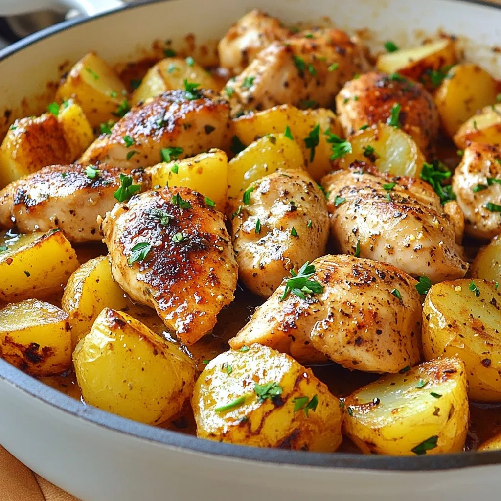- 4 boneless, skinless chicken breasts - 4 medium-sized russet potatoes, peeled and diced into bite-sized cubes - 6 cloves of garlic, finely minced - 1 tablespoon extra virgin olive oil - 1 cup low-sodium chicken broth This dish starts with simple and healthy ingredients. The chicken provides high protein, while the potatoes add comfort. Garlic infuses a rich flavor, making every bite enjoyable. - 1 teaspoon smoked paprika - 1 teaspoon dried thyme - 1 teaspoon onion powder - Salt and freshly ground black pepper, to taste The seasonings are key to the dish’s taste. Smoked paprika adds a warm, smoky flavor. Thyme brings earthiness, while onion powder offers a nice depth. Don’t forget the salt and pepper; they enhance all the flavors. - Fresh parsley, chopped, for garnish A sprinkle of fresh parsley brightens the dish. It adds color and a fresh taste. You can also use other herbs if you prefer, like basil or cilantro. {{ingredient_image_2}} First, preheat your oven to 400°F (200°C). This is very important for roasting. The right temperature helps the chicken and potatoes cook evenly. While the oven heats, gather all your ingredients. In a large bowl, combine the diced russet potatoes with half of the minced garlic. Add one tablespoon of extra virgin olive oil, one teaspoon of smoked paprika, one teaspoon of dried thyme, and one teaspoon of onion powder. Season with salt and freshly ground black pepper to taste. Mix everything well until the potatoes are fully coated. This step adds great flavor! Next, transfer the seasoned potatoes into a large oven-safe skillet. Spread them out evenly. Place the skillet in your preheated oven and roast for 20 minutes. This allows the potatoes to become crisp. The aroma will fill your kitchen, making you hungry! While the potatoes roast, take your boneless, skinless chicken breasts. Season both sides with salt, pepper, and any extra spices you like. After 20 minutes, carefully remove the skillet from the oven. Use a spatula to push the potatoes to one side. Create a space in the center and add the seasoned chicken breasts. Sprinkle the remaining minced garlic on top of the chicken. Pour one cup of low-sodium chicken broth gently around the chicken and potatoes. This keeps everything juicy while roasting. Return the skillet to the oven and roast for another 25 to 30 minutes. Make sure the chicken reaches an internal temperature of 165°F (75°C) and the potatoes are tender and golden. Finally, let the skillet rest for 5 minutes before serving. Sprinkle freshly chopped parsley on top for a colorful finish. Enjoy your high-protein garlic chicken and potatoes! To cook chicken perfectly, use a meat thermometer. Check the thickest part of the breast. The safe internal temperature is 165°F (75°C). This ensures the chicken is juicy and not dry. Season both sides with salt and pepper. You can also add your favorite spices for extra flavor. Let the chicken rest after cooking. This helps the juices settle, making it tender. For crispy potatoes, start with dry cubes. After peeling and dicing, pat them with a paper towel. Toss them with olive oil and seasonings. Spread them evenly in the pan. Avoid crowding them; this keeps them from steaming. Roast at 400°F (200°C) for 20 minutes. This high heat helps them turn golden and crisp. Flip them halfway through for even cooking. You can boost flavor with extra seasonings. Consider adding garlic powder or cayenne pepper for heat. Fresh herbs like rosemary or basil also work well. Try a squeeze of lemon juice before serving for brightness. Mix and match flavors based on what you enjoy. Always taste as you go. Adjust salt and pepper to your liking. Pro Tips Marinate for Flavor: For an extra flavor boost, consider marinating the chicken in the garlic, olive oil, and spices for at least 30 minutes before cooking. This allows the flavors to penetrate the meat more deeply. Perfect Potato Texture: To achieve perfectly crispy potatoes, make sure they are evenly cut into small, uniform pieces. This ensures they cook at the same rate and achieve a golden brown exterior. Use Fresh Herbs: Fresh herbs can elevate this dish significantly. Consider adding fresh thyme or rosemary just before serving for an aromatic finish that enhances the overall flavor. Rest Before Serving: Allowing the chicken to rest for a few minutes after cooking helps to redistribute the juices, resulting in a more succulent and flavorful dish. {{image_4}} You can switch out chicken for turkey breasts or pork chops. Both options bring a nice flavor. Turkey has a similar taste and texture. Pork adds a bit of sweetness. You can also use firm tofu for a plant-based meal. Just ensure to press it well to remove excess moisture. If you want to change up the taste, try different herbs. Italian seasoning gives a nice twist. You can also use Cajun spices for a kick. For a Mediterranean flair, mix in some lemon zest and oregano. Each blend will give your dish a unique flavor. Instead of potatoes, try sweet potatoes or carrots. They both roast nicely and add sweetness. You can also use broccoli or Brussels sprouts for a green touch. Just cut them to size for even cooking. These changes will keep the dish fresh and exciting. After enjoying your High-Protein Garlic Chicken & Potatoes, let leftovers cool. Place them in an airtight container. Store it in the fridge for up to three days. This keeps the chicken juicy and the potatoes fresh. If you notice any excess liquid, drain it before storing. To reheat, you have a few options. The best way is to use the oven. Preheat the oven to 350°F (175°C). Place the chicken and potatoes in an oven-safe dish. Cover with foil to keep moisture in. Heat for about 15-20 minutes. This method keeps the dish flavorful. You can also microwave it, but this may make the potatoes soft. If you want to keep leftovers longer, freezing is a great choice. Allow the dish to cool completely before freezing. Portion the chicken and potatoes into freezer-safe bags. Remove as much air as possible to prevent freezer burn. You can freeze it for up to three months. To use, simply thaw in the fridge overnight before reheating. This keeps the flavors intact for future meals. To make this dish in a slow cooker, start by preparing the potatoes. Combine the diced potatoes with half the minced garlic, olive oil, smoked paprika, thyme, onion powder, salt, and pepper in a bowl. Toss well to coat. Place the seasoned potatoes in the slow cooker. Then, season the chicken breasts with salt and pepper. Add them on top of the potatoes. Spread the remaining garlic over the chicken. Pour in the chicken broth. Cover and cook on low for 6-8 hours or high for 3-4 hours. The chicken should be tender and cooked through. Yes, you can use skin-on chicken for this recipe. Skin-on chicken adds extra flavor and moisture. Just remember, the skin will not be crispy in this method. If you want a crispy texture, consider broiling the chicken for a few minutes at the end of cooking. This will give you both flavor and crunch. You can serve this dish with a light salad or steamed vegetables. A fresh green salad with a simple vinaigrette works well. Roasted asparagus or green beans also complement this meal nicely. If you want carbs, a piece of crusty bread can soak up the delicious broth. Yes, this recipe is great for meal prep. You can make it ahead and store it in the fridge for up to four days. Divide the chicken and potatoes into meal prep containers. Reheat in the microwave or on the stove. This dish stays flavorful and delicious, making it perfect for busy weeknights. This blog post showed you how to make High-Protein Garlic Chicken & Potatoes. We covered main and seasoning ingredients, plus optional garnishes. I walked you through step-by-step instructions for perfect roasting. You got tips for juicy chicken and crispy potatoes. I shared ways to switch up the dish with different proteins or veggies. Lastly, I explained how to store leftovers. Now you can create a healthy and tasty meal at home with ease. Enjoy making this dish!