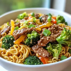 Here&rsquo;s what you need to make Beef & Broccoli Ramen Stir Fry: - 8 oz ramen noodles - 1 lb beef (flank or sirloin), thinly sliced against the grain - 2 cups broccoli florets - 1 bell pepper, colorful and sliced (red, yellow, or green) - 3 cloves garlic, minced - 1 tablespoon fresh ginger, grated - 3 tablespoons low-sodium soy sauce - 2 tablespoons oyster sauce (or a vegetarian alternative like hoisin sauce) - 1 tablespoon sesame oil - 1 tablespoon vegetable oil - 1 teaspoon red pepper flakes (optional for heat) - Chopped green onions and sesame seeds for garnishing Ramen noodles are the base of this dish. They cook fast and soak up the flavors. Beef adds a rich taste, while broccoli brings crunch and color. Bell peppers add sweetness and more color. Garlic and ginger boost the flavor. The sauces give a savory taste that makes the dish shine. Oils help to cook everything evenly. Red pepper flakes are optional but can make it spicy. Green onions and sesame seeds are great for finishing touches. Gather all these ingredients before starting. It makes cooking smoother and more fun! {{ingredient_image_2}} 1. Boil water in a pot. 2. Add the ramen noodles. 3. Cook as per package instructions, usually 3-4 minutes. 4. Drain the noodles in a colander. 5. Rinse under cold water to stop cooking. 6. Set the noodles aside in a bowl. *Tip: Avoid soggy noodles by not overcooking them. Rinse them well to keep them firm.* 1. Heat vegetable oil in a large skillet over medium-high heat. 2. Add the thinly sliced beef in one layer. 3. Let it sear for 2-3 minutes without stirring. 4. Flip the beef and cook for another minute. 5. Remove beef from the skillet and set it aside. *Cooking in layers helps the beef brown better. Avoid crowding the pan.* 1. Lower the heat to medium in the same skillet. 2. Add minced garlic and grated ginger. 3. Saut&eacute; for about 30 seconds, stirring often. *Timing is key. You want them fragrant but not browned. This step adds depth to your dish.* 1. Add broccoli florets and bell pepper slices to the skillet. 2. Stir-fry them for about 3-4 minutes. *Make sure they stay crisp and colorful. You want them tender, not mushy.* 1. Return the cooked beef to the skillet. 2. Stir everything together to mix well. *Ensure an even coating so every bite is tasty.* 1. In a small bowl, mix soy sauce, oyster sauce, sesame oil, and optional red pepper flakes. 2. Pour the sauce into the skillet over the beef and veggies. 3. Stir well to coat everything evenly. *This sauce creates a balanced flavor and ties the dish together.* 1. Gently add the cooked ramen noodles to the skillet. 2. Toss everything together carefully. 3. Heat for another 2 minutes to meld flavors. *For serving, use deep bowls to showcase colors. Sprinkle sesame seeds and green onions on top for flair.* - Heat Levels for Optimal Stir-Frying: Use medium-high heat for the best results. This heat level helps to sear the beef and cook the veggies quickly. A hot pan allows food to cook evenly and keeps it crisp. - Tools for a More Efficient Process: A wok or large skillet works well for stir-frying. Use a wooden spoon or spatula for stirring. A good knife helps slice beef thinly, which is key for tender bites. - Additional Ingredients to Consider: Try adding sliced mushrooms or snap peas for more flavor and nutrition. You can also sprinkle in some sesame seeds for extra crunch. - Marination Tips for Beef: Marinate the beef in soy sauce and ginger for 15-30 minutes. This boosts flavor and tenderness. If you have time, marinate overnight for the best taste. - Overcooking the Beef: Avoid cooking the beef too long. It should be browned but still tender. Overcooked beef can become tough. - Soggy Noodles Issues: Make sure to drain the noodles well after cooking. If left in water, they can become mushy. Toss them gently with the sauce and other ingredients to keep them firm. Pro Tips Slice Against the Grain: This technique ensures that the beef is tender and easy to chew, making every bite enjoyable. Keep Vegetables Crisp: Stir-fry the broccoli and bell pepper just until tender-crisp to maintain their vibrant colors and nutrients. Customize Your Heat: Adjust the amount of red pepper flakes to suit your spice preference, or omit them for a milder dish. Garnish for Extra Flavor: Fresh green onions and sesame seeds not only add a pop of color but also enhance the dish's overall flavor profile. {{image_4}} For a vegetarian option, swap beef with tofu or tempeh. Use the same marinade for flavor. This keeps the dish filling and tasty. For gluten-free adaptations, choose rice noodles instead of ramen. Ensure that the soy sauce is gluten-free. You can also use tamari for a similar taste. Want some heat? Add spices like chili paste or sriracha. These will spice up your stir fry. You can also try adding sauces like teriyaki for a sweeter twist. For unique vegetable substitutions, consider using snap peas, bell peppers, or mushrooms. Each vegetable brings a new taste and look to your dish. To scale the recipe, just double or halve the amounts. This makes it easy for different gatherings. If you want to meal prep, divide the stir fry into containers. Each container can hold a single serving. This way, you have quick and tasty meals ready to go. To keep your Beef & Broccoli Ramen Stir Fry fresh, use airtight containers. Glass or plastic containers work well. You can store leftovers in the fridge for up to three days. When reheating, use a skillet for the best texture. Heat it on medium and add a splash of water. This keeps the ramen from drying out. Stir gently to avoid mushiness. If you want to freeze the stir fry, let it cool first. Place it in freezer-safe bags or containers. Remove as much air as you can. To reheat from frozen, thaw it overnight in the fridge. Then, warm in a skillet on low heat until hot. For stir fry, I recommend flank or sirloin beef. These cuts are tender and flavorful. Flank steak is lean, while sirloin has a bit more fat. Both cook quickly, perfect for high-heat methods. Slice the beef thinly against the grain. This technique makes the meat even more tender. Yes, you can use other noodles! Here are some options: - Udon noodles: Cook for about 8-10 minutes. - Soba noodles: Cook for 4-6 minutes. - Rice noodles: Soak in hot water for 5-7 minutes. Each noodle type adds a unique taste and texture. Adjust cooking times as needed. To add heat, consider these ideas: - Use more red pepper flakes. - Add sliced fresh chili peppers. - Drizzle in some hot chili oil. These options let you control the spice level. Start with small amounts and taste as you go. If you need a substitute for oyster sauce, try these options: - Hoisin sauce: It&rsquo;s sweet and rich. - Soy sauce blended with sugar: Mix equal parts for a similar taste. - Mushroom sauce: Great for a vegetarian option. These alternatives keep the flavor strong while catering to different diets. Yes, this dish is perfect for meal prep. You can cook it in advance and store it easily. Here&rsquo;s how: - Storage: Use airtight containers in the fridge for up to 3 days. - Reheating: Warm it on the stove or microwave. Add a splash of water to keep it moist. Meal prepping this dish saves time and ensures a tasty, quick meal all week! This guide covers how to make a tasty stir-fried ramen dish. We discussed ingredients, cooking steps, and tips for success. You learned to choose the right beef and noodles while adding fresh veggies. Remember, timing is key to keep your noodles firm and flavors vibrant. Whether you go with my variations or stick to the classic method, enjoy your meal! Happy cooking and mixing up your flavors!