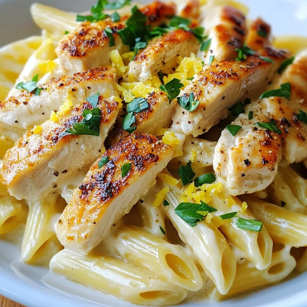 To make Quick Parmesan Chicken Pasta, you need fresh and simple ingredients. Each part plays a role in creating tasty flavors. Here’s what you will need: - Chicken and Pasta - 2 boneless, skinless chicken breasts, thinly sliced - 8 ounces pasta (penne or fettuccine) - Cream and Cheese - 1 cup heavy cream (or half-and-half for a lighter option) - 1 cup freshly grated Parmesan cheese, plus extra for serving - Seasoning & Garnishes - 2 tablespoons extra-virgin olive oil - 2 cloves garlic, finely minced - 1 teaspoon Italian seasoning blend - Salt and freshly ground black pepper, to taste - Fresh parsley, finely chopped (for garnish) - Zest of 1 lemon (optional) This list gives you all the flavors and textures you need for a creamy and satisfying dish. The chicken provides protein, while the pasta brings a nice bite. The cream and cheese create a rich sauce that ties everything together. Seasoning and garnishes add freshness and brightness. Enjoy gathering these ingredients for a delightful meal! {{ingredient_image_2}} Boiling and Draining First, fill a large pot with water. Add salt and bring it to a boil. Once it's bubbling, add 8 ounces of your favorite pasta, like penne or fettuccine. Cook until it's just al dente, following the package directions. Then, drain the pasta in a colander, but save about ½ cup of the pasta water for later. Reserving Pasta Water The reserved pasta water is important. It helps adjust the sauce's thickness. Keep it close by as you move on to the next steps. Heating Oil and Cooking Chicken In a large skillet, heat 2 tablespoons of extra-virgin olive oil over medium-high heat. Once the oil shimmers, add the thinly sliced chicken. Make sure to season it well with salt and pepper. Cook the chicken for about 5 to 7 minutes until it turns golden brown. Ensuring Proper Cooking Temperature Check that the chicken reaches an internal temperature of 165°F (75°C). This ensures it’s safe to eat. Once done, remove the chicken from the skillet and place it on a plate. Cooking Garlic and Adding Cream In the same skillet, lower the heat to medium. Add 2 cloves of minced garlic and stir for about 30 seconds. This will release its lovely aroma. Carefully pour in 1 cup of heavy cream, stirring gently. Bring it to a simmer. Incorporating Parmesan Cheese Stir in 1 teaspoon of Italian seasoning. Then, gradually whisk in 1 cup of freshly grated Parmesan cheese. Keep stirring until the sauce is creamy and smooth. If it gets too thick, add a splash of the reserved pasta water. Tossing Pasta and Chicken in the Sauce Return the cooked chicken to the skillet. Add the drained pasta, tossing everything together. Make sure the pasta and chicken are well-coated in the creamy sauce. Adjusting Sauce Consistency If the sauce feels too thick, add more of the reserved pasta water. This will help it cling better to the pasta. Taste and adjust with more salt and pepper if needed. Plating and Garnishing Spoon the creamy pasta into generous portions on plates. Garnish each plate with chopped fresh parsley for color. Optional Additional Toppings For an extra touch, sprinkle more Parmesan cheese on top. You can also add lemon zest for a burst of freshness. Enjoy your beautiful dish! - Seasoning Tips: Start with fresh salt and black pepper. Season the chicken well before cooking. I like to add a pinch of Italian seasoning. This adds depth to the flavor. You can also use garlic powder for extra taste. - Cooking Techniques: Use medium-high heat to get a nice golden color. Make sure the skillet is hot before adding the chicken. Cook the chicken until it reaches 165°F. This ensures it is safe to eat and stays juicy. - Adjusting with Pasta Water: Always reserve some pasta water before draining. If your sauce feels too thick, add a splash of this water. It helps the sauce cling to the pasta better. - Making it Creamier: To give your sauce a rich texture, stir in more cheese. You can also add a bit more cream if you want it extra smooth. Just remember to keep stirring until it’s well mixed. - Elegant Serving Suggestions: Serve your pasta in shallow bowls for a nice look. Drizzle a little olive oil on top for shine. This adds a gourmet touch to your meal. - Garnishing Tips: Fresh parsley is a great garnish. It adds color and freshness. You can also sprinkle more grated Parmesan on top. A little lemon zest enhances the dish’s flavor and brightens the plate. Pro Tips Cook Pasta Al Dente: Cooking the pasta until just al dente ensures it maintains its texture and won’t become mushy when mixed with the creamy sauce. Season the Chicken Well: Don’t skimp on seasoning the chicken! A good amount of salt and pepper enhances the flavor of the entire dish. Use Fresh Ingredients: Whenever possible, use fresh garlic and freshly grated Parmesan cheese for the best flavor and creaminess in your sauce. Garnish for Color: A sprinkle of fresh parsley and a touch of lemon zest not only adds color but also brightens the dish with a fresh flavor. {{image_4}} Alternate Proteins You can swap chicken for shrimp or tofu. Shrimp cooks fast and adds a sweet touch. Tofu gives a nice texture and is great for a plant-based meal. Vegetable Add-ins Adding veggies can make this dish even better. Try spinach, cherry tomatoes, or broccoli. They not only add flavor but also color. You can sauté them with the chicken or toss them in at the end. Spicy Versions Want some heat? Add crushed red pepper flakes to the sauce. You could also use spicy sausage instead of chicken. This will give your pasta a kick. Herb Variations Fresh herbs can change the whole dish. Basil, thyme, or oregano can add depth. Just chop and sprinkle them in when you add the cream. Gluten-Free Options Switch the pasta to a gluten-free brand. There are many tasty options made from rice or lentils. This keeps the dish friendly for everyone. Lighter Cream Options If you want a lighter meal, use half-and-half instead of heavy cream. You can also try Greek yogurt for a creamy finish with less fat. This way, you keep the flavor without the heaviness. How do you store leftovers? After enjoying your Quick Parmesan Chicken Pasta, let any leftovers cool down. Place them in an airtight container. This keeps them fresh for up to three days in the fridge. What are the best practices for reheating? To reheat, use a skillet over low heat. Add a splash of water or cream to help moisten the pasta. Stir gently until warmed through. You can also use the microwave. Heat in short bursts, stirring in between, until hot. What are the best freezing tips for meal prep? For longer storage, you can freeze this meal. Let it cool completely, then transfer it to a freezer-safe container. It’s best to freeze it within two days of cooking. This way, it will stay fresh for up to three months. How do you reheat from frozen? To reheat, let it thaw in the fridge overnight. Then, warm it in a skillet over low heat. Add a little cream or reserved pasta water to revive the sauce. If you're in a hurry, you can use the microwave, but make sure to stir every few minutes for even heating. You can store Quick Parmesan Chicken Pasta in the fridge for up to three days. Keep it in an airtight container for best results. After three days, the pasta may lose its taste and texture. Yes, you can try other cheeses. Mozzarella or Gruyère works well. Both add a nice flavor and melt nicely. If you like blue cheese, that can add a bold twist, too! The best way to reheat is on the stove. Add a splash of water or cream in a pan. Heat it over low heat, stirring often. This keeps the pasta creamy and prevents it from drying out. Yes, you can make this dish in advance. Cook it, let it cool, and store it in the fridge. When ready to eat, reheat as mentioned above. The flavors will blend well over time. This post covered everything you need to make Quick Parmesan Chicken Pasta. We explored ingredients like chicken, pasta, cream, and cheese. You learned about cooking, sautéing, and preparing the sauce. Tips helped you perfect the chicken and sauce. Variations showed ways to adapt the dish. Finally, storage info ensured your leftovers stay fresh. With these insights, you can create a delicious meal and impress anyone at your table. Enjoy your cooking journey and feel free to try new twists on this recipe!