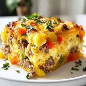 To make a tasty sausage and egg breakfast casserole, gather these key ingredients: - 1 pound breakfast sausage (spicy or mild) - 8 large eggs - 2 cups milk - 1 teaspoon garlic powder - 1 teaspoon onion powder - Salt and pepper to taste - 1 cup shredded cheddar cheese - 1 cup diced bell peppers (mix red, yellow, and green) - 1 cup diced cooked potatoes (fresh or frozen hash browns) - 1 tablespoon olive oil - Fresh parsley, chopped (for garnish) These ingredients come together to create a hearty meal. The sausage gives it a savory kick, while the eggs and cheese add creaminess. You can customize your casserole with these fun extras: - Sliced green onions for a fresh bite - Spinach or kale for added greens - Crumbled feta or goat cheese for a tangy twist - Hot sauce for extra heat These optional ingredients let you change the flavors. Feel free to mix and match based on your taste. To make cooking easier, have these tools ready: - A 9x13-inch baking dish - A large skillet for cooking sausage - A mixing bowl for whisking eggs and milk - A whisk for mixing - A spatula for spreading layers Using the right tools helps save time and ensures even cooking. Each tool plays a role in making this dish a success. {{ingredient_image_2}} 1. Preheat your oven to 350&deg;F (175&deg;C). This helps cook the casserole evenly. 2. Grease a 9x13-inch baking dish. This step prevents the casserole from sticking. 3. In a large skillet, heat 1 pound of breakfast sausage over medium heat. Cook it until browned and crumbled. Drain any excess grease to keep it light. 4. In a mixing bowl, whisk together 8 large eggs and 2 cups of milk. Add 1 teaspoon each of garlic powder and onion powder. Season with salt and pepper to taste. 5. Spread the cooked sausage evenly in the greased baking dish. This forms the base layer of flavor. 6. Add 1 cup of diced bell peppers and 1 cup of diced cooked potatoes on top of the sausage. Mix colors and textures for a vibrant dish. 7. Pour the egg mixture over the layers. Make sure to cover all ingredients for even cooking. 8. Sprinkle 1 cup of shredded cheddar cheese on top. This will melt beautifully while baking. 9. Bake in the preheated oven for 35-40 minutes. You want the egg to set completely and the top to turn golden brown. 10. Check if the center of the casserole is firm and not jiggly. A toothpick inserted in the middle should come out clean. 11. Once done, remove it from the oven and let it cool for 5 minutes. This makes slicing easier. 12. Just before serving, add chopped fresh parsley on top for a burst of color and flavor. To make your casserole shine, you need to layer it right. Start with the sausage; it forms the base. Cook the sausage until it's brown and crumbled. Drain the grease to keep it light. Next, add your diced bell peppers and cooked potatoes. Use a mix of colors for a fun look. This adds taste and makes your dish pop. Finally, pour the egg mixture over everything. This ensures even cooking and a rich flavor in every bite. Flavor is key to a great casserole. Use spices like garlic powder and onion powder to boost taste. They blend well with the eggs and sausage. You can also try adding herbs like thyme or oregano for extra depth. If you like heat, consider adding diced jalape&ntilde;os or a dash of hot sauce. Top the dish with extra cheese for a melty finish. Fresh parsley adds a nice touch, both for flavor and color. Serve your casserole warm right from the oven. Slice it into squares for easy serving. Pair it with creamy avocado slices for a rich taste. A dollop of salsa or hot sauce can add a fun kick. For a balanced meal, serve with fresh fruit or a simple salad. This makes breakfast feel special and keeps it enjoyable. Everyone will love it! Pro Tips Choose Your Sausage Wisely: Depending on your flavor preference, opt for spicy or mild breakfast sausage to customize the heat level of your casserole. Layer for Flavor: Create distinct layers of sausage, vegetables, and potatoes to ensure every bite is balanced and flavorful. Check for Doneness: To ensure the casserole is cooked through, insert a knife into the center; it should come out clean when the dish is ready. Garnish for Freshness: A sprinkle of fresh parsley not only adds a pop of color but also enhances the flavor profile of the dish. {{image_4}} You can make a tasty vegetarian version of this casserole. Swap the breakfast sausage for plant-based sausage. Look for options made from soy or pea protein. You can still use all the other ingredients. Just follow the same steps. The flavor will still be rich and satisfying. You can add more veggies, too. Try spinach, mushrooms, or zucchini for extra nutrients. If you like a kick, try a spicy sausage option. Choose a spicy breakfast sausage for a bolder flavor. You can also add chopped jalape&ntilde;os to the mix. This adds heat and depth to your dish. Adjust the seasoning to fit your taste. A sprinkle of red pepper flakes on top can give that extra zing. Want to make a healthier casserole? Start by using egg whites instead of whole eggs. This cuts down on cholesterol. You can use low-fat milk instead of whole milk. For cheese, try a reduced-fat option or skip it altogether. Swap out the potatoes for sweet potatoes for added vitamins. You can even use whole grain bread cubes for a fiber boost. Each swap helps you enjoy a lighter meal without losing flavor. To store leftovers, let the casserole cool first. Cut it into squares. Place each square in an airtight container. You can keep it in the fridge for up to 3 days. This way, you can enjoy it again without losing flavor. When you're ready to eat, you can reheat the casserole. Preheat your oven to 350&deg;F (175&deg;C). Place the squares on a baking sheet. Cover them with foil to keep moisture in. Heat for about 15-20 minutes or until warm. You can also use a microwave. Heat for 1-2 minutes, checking to avoid overcooking. You can freeze this casserole for later! First, let it cool completely. Wrap each square tightly in plastic wrap, then place them in a freezer bag. Label the bag with the date. The casserole can stay in the freezer for up to 3 months. When you're ready to eat, thaw it in the fridge overnight and reheat as needed. This makes meal prep easy and delicious! Yes, you can make this casserole ahead. I often prepare it the night before. Just follow the recipe steps but stop before baking. Cover the dish and store it in the fridge. In the morning, preheat your oven and bake as directed. This saves time and makes breakfast easy. To keep the eggs tender, avoid overcooking. Use fresh eggs and whisk them well with milk. This adds air and lightness. Bake until the center is just set. Letting it cool for a few minutes before slicing also helps. Perfect eggs make all the difference in your casserole. This casserole pairs well with many sides. I enjoy serving fresh fruit for a sweet touch. Crispy bacon or turkey sausage adds more protein. You can also add avocado slices for creaminess. These sides balance the hearty casserole and make a complete meal. This blog post showed you how to make a delicious sausage and egg breakfast casserole. You learned about the main and optional ingredients, key tools, and easy steps for preparation. We shared tips for layering and flavor, plus tasty variations to try. You also found out how to store leftovers and reheat them. This dish is simple and fun. You can customize it to fit your taste! Now, gather your ingredients and start cooking. Enjoy your meal!