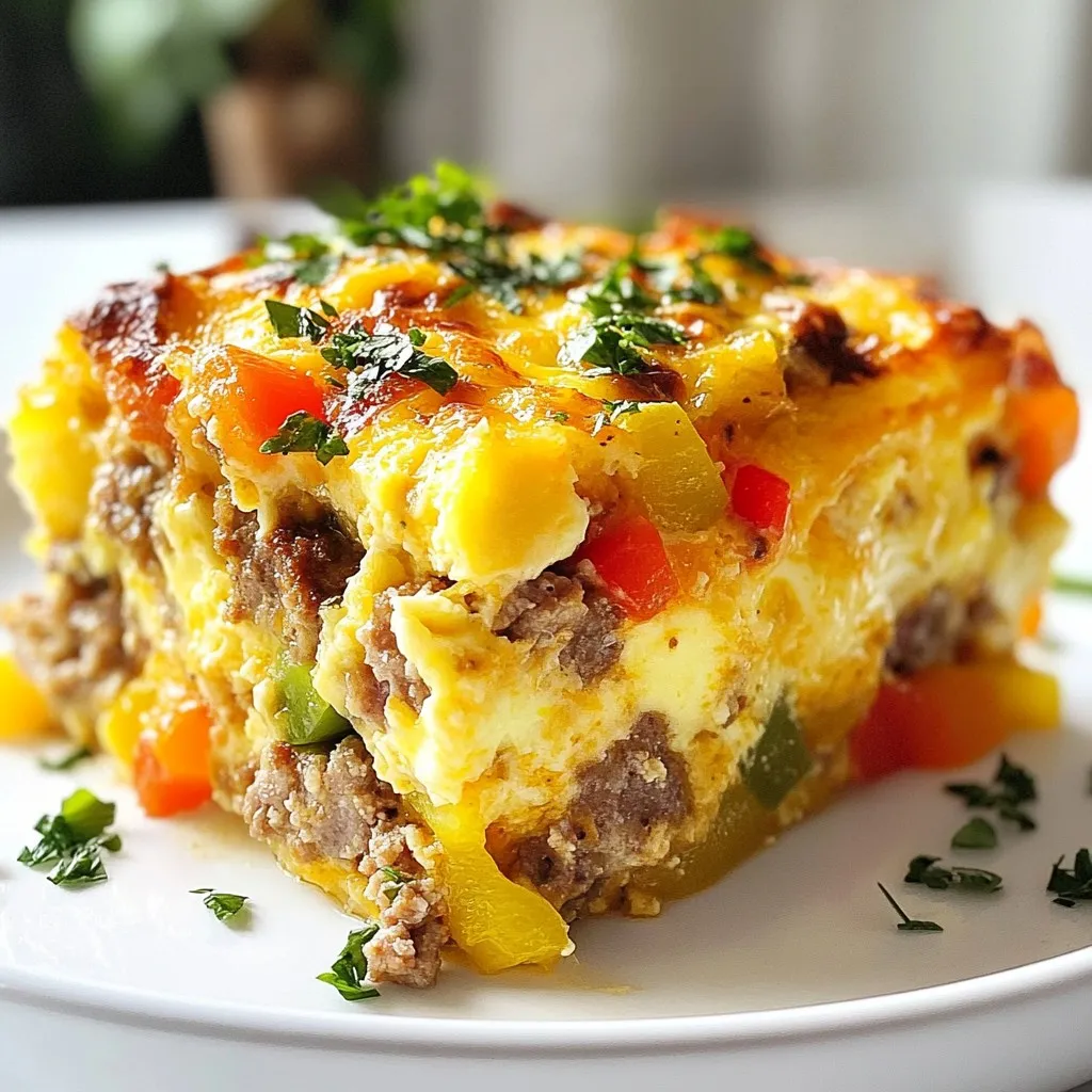 To make a tasty sausage and egg breakfast casserole, gather these key ingredients: - 1 pound breakfast sausage (spicy or mild) - 8 large eggs - 2 cups milk - 1 teaspoon garlic powder - 1 teaspoon onion powder - Salt and pepper to taste - 1 cup shredded cheddar cheese - 1 cup diced bell peppers (mix red, yellow, and green) - 1 cup diced cooked potatoes (fresh or frozen hash browns) - 1 tablespoon olive oil - Fresh parsley, chopped (for garnish) These ingredients come together to create a hearty meal. The sausage gives it a savory kick, while the eggs and cheese add creaminess. You can customize your casserole with these fun extras: - Sliced green onions for a fresh bite - Spinach or kale for added greens - Crumbled feta or goat cheese for a tangy twist - Hot sauce for extra heat These optional ingredients let you change the flavors. Feel free to mix and match based on your taste. To make cooking easier, have these tools ready: - A 9x13-inch baking dish - A large skillet for cooking sausage - A mixing bowl for whisking eggs and milk - A whisk for mixing - A spatula for spreading layers Using the right tools helps save time and ensures even cooking. Each tool plays a role in making this dish a success. {{ingredient_image_2}} 1. Preheat your oven to 350°F (175°C). This helps cook the casserole evenly. 2. Grease a 9x13-inch baking dish. This step prevents the casserole from sticking. 3. In a large skillet, heat 1 pound of breakfast sausage over medium heat. Cook it until browned and crumbled. Drain any excess grease to keep it light. 4. In a mixing bowl, whisk together 8 large eggs and 2 cups of milk. Add 1 teaspoon each of garlic powder and onion powder. Season with salt and pepper to taste. 5. Spread the cooked sausage evenly in the greased baking dish. This forms the base layer of flavor. 6. Add 1 cup of diced bell peppers and 1 cup of diced cooked potatoes on top of the sausage. Mix colors and textures for a vibrant dish. 7. Pour the egg mixture over the layers. Make sure to cover all ingredients for even cooking. 8. Sprinkle 1 cup of shredded cheddar cheese on top. This will melt beautifully while baking. 9. Bake in the preheated oven for 35-40 minutes. You want the egg to set completely and the top to turn golden brown. 10. Check if the center of the casserole is firm and not jiggly. A toothpick inserted in the middle should come out clean. 11. Once done, remove it from the oven and let it cool for 5 minutes. This makes slicing easier. 12. Just before serving, add chopped fresh parsley on top for a burst of color and flavor. To make your casserole shine, you need to layer it right. Start with the sausage; it forms the base. Cook the sausage until it's brown and crumbled. Drain the grease to keep it light. Next, add your diced bell peppers and cooked potatoes. Use a mix of colors for a fun look. This adds taste and makes your dish pop. Finally, pour the egg mixture over everything. This ensures even cooking and a rich flavor in every bite. Flavor is key to a great casserole. Use spices like garlic powder and onion powder to boost taste. They blend well with the eggs and sausage. You can also try adding herbs like thyme or oregano for extra depth. If you like heat, consider adding diced jalapeños or a dash of hot sauce. Top the dish with extra cheese for a melty finish. Fresh parsley adds a nice touch, both for flavor and color. Serve your casserole warm right from the oven. Slice it into squares for easy serving. Pair it with creamy avocado slices for a rich taste. A dollop of salsa or hot sauce can add a fun kick. For a balanced meal, serve with fresh fruit or a simple salad. This makes breakfast feel special and keeps it enjoyable. Everyone will love it! Pro Tips Choose Your Sausage Wisely: Depending on your flavor preference, opt for spicy or mild breakfast sausage to customize the heat level of your casserole. Layer for Flavor: Create distinct layers of sausage, vegetables, and potatoes to ensure every bite is balanced and flavorful. Check for Doneness: To ensure the casserole is cooked through, insert a knife into the center; it should come out clean when the dish is ready. Garnish for Freshness: A sprinkle of fresh parsley not only adds a pop of color but also enhances the flavor profile of the dish. {{image_4}} You can make a tasty vegetarian version of this casserole. Swap the breakfast sausage for plant-based sausage. Look for options made from soy or pea protein. You can still use all the other ingredients. Just follow the same steps. The flavor will still be rich and satisfying. You can add more veggies, too. Try spinach, mushrooms, or zucchini for extra nutrients. If you like a kick, try a spicy sausage option. Choose a spicy breakfast sausage for a bolder flavor. You can also add chopped jalapeños to the mix. This adds heat and depth to your dish. Adjust the seasoning to fit your taste. A sprinkle of red pepper flakes on top can give that extra zing. Want to make a healthier casserole? Start by using egg whites instead of whole eggs. This cuts down on cholesterol. You can use low-fat milk instead of whole milk. For cheese, try a reduced-fat option or skip it altogether. Swap out the potatoes for sweet potatoes for added vitamins. You can even use whole grain bread cubes for a fiber boost. Each swap helps you enjoy a lighter meal without losing flavor. To store leftovers, let the casserole cool first. Cut it into squares. Place each square in an airtight container. You can keep it in the fridge for up to 3 days. This way, you can enjoy it again without losing flavor. When you're ready to eat, you can reheat the casserole. Preheat your oven to 350°F (175°C). Place the squares on a baking sheet. Cover them with foil to keep moisture in. Heat for about 15-20 minutes or until warm. You can also use a microwave. Heat for 1-2 minutes, checking to avoid overcooking. You can freeze this casserole for later! First, let it cool completely. Wrap each square tightly in plastic wrap, then place them in a freezer bag. Label the bag with the date. The casserole can stay in the freezer for up to 3 months. When you're ready to eat, thaw it in the fridge overnight and reheat as needed. This makes meal prep easy and delicious! Yes, you can make this casserole ahead. I often prepare it the night before. Just follow the recipe steps but stop before baking. Cover the dish and store it in the fridge. In the morning, preheat your oven and bake as directed. This saves time and makes breakfast easy. To keep the eggs tender, avoid overcooking. Use fresh eggs and whisk them well with milk. This adds air and lightness. Bake until the center is just set. Letting it cool for a few minutes before slicing also helps. Perfect eggs make all the difference in your casserole. This casserole pairs well with many sides. I enjoy serving fresh fruit for a sweet touch. Crispy bacon or turkey sausage adds more protein. You can also add avocado slices for creaminess. These sides balance the hearty casserole and make a complete meal. This blog post showed you how to make a delicious sausage and egg breakfast casserole. You learned about the main and optional ingredients, key tools, and easy steps for preparation. We shared tips for layering and flavor, plus tasty variations to try. You also found out how to store leftovers and reheat them. This dish is simple and fun. You can customize it to fit your taste! Now, gather your ingredients and start cooking. Enjoy your meal!
