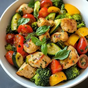 - 2 boneless, skinless chicken breasts, chopped into bite-sized pieces - 1 cup fresh broccoli florets - 1 red bell pepper, thinly sliced - 1 yellow zucchini, thinly sliced - 1 cup cherry tomatoes, halved - 2 cloves garlic, minced - 2 tablespoons extra virgin olive oil - 1 teaspoon dried Italian seasoning - Salt and freshly cracked black pepper, to taste The main stars of this dish are the chicken and colorful veggies. I love using chicken breasts because they cook quickly and taste great. Plus, they soak up flavors well. Fresh broccoli, red bell pepper, and yellow zucchini bring a balance of crunch and sweetness. The cherry tomatoes add a juicy burst, making every bite exciting. Garlic gives it a fragrant kick, while olive oil helps everything sizzle beautifully. - Fresh basil leaves - Other herbs Garnishing is a fun way to elevate your dish. Fresh basil leaves add a pop of color and flavor. You could also try other herbs like parsley or thyme. These add freshness and make your meal look fancy. - Alternative proteins - Different vegetables If you want to switch things up, you can use alternative proteins like shrimp or tofu. Both work well and add unique flavors. For veggies, feel free to get creative! Use snap peas, carrots, or even spinach. This recipe is versatile, and you can mix and match based on what you have on hand. {{ingredient_image_2}} Preparing the chicken First, grab two boneless, skinless chicken breasts. Chop them into bite-sized pieces. This helps them cook fast and evenly. Make sure each piece is about the same size. This way, they will all cook at the same time. Chopping vegetables Next, let&rsquo;s chop the veggies. You need fresh broccoli florets, a red bell pepper, and a yellow zucchini. Slice the bell pepper thinly. Cut the zucchini into rounds. Also, halve some cherry tomatoes to add at the end. Mince two cloves of garlic for a nice, strong flavor. Searing the chicken Now, heat two tablespoons of extra virgin olive oil in a large skillet over medium-high heat. When the oil shimmers, add the chopped chicken. Sprinkle it with salt, black pepper, and one teaspoon of dried Italian seasoning. Sear the chicken for about 5-7 minutes, stirring often. You want it golden brown and fully cooked. Adding vegetables Once the chicken is cooked, stir in the minced garlic. Cook it for one more minute. Then, add the chopped broccoli, bell pepper, and zucchini to the skillet. Toss everything together and cook for another 5 minutes. The veggies should be tender but still crisp. Finally, fold in the halved cherry tomatoes. Cook them for just 1-2 minutes until warmed through. Plating the dish To serve, use a large, decorative bowl. Spoon the colorful chicken and veggies into the bowl. This makes for a bright and inviting presentation. Garnish with fresh basil leaves for a pop of color and flavor. Pairing ideas You can enjoy this dish with a side of crusty bread. It&rsquo;s perfect for soaking up those delicious juices. A simple green salad also pairs well for a fresh touch. To ensure chicken is properly cooked, cut it into small pieces. This helps it cook evenly. Always check the chicken's center with a meat thermometer. It should reach 165&deg;F for safety. Use medium-high heat for a good sear. This gives the chicken a nice golden color. For perfectly tender vegetables, add them to the skillet after the chicken is cooked. This keeps them bright and crisp. Cook the veggies just until they are tender, about 5 minutes. This way, they maintain their nutrients and crunch. You can add spices or sauces for more flavor. Try garlic powder, paprika, or chili flakes for a kick. A splash of soy sauce or balsamic vinegar can deepen the taste. Mix and match spices to find your favorite blend. Adjusting seasoning to taste is key. After cooking, taste your dish and add salt or pepper if needed. Fresh herbs, like basil, can brighten up the dish. Always remember, it&rsquo;s easier to add than to remove. Prep ahead for quick meals. Chop your chicken and veggies the night before. Store them in airtight containers to keep them fresh. This cuts down your cooking time. Using pre-cut vegetables can save time, too. Many stores offer fresh, ready-to-cook veggies. This makes your Minute Chicken & Veggie Skillet even quicker to prepare. Pro Tips Perfectly Cooked Chicken: Ensure your chicken pieces are evenly sized for consistent cooking. This will help them brown nicely and cook through at the same time. Vegetable Crispness: To maintain the vibrant color and crunch of your vegetables, avoid overcooking them. They should be tender yet still firm. Flavor Boost: For an extra layer of flavor, consider marinating the chicken for at least 30 minutes in olive oil, garlic, and Italian seasoning before cooking. Fresh Herbs: Always add fresh herbs like basil at the end of cooking to preserve their flavor and aroma. They enhance the dish significantly when served fresh. {{image_4}} If you want a gluten-free meal, just skip any sauces with gluten. Use fresh herbs and spices for flavor. For a low-carb option, swap out the zucchini with cauliflower. Cauliflower has fewer carbs and adds a nice texture. Seasonal veggies can make your skillet new and exciting. In spring, use asparagus and peas. In fall, try adding Brussels sprouts or butternut squash. For protein swaps, you can use shrimp or tofu. Both options cook fast and taste great. To give your dish a Mediterranean twist, add olives and feta cheese. You can also use lemon juice for a bright flavor. For an Asian-inspired version, try soy sauce and sesame oil. Add snap peas or bok choy for a fresh crunch. To store leftovers, let the skillet cool down first. Place the chicken and veggies in an airtight container. You can keep them in the fridge for up to three days. When you want to eat them, check for any signs of spoilage. If they smell fine and look good, they are safe to eat. For freezing, use a freezer-safe container. Make sure to leave some space for expansion. You can freeze the dish for up to three months. When you want to enjoy it again, let it thaw overnight in the fridge. To reheat, warm it in a skillet over low heat. Stir occasionally until it's hot. You can also use the microwave for quick reheating. To make meal prep easy, cook a double batch of the skillet. Divide it into portion-sized containers. This way, you have quick meals ready for busy days. You can also chop the veggies ahead of time. Store them in the fridge for up to two days. This saves time and makes cooking faster. Cooking chicken in a skillet takes about 5-7 minutes for bite-sized pieces. If you use whole chicken breasts, it may take 10-12 minutes. Always check the chicken's center. It should reach 165&deg;F to be safe to eat. Cutting the chicken into smaller pieces cooks it faster and more evenly. Yes, you can use frozen vegetables! They are quick and easy. Just remember to cook them a bit longer. Fresh veggies offer a nice crunch and bright flavor. If using frozen, add them to the skillet right after the chicken is cooked. This way, they heat through without overcooking. This dish goes well with many sides. Here are some ideas: - Crusty bread to soak up the juices - Warm rice or quinoa for extra carbs - A light salad for freshness - Steamed or roasted potatoes for heartiness Feel free to mix and match based on what you enjoy! This blog post covered the key ingredients and steps to make a tasty chicken and veggie skillet dish. We discussed main ingredients, optional garnishes, and substitution ideas. You learned step-by-step instructions, from prepping to plating your meal. I also shared valuable tips on cooking techniques and flavor enhancements. Finally, we explored variations and storage options. Use these insights to craft your own delicious skillet meal. Enjoy cooking and experimenting with flavors!