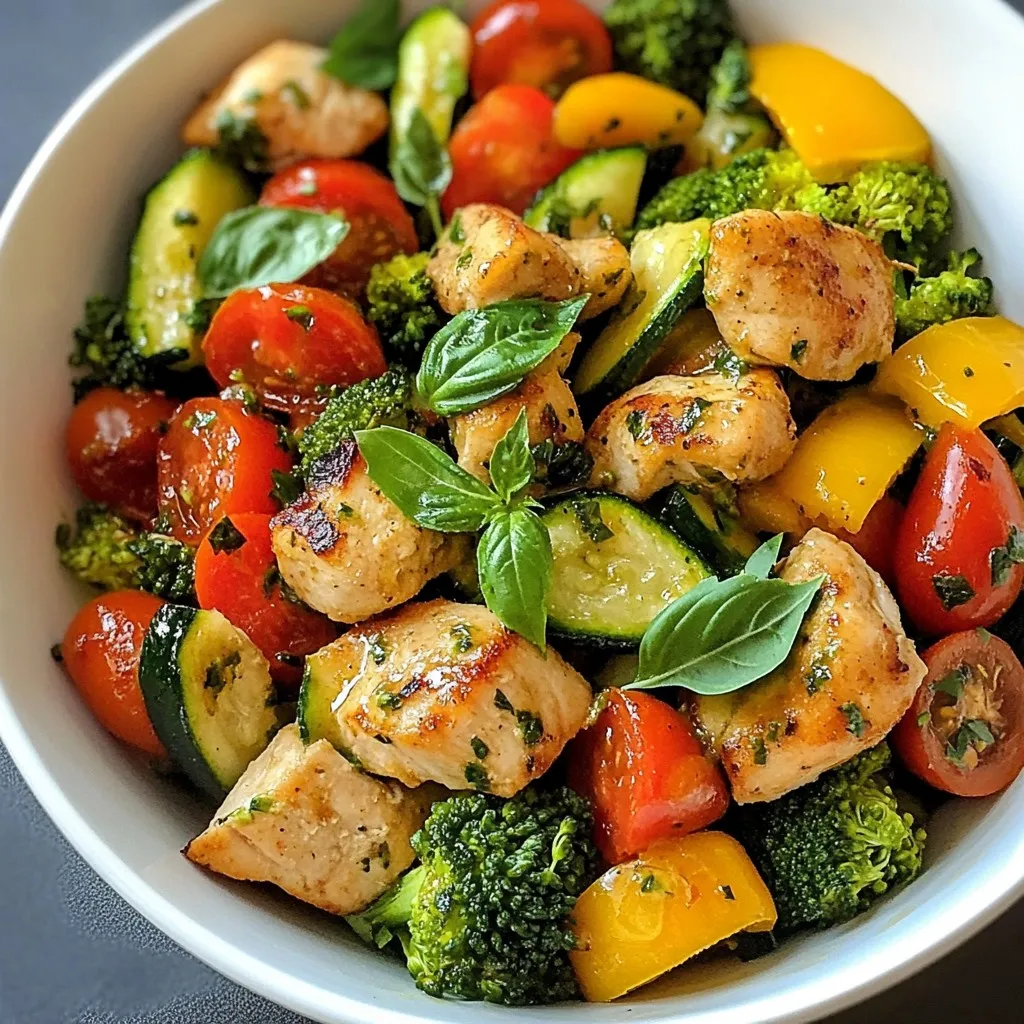 - 2 boneless, skinless chicken breasts, chopped into bite-sized pieces - 1 cup fresh broccoli florets - 1 red bell pepper, thinly sliced - 1 yellow zucchini, thinly sliced - 1 cup cherry tomatoes, halved - 2 cloves garlic, minced - 2 tablespoons extra virgin olive oil - 1 teaspoon dried Italian seasoning - Salt and freshly cracked black pepper, to taste The main stars of this dish are the chicken and colorful veggies. I love using chicken breasts because they cook quickly and taste great. Plus, they soak up flavors well. Fresh broccoli, red bell pepper, and yellow zucchini bring a balance of crunch and sweetness. The cherry tomatoes add a juicy burst, making every bite exciting. Garlic gives it a fragrant kick, while olive oil helps everything sizzle beautifully. - Fresh basil leaves - Other herbs Garnishing is a fun way to elevate your dish. Fresh basil leaves add a pop of color and flavor. You could also try other herbs like parsley or thyme. These add freshness and make your meal look fancy. - Alternative proteins - Different vegetables If you want to switch things up, you can use alternative proteins like shrimp or tofu. Both work well and add unique flavors. For veggies, feel free to get creative! Use snap peas, carrots, or even spinach. This recipe is versatile, and you can mix and match based on what you have on hand. {{ingredient_image_2}} Preparing the chicken First, grab two boneless, skinless chicken breasts. Chop them into bite-sized pieces. This helps them cook fast and evenly. Make sure each piece is about the same size. This way, they will all cook at the same time. Chopping vegetables Next, let’s chop the veggies. You need fresh broccoli florets, a red bell pepper, and a yellow zucchini. Slice the bell pepper thinly. Cut the zucchini into rounds. Also, halve some cherry tomatoes to add at the end. Mince two cloves of garlic for a nice, strong flavor. Searing the chicken Now, heat two tablespoons of extra virgin olive oil in a large skillet over medium-high heat. When the oil shimmers, add the chopped chicken. Sprinkle it with salt, black pepper, and one teaspoon of dried Italian seasoning. Sear the chicken for about 5-7 minutes, stirring often. You want it golden brown and fully cooked. Adding vegetables Once the chicken is cooked, stir in the minced garlic. Cook it for one more minute. Then, add the chopped broccoli, bell pepper, and zucchini to the skillet. Toss everything together and cook for another 5 minutes. The veggies should be tender but still crisp. Finally, fold in the halved cherry tomatoes. Cook them for just 1-2 minutes until warmed through. Plating the dish To serve, use a large, decorative bowl. Spoon the colorful chicken and veggies into the bowl. This makes for a bright and inviting presentation. Garnish with fresh basil leaves for a pop of color and flavor. Pairing ideas You can enjoy this dish with a side of crusty bread. It’s perfect for soaking up those delicious juices. A simple green salad also pairs well for a fresh touch. To ensure chicken is properly cooked, cut it into small pieces. This helps it cook evenly. Always check the chicken's center with a meat thermometer. It should reach 165°F for safety. Use medium-high heat for a good sear. This gives the chicken a nice golden color. For perfectly tender vegetables, add them to the skillet after the chicken is cooked. This keeps them bright and crisp. Cook the veggies just until they are tender, about 5 minutes. This way, they maintain their nutrients and crunch. You can add spices or sauces for more flavor. Try garlic powder, paprika, or chili flakes for a kick. A splash of soy sauce or balsamic vinegar can deepen the taste. Mix and match spices to find your favorite blend. Adjusting seasoning to taste is key. After cooking, taste your dish and add salt or pepper if needed. Fresh herbs, like basil, can brighten up the dish. Always remember, it’s easier to add than to remove. Prep ahead for quick meals. Chop your chicken and veggies the night before. Store them in airtight containers to keep them fresh. This cuts down your cooking time. Using pre-cut vegetables can save time, too. Many stores offer fresh, ready-to-cook veggies. This makes your Minute Chicken & Veggie Skillet even quicker to prepare. Pro Tips Perfectly Cooked Chicken: Ensure your chicken pieces are evenly sized for consistent cooking. This will help them brown nicely and cook through at the same time. Vegetable Crispness: To maintain the vibrant color and crunch of your vegetables, avoid overcooking them. They should be tender yet still firm. Flavor Boost: For an extra layer of flavor, consider marinating the chicken for at least 30 minutes in olive oil, garlic, and Italian seasoning before cooking. Fresh Herbs: Always add fresh herbs like basil at the end of cooking to preserve their flavor and aroma. They enhance the dish significantly when served fresh. {{image_4}} If you want a gluten-free meal, just skip any sauces with gluten. Use fresh herbs and spices for flavor. For a low-carb option, swap out the zucchini with cauliflower. Cauliflower has fewer carbs and adds a nice texture. Seasonal veggies can make your skillet new and exciting. In spring, use asparagus and peas. In fall, try adding Brussels sprouts or butternut squash. For protein swaps, you can use shrimp or tofu. Both options cook fast and taste great. To give your dish a Mediterranean twist, add olives and feta cheese. You can also use lemon juice for a bright flavor. For an Asian-inspired version, try soy sauce and sesame oil. Add snap peas or bok choy for a fresh crunch. To store leftovers, let the skillet cool down first. Place the chicken and veggies in an airtight container. You can keep them in the fridge for up to three days. When you want to eat them, check for any signs of spoilage. If they smell fine and look good, they are safe to eat. For freezing, use a freezer-safe container. Make sure to leave some space for expansion. You can freeze the dish for up to three months. When you want to enjoy it again, let it thaw overnight in the fridge. To reheat, warm it in a skillet over low heat. Stir occasionally until it's hot. You can also use the microwave for quick reheating. To make meal prep easy, cook a double batch of the skillet. Divide it into portion-sized containers. This way, you have quick meals ready for busy days. You can also chop the veggies ahead of time. Store them in the fridge for up to two days. This saves time and makes cooking faster. Cooking chicken in a skillet takes about 5-7 minutes for bite-sized pieces. If you use whole chicken breasts, it may take 10-12 minutes. Always check the chicken's center. It should reach 165°F to be safe to eat. Cutting the chicken into smaller pieces cooks it faster and more evenly. Yes, you can use frozen vegetables! They are quick and easy. Just remember to cook them a bit longer. Fresh veggies offer a nice crunch and bright flavor. If using frozen, add them to the skillet right after the chicken is cooked. This way, they heat through without overcooking. This dish goes well with many sides. Here are some ideas: - Crusty bread to soak up the juices - Warm rice or quinoa for extra carbs - A light salad for freshness - Steamed or roasted potatoes for heartiness Feel free to mix and match based on what you enjoy! This blog post covered the key ingredients and steps to make a tasty chicken and veggie skillet dish. We discussed main ingredients, optional garnishes, and substitution ideas. You learned step-by-step instructions, from prepping to plating your meal. I also shared valuable tips on cooking techniques and flavor enhancements. Finally, we explored variations and storage options. Use these insights to craft your own delicious skillet meal. Enjoy cooking and experimenting with flavors!
