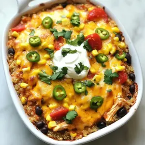 Here is what you need to make Southwest Chicken Casserole: - 2 cups cooked chicken, shredded - 1 can (15 ounces) black beans, drained and rinsed - 1 can (15 ounces) corn, drained - 1 can (14.5 ounces) diced tomatoes with green chilies - 1 cup cooked quinoa or rice - 1 cup shredded cheddar cheese, plus extra for topping - 1 teaspoon chili powder - 1 teaspoon ground cumin - 1 teaspoon garlic powder - Salt and pepper to taste - 1 cup salsa (your choice of spiciness) - 1/2 cup sour cream, plus extra for serving - Fresh cilantro, chopped (for garnish) Each ingredient adds a special touch. The cooked chicken gives protein and flavor. Black beans add fiber and texture. Corn brings a sweet crunch. Diced tomatoes with green chilies provide a zesty kick. Quinoa or rice acts as a hearty base. Shredded cheddar cheese makes it creamy and rich. Spices like chili powder, cumin, and garlic powder enhance the dish. Salt and pepper ensure all the flavors pop. Salsa adds a tangy depth, while sour cream gives a cool contrast. Finally, fresh cilantro brightens the casserole, making it truly delightful. Gather these ingredients, and you are ready to create a tasty meal that everyone will love! {{ingredient_image_2}} First, set your oven to 350&deg;F (175&deg;C). This step gets your oven ready for baking. A hot oven helps the casserole cook evenly and brown nicely. In a large bowl, mix the following items: - 2 cups cooked chicken, shredded - 1 can (15 ounces) black beans, drained and rinsed - 1 can (15 ounces) corn, drained - 1 can (14.5 ounces) diced tomatoes with green chilies - 1 cup cooked quinoa or rice - 1 cup salsa - 1 teaspoon chili powder - 1 teaspoon ground cumin - 1 teaspoon garlic powder - Salt and pepper to taste Stir everything well. Make sure each ingredient gets mixed in. This ensures every bite is packed with flavor. Next, take a 9x13-inch baking dish. Lightly grease it with cooking spray or olive oil. - Spread half of the chicken mixture across the bottom. - Add half of the sour cream on top and spread it gently. - Sprinkle half of the shredded cheddar cheese over the sour cream. Now, add the rest of the chicken mixture. Spread it out evenly. - Follow with the remaining sour cream and cheese. This layering helps create a great texture and flavor. Cover the casserole with aluminum foil. This keeps it moist while it cooks. Place it in the oven. Bake for 25 minutes. After that, remove the foil. Bake for another 15-20 minutes. Look for cheese that is melted and bubbly. Once done, let the casserole cool for 5-10 minutes. This makes it easier to serve. - Garnish with fresh cilantro. - Offer extra sour cream on the side for those who like it creamy. Now it&rsquo;s ready to enjoy! To make your Southwest Chicken Casserole even tastier, try these tips: - Use fresh herbs: Fresh cilantro adds a nice touch. Sprinkle it on top before serving. - Add lime juice: A squeeze of lime brightens the dish and enhances flavors. - Experiment with spices: Try adding paprika or cayenne for more heat. Adjust to your taste. - Mix in some cheese: Use different types of cheese like pepper jack for extra flavor. Here are some techniques to ensure your casserole comes out perfect: - Layering is key: Make sure to layer the ingredients well. This helps with even cooking. - Don&rsquo;t skip the foil: Cover the casserole while baking. This keeps it moist and tasty. - Let it rest: Allow the casserole to sit after baking. This makes slicing easier and keeps it together. Avoid these pitfalls to make a perfect casserole: - Not draining canned goods: Always drain and rinse black beans and corn. This prevents excess liquid. - Overbaking: Keep an eye on the cheese. You want it bubbly, not burnt. - Skipping seasoning: Don&rsquo;t forget to season with salt and pepper. It makes a big difference! - Using cold ingredients: Ensure your ingredients are at room temperature. This helps with even cooking. Pro Tips Use Leftover Chicken: This recipe is perfect for using up leftover rotisserie chicken or any other cooked chicken you have on hand. Customize Your Spice Level: Adjust the spiciness of your casserole by choosing a mild or hot salsa, or by adding diced jalape&ntilde;os for an extra kick. Make it Ahead: You can prepare this casserole a day in advance. Just cover it tightly and refrigerate until you're ready to bake it. Garnish for Freshness: Fresh cilantro and a dollop of sour cream add a burst of flavor and freshness that enhances the dish beautifully. {{image_4}} You can easily switch the chicken for other proteins. Ground turkey or beef works great. You could also use shredded pork for a different flavor. Tofu is another option if you want a plant-based protein. It holds onto the spices well. Feel free to swap any ingredients to match your taste. Use kidney beans instead of black beans for a change. If you prefer, swap the corn for bell peppers for some crunch. You can also use brown rice instead of quinoa for heartiness. To make this casserole vegan, replace chicken with chickpeas or lentils. Use a dairy-free cheese and sour cream for creamy texture. For gluten-free, ensure your salsa is gluten-free. All other ingredients are naturally gluten-free too. To store leftovers, let the casserole cool first. Place it in an airtight container. You can keep it in the fridge for up to four days. For best taste, eat it within two days. When you're ready to eat, preheat your oven to 350&deg;F (175&deg;C). Place the casserole in a baking dish. Cover it with foil to keep it moist. Heat for about 20 minutes or until it's hot all the way through. You can also use the microwave. Just heat it in short bursts, stirring between each one. If you want to freeze the casserole, make sure it&rsquo;s completely cool. Wrap it tightly in plastic wrap, then cover it with foil. This helps prevent freezer burn. It can last in the freezer for up to three months. To reheat, thaw it in the fridge overnight. Then bake it at 350&deg;F (175&deg;C) until hot. You can use turkey or shredded beef. Tofu works well for a vegetarian option. Cooked beans or lentils can also replace meat. These options keep the dish hearty and flavorful. Yes, you can use brown rice. It adds a nice texture. Make sure it is cooked before mixing. Brown rice is a great source of fiber too. The spice level depends on your salsa. Mild salsa makes a gentle dish. Hot salsa gives it a kick. You can adjust the spice by adding more or less chili powder. Absolutely! You can assemble it the night before. Just cover and keep it in the fridge. Bake it the next day when you&rsquo;re ready to eat. This casserole pairs well with a green salad. You can serve it with tortilla chips too. Guacamole and sour cream on the side add extra creaminess. Enjoy your meal! This blog post covered how to make a tasty Southwest Chicken Casserole. We looked at the key ingredients, step-by-step instructions, and helpful tips. You learned about variations, like protein swaps and vegan options. I also shared storage tips for leftovers. Now, it's time for you to try this dish! With simple steps and great flavor, you'll impress everyone at your table. Enjoy cooking and sharing your delicious creation!