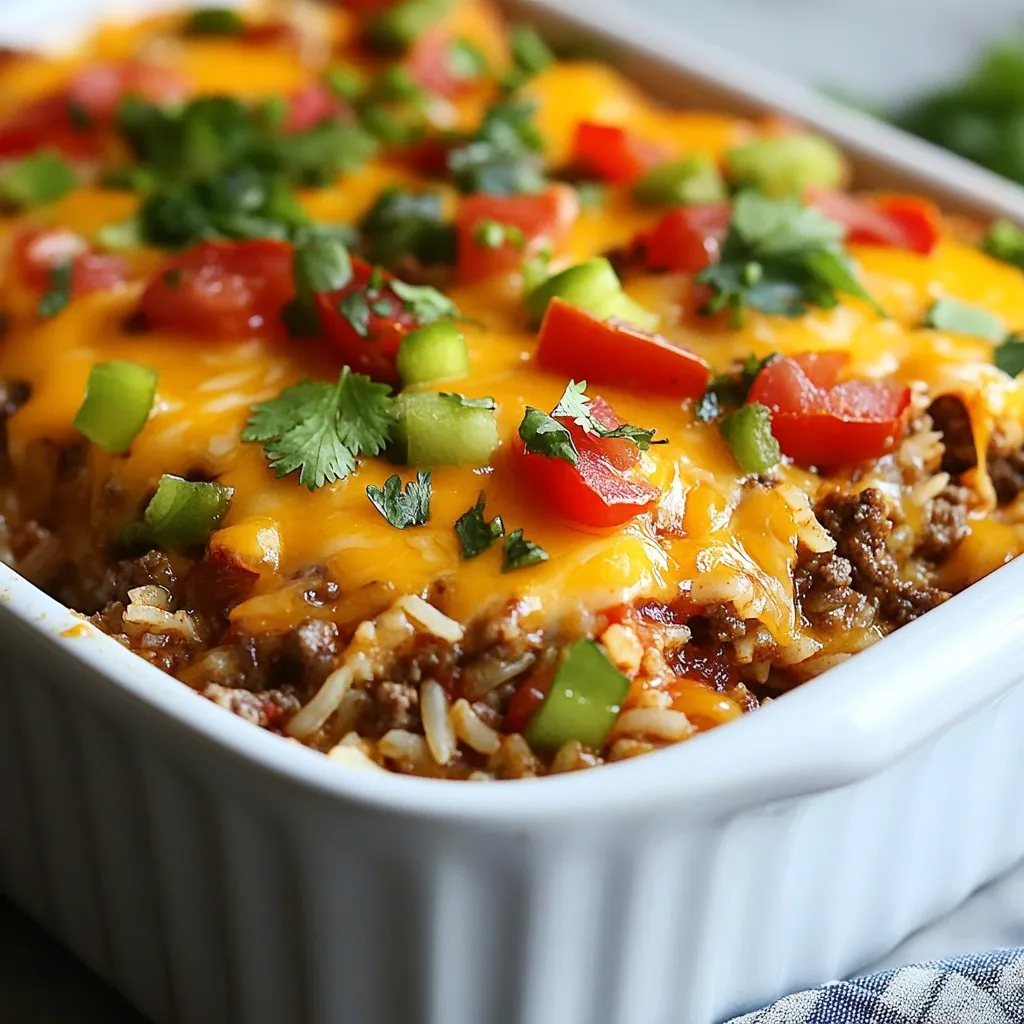 - 1 pound ground beef - 1 cup long-grain white rice, rinsed thoroughly - 1 cup smoked cheddar cheese, freshly shredded - 1 small onion, finely diced - 2 cloves garlic, minced - 1 bell pepper (any color), diced into small pieces - 3 cups beef broth (preferably low-sodium) - 1 teaspoon smoked paprika - 1 teaspoon dried oregano In this casserole, each ingredient plays a key role. The ground beef gives a hearty base. Long-grain white rice absorbs the flavors well. It also makes the dish filling. Smoked cheddar cheese adds a unique twist. It brings a rich, smoky taste that blends beautifully. Aromatics like onion, garlic, and bell pepper add depth. They bring sweetness and a nice aroma. When you sauté them, they become tender and flavorful. This step is crucial for crafting a tasty dish. The seasonings also matter. Beef broth gives moisture and flavor. Smoked paprika adds a warm, smoky note. Dried oregano brings a hint of earthiness. Together, they enhance the overall taste. These ingredients come together for a comforting meal. Each bite will leave you wanting more. {{ingredient_image_2}} 1. First, preheat your oven to 350°F (175°C). This step is key. It gets the oven ready for baking. 2. Next, grab a large oven-safe skillet or casserole dish. Pour in 1 tablespoon of extra virgin olive oil. 3. Warm the oil over medium heat. Once hot, add 1 small diced onion and 1 diced bell pepper. 4. Sauté these for about 3-4 minutes. You want them tender and smelling great. 1. Now, add 2 minced garlic cloves and 1 pound of ground beef to the skillet. 2. Cook the beef, breaking it up with a spatula. It should be browned with no pink spots left. 3. Drain any excess fat from the pan. This keeps your casserole from being greasy. 4. Sprinkle in 1 teaspoon of smoked paprika and 1 teaspoon of dried oregano. Stir well to mix the flavors. 5. Season with salt and freshly cracked pepper to your taste. This step boosts the dish’s flavor. 1. Add 1 cup of rinsed long-grain white rice and 1 can of drained diced tomatoes to the beef. 2. Stir everything together gently. You want the rice and tomatoes mixed well with the beef. 3. Slowly pour in 3 cups of beef broth. Make sure everything is well combined. 4. Bring this mixture to a gentle simmer. Once simmering, evenly sprinkle 1 cup of shredded smoked cheddar cheese on top. 1. Cover the skillet or casserole dish with a lid or aluminum foil. 2. Carefully place it in the preheated oven. Bake for 30-35 minutes. Check if the rice is tender and liquid mostly absorbed. 3. When it's done, remove it from the oven. Let it rest for about 5 minutes. 4. Using a fork, fluff the casserole gently. This mixes the layers nicely. 5. If you like, garnish with fresh cilantro or parsley for a pop of color. Enjoy your Smoked Cheddar Beef & Rice Casserole! - Choosing the right rice: I always use long-grain white rice for a fluffy texture. It cooks evenly and absorbs flavors well. If you prefer, jasmine rice also works great. - Adjusting liquid for preferences: You may want more or less liquid based on your taste. If you like a creamier casserole, add a bit more broth. For a drier texture, reduce the liquid slightly. - Additional seasonings to try: You can enhance the flavor with a pinch of cayenne pepper for some heat. A dash of garlic powder can also add depth. - Suggestions for garnishing: Fresh cilantro or parsley makes a lovely topping. A sprinkle of green onions adds a nice crunch too. - Adjusting for different ovens: Every oven is unique. If yours runs hot, check the casserole a few minutes early. It should be bubbly and golden on top. - Ensuring even cooking: Stir the casserole halfway through baking. This helps distribute heat and ensures the rice cooks evenly. Pro Tips Choose Your Cheese: Experiment with different types of cheese, like gouda or pepper jack, to give the casserole a unique flavor twist. Rice Rinsing: Always rinse your rice thoroughly before cooking to remove excess starch, which helps prevent the casserole from becoming sticky. Customize Your Veggies: Feel free to add your favorite vegetables, such as zucchini or spinach, for added nutrition and flavor. Let It Rest: Allow the casserole to rest for a few minutes after baking; this helps the flavors meld and makes it easier to serve. {{image_4}} You can change the cheese in this dish. Try mozzarella, pepper jack, or gouda for a twist. Each cheese gives the casserole its unique taste. If you want a vegetarian version, swap ground beef for lentils, beans, or mushrooms. This keeps the dish hearty and full of flavor. To spice things up, add cayenne pepper, red pepper flakes, or jalapeños. These will give your casserole a nice kick. You can also mix in different vegetables like zucchini, corn, or spinach. They add nutrition and color, making your meal even better. This casserole pairs well with a fresh green salad or crusty bread. You can also serve it with some sour cream or avocado slices for a creamy touch. For a fun twist, top the casserole with crushed tortilla chips or a sprinkle of green onions. This adds crunch and extra flavor to each bite. To keep your smoked cheddar beef and rice casserole fresh, follow these tips: - Refrigeration tips: Place leftover casserole in an airtight container. It will stay good in the fridge for up to 3 days. Always cool it down before sealing the container. - Freezing instructions: For longer storage, freeze the casserole. Use a freezer-safe container or wrap it tightly in plastic wrap. It can last up to 3 months in the freezer. Thaw it in the fridge overnight before reheating. When it's time to enjoy your casserole again, here are the best ways to reheat it: - Best methods for reheating: The oven method works best. Preheat your oven to 350°F (175°C). Place the casserole in a baking dish and cover it with foil. Heat for about 20-30 minutes, or until hot. You can also use the microwave. Heat in 1-minute intervals, stirring in between, until warmed through. - Ensuring quality after storage: Adding a little broth can help keep it moist while reheating. Check the texture and taste before serving. If needed, you can sprinkle fresh cheese on top while reheating for extra flavor. How to make the casserole ahead of time? You can prepare the casserole a day before. Follow the recipe, but don’t bake it yet. After mixing the ingredients, cover the dish and store it in the fridge. When you’re ready to bake, just pop it in the oven. It might need a few extra minutes to cook. Can I use brown rice instead of white rice? Yes, you can use brown rice. Just remember that brown rice takes longer to cook. You should also add more broth to help it cook through. A good rule is to add 1/2 cup more broth and increase the baking time by 10-15 minutes. What if I don’t have smoked paprika? If you lack smoked paprika, use regular paprika. Add a pinch of cayenne pepper for a hint of smokiness. You can also try a mix of regular paprika and a dash of liquid smoke for extra flavor. Can I substitute ground turkey for beef? Absolutely! Ground turkey is a great swap. It will make the dish lighter. You can cook it just like the beef. The flavors from the cheese and spices will still shine through. How to make it gluten-free? This casserole is simple to make gluten-free. Use gluten-free broth and check that your smoked cheddar is gluten-free. The rice is naturally gluten-free, so you’re all set! Dairy-free alternatives for the cheese? For a dairy-free option, try using vegan cheese. Look for a brand that melts well. Nutritional yeast can also add a cheesy flavor if you want to skip the cheese entirely. This blog post shared how to make a tasty casserole. We covered essential ingredients, like beef and cheese. Preparing the dish involved sautéing vegetables and cooking beef. I also provided tips for perfect texture and flavor. You can swap ingredients and adjust cooking times to suit your taste. Store leftovers correctly and reheat to enjoy later. With these steps, you can create a delicious meal for friends and family. Enjoy experimenting with the recipe and making it your own!
