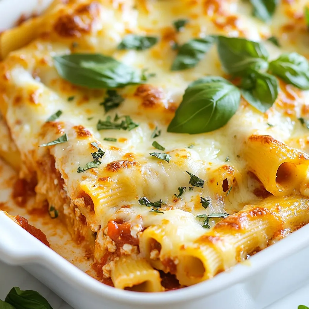 - 1 pound ziti pasta - 1 cup ricotta cheese - 1 cup mozzarella cheese, shredded - 1 cup parmesan cheese, grated - 1/2 cup gorgonzola cheese, crumbled - 1/2 cup cheddar cheese, shredded - 3 cups marinara sauce - 1 tablespoon olive oil - 2 cloves garlic, minced - 1 teaspoon dried oregano - 1 teaspoon dried basil - Salt and pepper to taste - Fresh basil leaves for garnish (optional) To make Five Cheese Ziti, you need a mix of cheeses. The ricotta gives a creamy base. Mozzarella provides stretch, while parmesan adds sharpness. Gorgonzola brings a tangy kick, and cheddar gives a rich flavor. Combine these with ziti pasta for a hearty dish. Marinara sauce ties it together, making it rich and flavorful. - Alternative cheese choices - Homemade versus store-bought marinara sauce - Additional herbs or spices You can switch up the cheeses to suit your taste. Go for Fontina or goat cheese for a twist. If you have time, try making your own marinara. It adds a fresh touch. You can also add herbs or spices like red pepper flakes for heat. These small changes can elevate your dish even more. {{ingredient_image_2}} - Preheat your oven to 375°F (190°C). This gets it hot for baking. - In a pot of boiling salted water, cook the ziti pasta. Aim for an al dente texture. Drain it and set aside in a large mixing bowl. - In a skillet, add 1 tablespoon of olive oil over medium heat. Once it shimmers, add 2 cloves of minced garlic. Sauté for about 1 minute until fragrant and golden. - In your large mixing bowl, combine the drained ziti, 1 cup of ricotta cheese, 1 cup of shredded mozzarella cheese, and ½ cup of grated parmesan cheese. - Pour in half of the marinara sauce from the skillet. Mix everything well to coat the pasta. - Spread a layer of the remaining marinara sauce in a large baking dish. This will be the base for your ziti. - Spoon half of the ziti mixture on top of the marinara. Spread it evenly. - Add half of the crumbled gorgonzola and ½ cup of shredded cheddar cheese on top for extra flavor. - Pour another layer of marinara sauce over this first ziti layer. Then add the remaining ziti mixture on top. Spread it evenly again. - Top this layer with the rest of the marinara sauce. Make sure the ziti is covered. Finally, sprinkle the last bits of mozzarella, gorgonzola, cheddar, and parmesan cheese on top. - Cover the baking dish tightly with aluminum foil. This keeps the moisture in. Bake it in the oven for 25 minutes. - After 25 minutes, remove the foil. Bake for another 15 minutes. This gives you a bubbly and golden-brown cheese top. - Let the ziti cool for a few minutes. Slice into portions and serve hot. If you like, garnish with fresh basil leaves for a nice touch. To get a great cheese melt, choose the right cheese blend. My favorite mix includes mozzarella, ricotta, and gorgonzola. These cheeses melt well and give great flavor. Bake your ziti at 375°F (190°C). This temperature helps all the cheeses blend nicely. Cover with foil for the first part of baking, then remove it for a bubbly top. Avoid overcooked ziti by cooking it just until al dente. This means it should be firm but not hard. Follow the package directions closely for the best results. Salting the water is key for flavor. Use about one tablespoon of salt per gallon of water. This simple step makes a big difference in taste. Feel free to add more herbs or spices to boost flavor. Basil and oregano work well, but try adding red pepper flakes for heat. You can also customize your marinara sauce. Consider adding sautéed onions or bell peppers for extra depth. These tweaks make your dish even more delicious and unique. Pro Tips Use Fresh Herbs: Fresh basil can elevate the flavor of your ziti. Add it just before serving to maintain its vibrant taste and color. Experiment with Cheeses: Feel free to mix and match different cheeses based on your preference. A blend of smoked gouda or fontina can add an interesting twist. Make Ahead: You can prepare the ziti in advance and store it in the refrigerator. Just bake it when you're ready to serve, adding a few extra minutes to the cooking time. Check for Doneness: Keep an eye on the cheese crust while baking. If it’s not browning as you’d like, you can broil it for a few minutes at the end for a golden finish. {{image_4}} You can swap cheeses in this recipe. Try gouda or fontina for a twist. These cheeses melt well and add a creamy texture. If you're vegan, use cashew cheese or a store-bought vegan blend. They work great and keep the dish tasty. Want to make it heartier? Add cooked ground beef, turkey, or sausage. Brown the meat in a pan and mix it in before baking. You can also add veggies like spinach, mushrooms, or bell peppers. This gives more flavor and nutrients to your meal. For a gluten-free version, choose gluten-free pasta. Rice or quinoa pasta works well. Just watch the cooking time, as these may cook faster. Check the package for details. This way, everyone can enjoy the cheesy goodness! After enjoying your Five Cheese Ziti, store any leftovers for the next day. Use an airtight container to keep it fresh. This helps prevent the pasta from drying out or absorbing other fridge smells. Your ziti can last in the fridge for about three to four days. Just make sure it’s cooled down before you store it. To freeze your Five Cheese Ziti, first let it cool completely. Then, transfer it to a freezer-safe container. You can also wrap it tightly in plastic wrap and then foil for added protection. This way, it stays fresh for up to three months. When you’re ready to enjoy it again, take it out and let it thaw in the fridge overnight. Reheat it in the oven at 350°F (175°C) until it’s hot throughout. If it's frozen, it may take about an hour. Cover it with foil to keep moisture in, then uncover for a nice crust at the end. Enjoy every cheesy bite! You can use cottage cheese instead of ricotta. It gives a similar texture. For a dairy-free option, try blended silken tofu. It will mimic the creaminess well. If you want a thicker mix, blend the tofu with a bit of lemon juice. This helps add a fresh flavor. Yes, you can prep it a day in advance. Just assemble the dish, cover it, and store it in the fridge. When you are ready to bake, let it sit at room temperature for 30 minutes. This helps with even cooking. For reheating, cover it with foil initially. Bake at 375°F (190°C) for 25 minutes, then uncover for 10 more minutes. This keeps the cheese nice and melty. Add red pepper flakes to the marinara sauce. You can also mix in some diced jalapeños for a kick. If you want a smoky flavor, try adding chipotle powder. Pair these spices with fresh herbs like cilantro for a unique taste. Five Cheese Ziti is a fun and easy dish to make. We covered the main ingredients, step-by-step instructions, and clever tips to help you succeed. You can mix different cheeses and customize the recipe. Storing leftovers is simple, and we even shared answers to common questions. I hope you feel ready to create your own cheesy ziti masterpiece. Enjoy every bite, and don’t hesitate to get creative!
