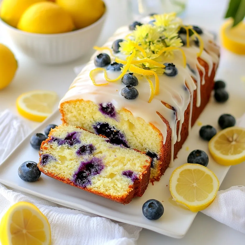 To make the Lemon Blueberry Loaf, gather these items: - 1 ½ cups all-purpose flour - 1 teaspoon baking powder - ½ teaspoon baking soda - ½ teaspoon salt - ½ cup unsalted butter, softened - 1 cup granulated sugar - 2 large eggs, at room temperature - Zest of 1 lemon (about 1 tablespoon) - 2 tablespoons freshly squeezed lemon juice - 1 teaspoon pure vanilla extract - ½ cup buttermilk, at room temperature - 1 cup fresh blueberries (or frozen, thawed and drained) - Optional: ½ cup powdered sugar for icing You may wonder if fresh or frozen blueberries work better. I prefer fresh blueberries for their taste and texture. They burst with flavor when baked. However, frozen blueberries are a great option too. Just make sure to thaw and drain them before adding them to your batter. This helps avoid too much moisture in your loaf. You can change some ingredients if needed. Here are a few ideas: - Use coconut oil instead of butter for a dairy-free option. - Swap granulated sugar with coconut sugar for a healthier choice. - If you don't have buttermilk, mix ½ cup of milk with 1 teaspoon of lemon juice. Let it sit for a few minutes to thicken. - You can add lemon extract instead of lemon juice for a stronger lemon flavor. These substitutions will help you adapt the recipe based on what you have at home. {{ingredient_image_2}} First, set your oven to 350°F (175°C). While it warms, take a 9x5 inch loaf pan. Grease it with butter or line it with parchment paper. This will help you take the loaf out easily later. Grab a medium bowl. Add 1 ½ cups of all-purpose flour, 1 teaspoon of baking powder, ½ teaspoon of baking soda, and ½ teaspoon of salt. Whisk these dry ingredients well. This step is key for even rising and flavor. In a large mixing bowl, put ½ cup of softened unsalted butter and 1 cup of granulated sugar. Use an electric mixer on medium speed. Beat it for 3 to 4 minutes until it looks light and fluffy. This creates a nice base for your loaf. Next, add 2 large eggs, one at a time. Mix well after each egg. Then, add the zest of 1 lemon, 2 tablespoons of lemon juice, and 1 teaspoon of vanilla extract. Keep mixing until everything is well combined. This step adds brightness and flavor. Now, slowly mix the dry ingredients into the wet mixture. Alternate with ½ cup of buttermilk. Start and finish with dry ingredients. Mix gently until just combined. Avoid overmixing to keep the loaf tender and soft. Carefully fold in 1 cup of fresh blueberries. Be gentle to keep them whole. Pour the batter into your prepared loaf pan. Smooth the top with a spatula. Bake for 55 to 65 minutes. Check with a toothpick; it should come out clean or with a few crumbs. Let it cool in the pan for 10 minutes, then move it to a wire rack to cool completely. Enjoy your delicious lemon blueberry loaf! To keep your loaf moist, use room-temperature eggs and buttermilk. This helps the batter mix well. Mix the wet and dry ingredients gently. Overmixing can lead to a dry loaf. Folding in the blueberries softly also helps maintain moisture. You may add a bit more buttermilk if the batter seems too thick. Preheat your oven to 350°F (175°C) for even baking. Use an oven thermometer to check the temperature. Ovens can vary, and a small difference can affect your loaf. Place the loaf pan in the center of the oven. This ensures it gets heat from all sides. Once your loaf is cool, wrap it tightly in plastic wrap. This keeps it fresh for several days. You can also store slices in an airtight container. If you want to save it longer, freeze the slices. Just wrap them well and place them in a freezer bag. They can last up to three months. To enjoy, thaw at room temperature or warm in the oven. Pro Tips Use Room Temperature Ingredients: Ensuring your butter, eggs, and buttermilk are at room temperature helps to create a smooth batter and promotes even baking. Don’t Overmix the Batter: Mix until just combined to maintain a tender texture. Overmixing can lead to a dense loaf. Fresh vs. Frozen Blueberries: If using frozen blueberries, make sure to thaw and drain them to prevent excess moisture in the batter. Check for Doneness: Insert a toothpick in the center of the loaf. It should come out clean or with a few moist crumbs for the perfect bake. {{image_4}} You can easily boost the flavor and texture of your Lemon Blueberry Loaf by adding nuts or seeds. Walnuts or pecans make a great choice. They add crunch and a rich taste. Simply fold in ½ cup of chopped nuts during the last mixing stage. If you prefer seeds, sunflower or chia seeds work well too. Just sprinkle in the same amount, and enjoy the added nutrition! Want to switch things up? Make Lemon Blueberry Muffins instead! Use the same batter, but portion it into a muffin tin. Fill each cup about two-thirds full. Bake at 350°F (175°C) for about 18-20 minutes. You’ll have fluffy muffins bursting with lemon and blueberry flavor. Perfect for breakfast or a snack! For a gluten-free option, swap the all-purpose flour with a gluten-free blend. Make sure it has a good structure, like one with xanthan gum. The rest of the ingredients stay the same. Follow the same steps, and you will have a moist, delicious loaf that everyone can enjoy. It's perfect for those with gluten sensitivities! To keep your Lemon Blueberry Loaf fresh, wrap it tightly in plastic wrap. This helps stop air from drying it out. You can also store it in an airtight container. Place it in a cool, dry place. Your loaf will stay good for about three days at room temperature. If you want it to last longer, try freezing it. Freezing your loaf is simple. First, let it cool completely. Then, wrap it in plastic wrap and foil. This extra layer helps prevent freezer burn. You can freeze it for up to three months. When you’re ready to eat, just take it out and let it thaw at room temperature. To reheat your Lemon Blueberry Loaf, preheat the oven to 350°F (175°C). Remove the loaf from any wrapping. Place it on a baking sheet for about 10-15 minutes. This will warm it up nicely without drying it out. For a quick option, you can also microwave a slice for about 15-20 seconds. Enjoy it warm for the best taste! Yes, you can. Some great options include raspberries, strawberries, or blackberries. Each fruit brings its own flavor. Adjust the sugar if you use tart fruits. You can also mix different fruits for a unique twist. If your loaf turns out dry, add a simple syrup. Mix equal parts sugar and water, then heat until the sugar dissolves. Brush this syrup on your loaf after it cools. You can also serve with whipped cream or a fruit compote for added moisture. You can make a quick substitute. Mix one cup of milk with one tablespoon of vinegar or lemon juice. Let it sit for five minutes. This will mimic buttermilk’s tangy flavor and acidity. You can also use yogurt or sour cream thinned with water. The loaf stays fresh for about three days at room temperature. Store it in an airtight container. If you want to keep it longer, freeze it. Wrapped well, it can last up to three months in the freezer. Just thaw it overnight in the fridge before serving. This blog post explored making a delicious lemon blueberry loaf. We covered ingredients, including fresh versus frozen blueberries. I shared key steps, tips for moisture, and storage methods. You learned ways to customize your loaf, like adding nuts or making muffins. Remember, baking should be fun and creative. Experiment with flavors, and don't fear mistakes. Enjoy your baking and savor each slice of your lemon blueberry loaf!