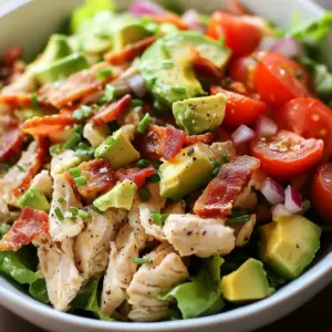 To make a great BLT Chicken Salad, gather these fresh ingredients: - 2 cups cooked chicken, shredded - 4 slices of crispy turkey bacon, crumbled - 1 large ripe tomato, diced - 1 creamy avocado, diced - 1 cup crunchy romaine lettuce, chopped - 1/4 cup red onion, finely diced - 1/2 cup ranch dressing - 1 tablespoon freshly squeezed lemon juice - Salt and freshly cracked black pepper to taste - Fresh chives, finely chopped (for garnish) Each ingredient brings its own special taste. The cooked chicken offers protein and heartiness. Turkey bacon gives a crispy, smoky note. Tomatoes add a juicy burst, while avocado lends creaminess. Romaine lettuce provides crunch, and red onion gives a slight bite. The ranch dressing, mixed with lemon juice, ties all the flavors together. Use fresh ingredients for the best taste. A ripe avocado and a firm tomato make a big difference. If you want to make it lighter, you can swap the ranch dressing for a yogurt-based option. This salad is not only tasty but also colorful and fun to eat! {{ingredient_image_2}} - In a large mixing bowl, combine the shredded chicken, crumbled turkey bacon, diced tomato, creamy diced avocado, crunchy chopped romaine lettuce, and finely diced red onion. Mix gently to combine all the ingredients evenly. This step is key. You want to make sure every bite is full of flavor. - In a separate small bowl, whisk together the ranch dressing and freshly squeezed lemon juice until the mixture is smooth and well blended. This adds a zesty brightness to the dressing. Bright flavors make the salad exciting. The lemon juice wakes up the ranch. - Pour the ranch dressing mixture over the chicken and vegetable combination in the large bowl. Gently toss everything together until each ingredient is evenly coated with the creamy dressing. Coating everything well ensures that you get that rich flavor in every bite. - Season the salad with salt and freshly cracked black pepper to taste. Taste and adjust the seasoning as needed to enhance the flavors. This is where you can make it your own. Adjust the salt and pepper to match your taste. - Serve the salad immediately, garnished with a sprinkle of finely chopped fresh chives for a burst of color and flavor. For a chilled option, cover the bowl and place it in the refrigerator for about 30 minutes before serving. This allows the flavors to meld beautifully. Serving it fresh keeps the salad crisp. If you chill it, the taste will deepen and blend nicely. - Choosing the right chicken: Use cooked chicken that is juicy and tender. You can use rotisserie chicken for convenience. Shred it into bite-sized pieces for easy eating. - Cooking bacon to crispy perfection: Cook turkey bacon until it is crispy and golden. You can bake it in the oven or pan-fry it. This adds a nice crunch to your salad. - Mixing fresh ingredients: Always use fresh produce. Ripe tomatoes and creamy avocados make a big difference. Chop them just before mixing to keep them fresh and vibrant. - Alternative dressings to try: While ranch is tasty, you can explore other dressings. Try a tangy vinaigrette or a creamy avocado dressing for a twist. - Homemade dressing options: Making your own dressing is easy. Combine olive oil, vinegar, and herbs for a fresh taste. A splash of lemon juice brightens up any dressing. - Presentation tips for serving: Serve the salad in individual bowls. This adds an elegant touch. Top each bowl with a slice of fresh avocado or a lemon wedge for color. - Pairing ideas for a complete meal: Pair your salad with crusty bread or a light soup. This makes a satisfying meal. You can also serve it with chips for extra crunch. Pro Tips Use Fresh Ingredients: Opt for the freshest chicken, ripe tomatoes, and perfectly ripe avocados to enhance the overall flavor of your salad. Crisp Bacon for Extra Crunch: Ensure your turkey bacon is crispy before adding it to the salad; this adds a delightful crunch that complements the other textures. Chill for Flavor: Allow the salad to chill in the refrigerator for at least 30 minutes before serving to let the flavors meld beautifully. Customize Your Dressing: Feel free to experiment with different dressings like blue cheese or a light vinaigrette to give your salad a unique twist. {{image_4}} If you want to change things up, there are great options. You can switch the chicken for grilled tofu or chickpeas. Both add protein but keep it plant-based. For bacon, try crispy tempeh or smoked paprika. They give a nice flavor without meat. You can also add or swap veggies to your taste. Consider adding diced cucumber for crunch. You can also use bell peppers for a sweet twist. Fresh herbs like cilantro or basil can brighten the salad. If you're looking for low-carb or keto options, you can skip the ranch dressing. Instead, use a creamy avocado dressing or oil and vinegar. They keep it light and tasty. You can also replace romaine lettuce with spinach or kale for more nutrients. For a dairy-free option, look for vegan ranch dressings. They taste good and fit various diets. You can also mash avocados to create a creamy base. This gives you flavor without dairy. When you need to serve more, it's easy to adjust this recipe. Just double or triple the ingredients. Use 4 cups of chicken and 8 slices of bacon for a big crowd. Keep the other amounts the same for balance. If you want to modify ingredients, think about flavors. If you add more chicken, you might need extra dressing. Always taste and adjust to find the right mix. This way, everyone enjoys your BLT Chicken Salad! After making your BLT Chicken Salad, you can store leftovers easily. - Storing in the refrigerator: Place the salad in an airtight container. It will keep well for up to three days in the fridge. Just make sure to seal it tightly to keep it fresh. If you want to serve it again, give it a quick mix before enjoying. - Freezing options for chicken salad: Freezing is not the best choice for this salad because of the avocado and dressing. If you must freeze it, leave out the dressing and avocado. You can freeze the chicken and bacon mixture for up to two months. Thaw it in the fridge before adding fresh ingredients and dressing. Knowing how long your salad stays fresh helps prevent waste. - How long it stays fresh: Your BLT Chicken Salad stays fresh for about three days in the fridge. After that, the taste and texture may change. - Signs of spoilage to watch for: Look for a change in color or texture. If the salad smells off or the ingredients feel slimy, it is best to throw it away. Always trust your senses when deciding if food is safe to eat. Can I make this salad ahead of time? Yes, you can! This salad tastes great if you make it a few hours before serving. Just keep it in the fridge. The flavors mix well and get better. However, add the avocado and dressing just before serving to keep them fresh. What types of chicken are best for this salad? Cooked chicken is best. You can use rotisserie chicken for ease. Grilled chicken adds a smoky flavor. Shredded chicken works well, too. Just make sure it is cooked and cooled before mixing. How can I make this salad more filling? To make it more filling, add more chicken or bacon. You can also mix in beans or quinoa for extra protein. Chopped boiled eggs can add heartiness, too. This way, it becomes a complete meal. Calorie count per serving This salad has about 350 calories per serving. The chicken and bacon add protein while the veggies give fiber. Healthy ingredient variations You can make it healthier by using grilled chicken. Swap ranch dressing for Greek yogurt. Add more veggies like bell peppers or cucumbers for extra nutrients. These changes keep the flavors bright and fresh. How many servings does this recipe yield? This recipe makes about four servings. It&rsquo;s perfect for a family meal or a small gathering. Adjusting for different appetites and occasions If you have big eaters, double the recipe. For smaller groups, you can cut it in half. This salad is great for lunch, picnics, or gatherings, making it versatile for any occasion. This blog post walked you through making a tasty chicken salad. We covered each ingredient, preparation steps, and helpful tips to make it perfect. You learned about variations and how to store leftovers. Remember, you can swap ingredients to fit your needs. With a few adjustments, this recipe suits any gathering. Enjoy your salad and feel good knowing you&rsquo;ve made a healthy choice!