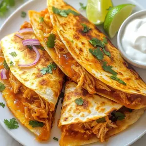 For tasty BBQ chicken quesadillas, you need some key ingredients: - 2 cups cooked chicken, shredded - 1 cup BBQ sauce - 1 cup shredded mozzarella cheese - 1 cup shredded cheddar cheese - 1 red onion, thinly sliced - 1/4 cup fresh cilantro, chopped - 4 large flour tortillas - 2 tablespoons olive oil - Salt and pepper, to taste These ingredients work together to create a rich flavor. The chicken mixes well with the BBQ sauce. The cheese adds a creamy texture. Red onion gives a sweet crunch, while cilantro brightens the dish. You can enhance your quesadillas with some fun toppings: - Sour cream - Lime wedges Sour cream adds a cool touch. Lime gives a zesty kick when squeezed on top. You can also serve a side of salsa or guacamole for more flavors. Feel free to get creative! When picking your ingredients, focus on quality: - Choose fresh chicken for better taste. - Use your favorite BBQ sauce for a personal touch. - Select good cheese, like fresh mozzarella and sharp cheddar. Fresh ingredients make a big difference in flavor. Always check for bright colors and firm textures in your veggies. This way, your BBQ chicken quesadillas will shine on your table! {{ingredient_image_2}} Start by shredding 2 cups of cooked chicken. This can be rotisserie chicken or any cooked chicken you have. In a large bowl, mix the shredded chicken with 1 cup of BBQ sauce. Stir well so every piece of chicken is coated. This mixture gives your quesadillas their great flavor. Set it aside for later. Next, grab a large skillet and heat 1 tablespoon of olive oil over medium heat. Add 1 thinly sliced red onion to the skillet. Saut&eacute; the onions for about 5 minutes. You want them to soften and start to caramelize. Season with salt and pepper to taste. Once done, remove the onions from the skillet and set them aside. Now it&rsquo;s time to make the quesadillas! Take one large flour tortilla and lay it flat in the skillet. On one half of the tortilla, sprinkle 1/4 cup of shredded mozzarella cheese and 1/4 cup of shredded cheddar cheese. The cheese helps the filling stick together. Spoon half of the BBQ chicken mixture over the cheese. Then add half of the saut&eacute;ed onions on top. Finally, sprinkle some fresh cilantro for extra flavor. Carefully fold the tortilla in half. Cook it for about 3-4 minutes until the bottom is golden brown. Flip the quesadilla gently and cook for another 3-4 minutes. You want the cheese to melt and the tortilla to be crispy. Once cooked, transfer it to a cutting board and let it cool for a minute. Use a sharp knife or pizza cutter to slice it into wedges. Repeat with the remaining tortillas and filling. Serve warm with sour cream and lime wedges for dipping. Enjoy! To get a crispy quesadilla, start with a hot skillet. Use enough oil to coat the bottom. This helps the tortillas brown well. Flip the quesadilla gently to keep the filling inside. Cook each side until golden, about three to four minutes. For extra crunch, press down lightly with a spatula while cooking. A large skillet is key for making these quesadillas. Non-stick pans work best for easy flipping. A spatula helps you flip without spilling the filling. A sharp knife or pizza cutter is great for slicing. Consider using a food thermometer to check if cheese is melted. If your quesadilla is soggy, it may have too much BBQ sauce. Start with less sauce and add more if needed. For burnt edges, lower the heat and cook longer. If the cheese does not melt, cover the pan with a lid briefly. This creates steam and helps melt the cheese evenly. Pro Tips Use Leftover Chicken: If you have any leftover rotisserie chicken or grilled chicken, this is a great way to use it up and save time on cooking. Customize Your Cheese: Feel free to mix and match your favorite cheeses. Pepper jack or gouda can add a nice twist to these quesadillas. Add Some Heat: If you enjoy a spicy kick, consider adding jalape&ntilde;os or a dash of hot sauce to the BBQ chicken mixture. Serve with a Side: These quesadillas pair perfectly with a simple salad or some fresh guacamole for a complete meal. {{image_4}} You can switch chicken for other proteins. Try using beef or pulled pork. Both add great flavor. You can also use turkey for a leaner choice. Just season well with BBQ sauce. Each protein gives a unique taste to your quesadilla. For a vegetarian twist, use grilled veggies. Bell peppers, zucchini, and mushrooms work well. Cook them until soft, then season with salt and pepper. Layer the grilled veggies with cheese in your quesadilla. This option is colorful and packed with nutrients. Cheese is key in quesadillas. Mozzarella and cheddar are classic, but you can try others. Pepper jack adds a spicy kick. Feta brings a tangy flavor. Mix and match your favorite cheeses for a unique blend. Use what you like best to make it your own! To store leftover quesadillas, let them cool first. Wrap each quesadilla in plastic wrap or foil. Place them in an airtight container. Store them in the fridge for up to three days. This keeps them fresh and tasty for your next meal. When ready to eat, reheat the quesadillas for the best taste. Use a skillet over medium heat. Place the quesadilla in the skillet without oil. Heat for about 2-3 minutes on each side. This method keeps the quesadilla crispy. You can also use a microwave. Heat on a plate for about 1-2 minutes. However, this may make the tortilla soft. To freeze quesadillas, wrap each one tightly in plastic wrap. Then, place them in a freezer bag. Make sure to squeeze out the air. They can last for up to three months in the freezer. To cook frozen quesadillas, thaw them in the fridge overnight. Then, reheat as mentioned above for the best results. This way, you have a quick meal ready to go! Yes, you can make BBQ chicken quesadillas ahead of time. Prepare the chicken mixture and the saut&eacute;ed onions. Store them in the fridge. When you are ready to eat, assemble and cook the quesadillas. They will taste fresh and delicious. The best BBQ sauce depends on your taste. I recommend using a sweet and tangy sauce. Look for one with a balance of flavors. A smoky BBQ sauce also adds great depth. You can even try a spicy sauce if you like heat! Yes, you can use corn tortillas instead of flour tortillas. Corn tortillas add a unique flavor. They are also gluten-free. Keep in mind that corn tortillas may be less flexible. They might crack when folded, so handle them gently. You now have a solid guide to making BBQ chicken quesadillas. We covered key ingredients, cooking steps, and helpful tips. You can add your favorite toppings or choose alternative proteins. Remember to store your leftovers properly for later enjoyment. With these insights, you can create a tasty meal any day. Try different cheese combinations or grilling veggies for a unique twist. Enjoy the process and have fun in the kitchen!