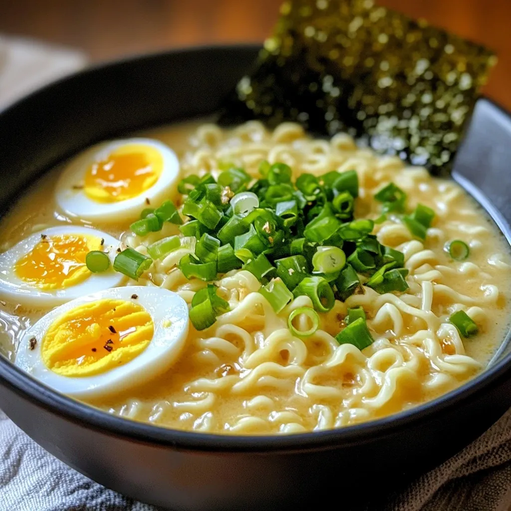 - 2 packs instant ramen noodles (discard the seasoning packets) - 2 tablespoons unsalted butter - 4 cloves garlic, finely minced - 2 cups vegetable broth - 1 cup heavy cream - 1 tablespoon soy sauce - 1 teaspoon sesame oil - 1 teaspoon fresh ginger, grated - Salt and freshly cracked black pepper to taste - 2 green onions, thinly sliced (for garnish) For this creamy delight, you will need simple items. Instant ramen noodles serve as the base. I prefer to discard the seasoning packets. They can be too salty. Unsalted butter adds richness to the broth. Fresh garlic gives a strong flavor. Use four cloves for a bold taste. Vegetable broth is the heart of this dish. I like to use low-sodium broth. It allows better control of salt. Heavy cream makes the broth creamy and smooth. I suggest a cup for the right texture. Soy sauce and sesame oil add umami depth. Just one tablespoon of soy sauce will work well. Grated ginger brightens the dish with freshness. Finally, season to taste with salt and black pepper. Green onions are a must for garnish. They add a nice crunch and color. - Nori sheets - Soft-boiled eggs If you want to elevate your ramen, consider adding nori sheets. They give a nice sea flavor. Soft-boiled eggs are another great choice. They add a rich creaminess. You can place them on top for a stunning look. {{ingredient_image_2}} To start, you need to simmer the vegetable broth. Pour two cups of vegetable broth into a large pot. Heat it over medium heat. Watch it closely to keep it from boiling too fast. You want a gentle simmer. Next, melt two tablespoons of unsalted butter in the broth. As the butter melts, add four cloves of finely minced garlic and one teaspoon of freshly grated ginger. Sauté this mix for about one to two minutes. You want the garlic to turn golden and smell great. Now, it's time to create the creamy sauce. Gradually pour in one cup of heavy cream. Also, add one tablespoon of soy sauce and one teaspoon of sesame oil. Stir the mixture well. Keep stirring for about three to five minutes. You want it to blend and thicken a little. Next, add two packs of instant ramen noodles into the pot. Make sure to discard the seasoning packets that come with them. Stir gently to submerge the noodles in the creamy broth. Cook them according to the package instructions, usually around three to four minutes. This should give you perfectly tender noodles. Finally, taste your creamy broth. Add salt and freshly cracked black pepper if needed. Stir well to mix all the flavors. Now you are ready to serve your creamy garlic ramen! Sautéing garlic is key to its taste. Cook it just until golden. This takes about 1-2 minutes. If you cook it too long, it can burn and taste bitter. Use fresh garlic for the best flavor. Pre-minced garlic lacks the rich taste and aroma of fresh. Mixing cream and broth is vital for a smooth sauce. Pour the cream in slowly while stirring. This helps combine the flavors well. Avoid boiling the cream; it can curdle and separate. Keep the heat on medium-low when adding cream. Serve the ramen in deep bowls for a cozy look. Arrange the green onions in a circle on top. This adds a pop of color and makes it eye-catching. You can cut nori sheets into strips for an artistic touch. A halved soft-boiled egg also adds richness and looks great. Pro Tips Use Fresh Garlic: Freshly minced garlic provides a much stronger and more aromatic flavor compared to pre-minced or powdered garlic. It elevates the dish significantly. Don’t Overcook the Noodles: Ensure you follow the cooking time mentioned on the ramen package. Overcooked noodles can become mushy, which ruins the texture of your dish. Adjust Creaminess to Taste: If you prefer a lighter broth, you can reduce the amount of heavy cream used. Alternatively, for a richer taste, feel free to add a bit more. Garnish Creatively: Elevate your presentation by using vibrant toppings like sliced chili, sesame seeds, or microgreens along with green onions for a colorful and appealing finish. {{image_4}} You can make your ramen even better by adding fresh vegetables. Try tossing in some spinach, bok choy, or bell peppers. They add fiber and taste great. You can also add protein to make it more filling. Tofu, chicken, or shrimp work well in this creamy dish. Each option brings a different flavor and texture. Want your ramen to have a kick? Add chili oil or red pepper flakes to spice it up. A little goes a long way, so start small! You can also enhance the flavor with herbs like cilantro or basil. These herbs add freshness and make your ramen look vibrant. If you want to change the broth, you have options. Chicken or beef broth will add rich flavor. For those who prefer plant-based choices, try vegetable broth or a mushroom broth. Both are great for a vegan version. They keep the dish tasty while sticking to your diet choices. To keep your ramen fresh, let it cool first. Place it in an airtight container. This helps keep the flavors intact. Store it in the fridge. Your ramen stays good for up to three days. After that, the noodles may get mushy. When you reheat ramen, do it slowly. Use a pot on low heat. Add a splash of broth or water. This helps keep the noodles moist. Stir gently to avoid breaking them. Microwaving is quick but can make noodles soggy. You can freeze creamy ramen, but it changes texture. To freeze, let it cool completely. Pour it into freezer bags, leaving some space. This helps with expansion. When ready to eat, move it to the fridge overnight to thaw. Reheat slowly to enjoy it best. It takes just 15 minutes to make Minute Creamy Garlic Ramen. The prep time is 5 minutes, and cooking time is around 10 minutes. You can enjoy a warm bowl in no time! Yes, you can use gluten-free noodles. Look for rice noodles or other gluten-free options. They will work well with the creamy broth and still taste great. If you need a substitute for heavy cream, try coconut milk or cashew cream. They add creaminess and a nice flavor to the dish. You can also use half-and-half for a lighter option. To keep your ramen noodles firm, cook them just until tender. Drain them right away and do not let them sit in the broth too long. Serving them hot helps maintain the right texture. Yes, you can make this recipe vegetarian. Just use vegetable broth and skip any meat toppings. You can add tofu or extra veggies for a tasty twist! This blog post shows you how to make Minute Creamy Garlic Ramen. We discussed key ingredients like unsalted butter, vegetable broth, and garlic, which create a rich flavor. I shared step-by-step instructions for making the broth and creamy sauce. You learned tips for perfecting garlic taste and achieving a creamy texture. Customization options add fun and nutrition. Finally, we covered storage and reheating methods to keep your ramen tasty. Enjoy experimenting with this recipe and make it your own!