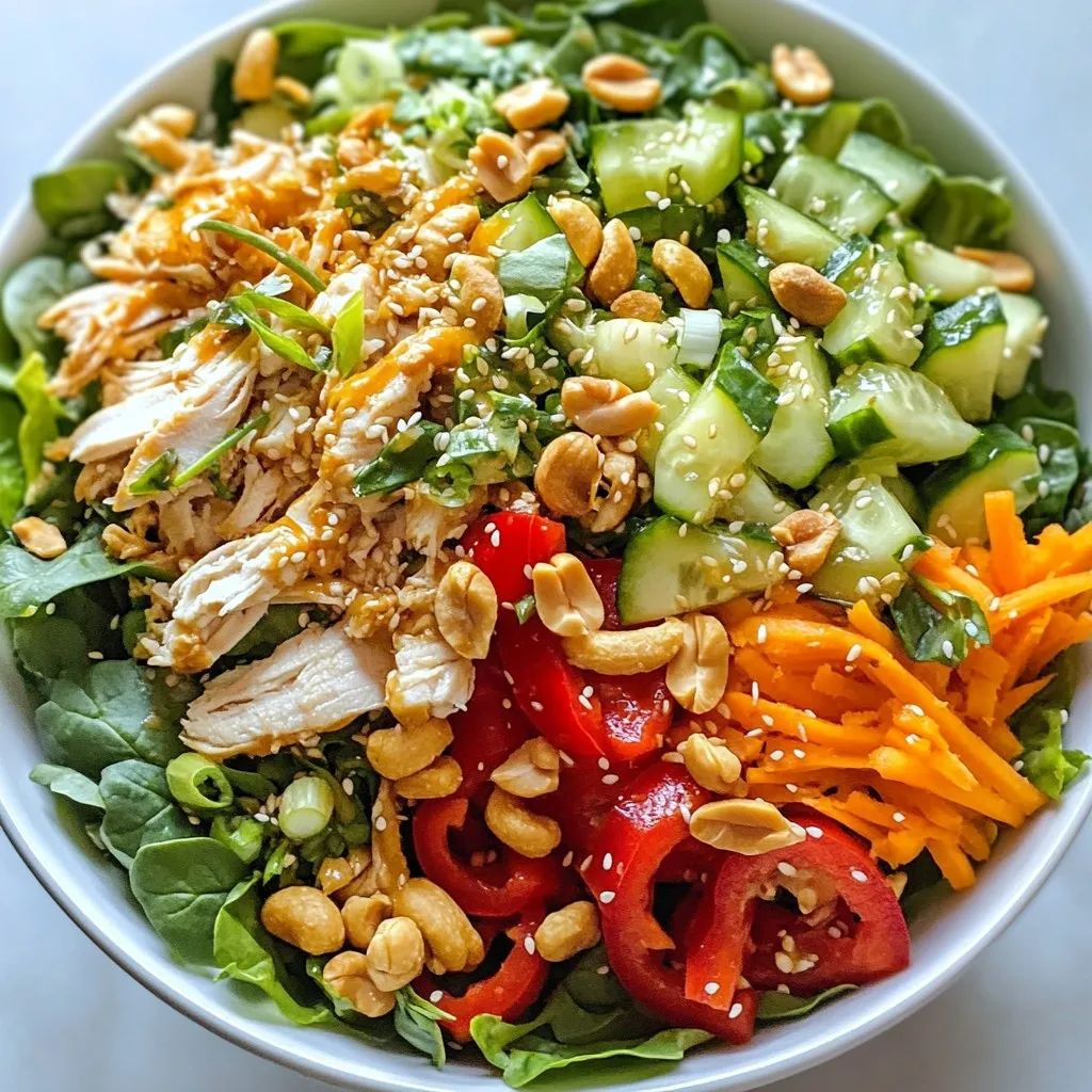 - 2 cups cooked chicken breast, shredded - 1 cup mixed greens (a blend of spinach, arugula, and romaine) - ½ cup red bell pepper, thinly sliced - ½ cup cucumber, cut into julienne strips - ½ cup carrots, finely shredded - ½ cup scallions, chopped into small pieces - 1 cup roasted cashews - ¼ cup fresh cilantro, chopped - 3 tablespoons soy sauce - 2 tablespoons sesame oil - 1 tablespoon honey - 1 tablespoon rice vinegar - 1 teaspoon freshly grated ginger - Salt and pepper to taste This Chicken Cashew Crunch Salad shines with fresh, vibrant flavors. First, you need shredded chicken. It adds protein and heartiness. Use cooked chicken breast for the best taste. Next, grab mixed greens. A blend of spinach, arugula, and romaine creates a crisp base. The colors pop and add great texture. Now, let’s talk about the veggies. Red bell peppers add sweetness and crunch. Cucumber gives a refreshing bite. Shredded carrots add color and some earthiness. Finally, scallions bring a sharp, onion-like flavor. Roasted cashews are a star in this salad. They add crunch and a nutty flavor. Make sure to use roasted ones, as they are more flavorful than raw. For the dressing, you need soy sauce, sesame oil, honey, rice vinegar, and ginger. This mix creates a sweet and savory balance. The honey adds a touch of sweetness, while the ginger gives warmth. Always remember to season with salt and pepper to enhance all the flavors. Each ingredient plays a key part in making this salad delicious and enjoyable. {{ingredient_image_2}} Start by grabbing a big mixing bowl. Add the shredded chicken breast, mixed greens, thinly sliced red bell pepper, julienned cucumber, shredded carrots, chopped scallions, and fresh cilantro. Use a spatula or wooden spoon to mix these ingredients gently. This helps ensure every bite has a bit of everything. In a smaller bowl, whisk together the soy sauce, sesame oil, honey, rice vinegar, and grated ginger. It is important to mix until it is smooth. After whisking, taste the dressing. Add salt and pepper based on your taste. Adjusting the seasoning makes the salad even better. Now, drizzle the dressing over the salad mixture. Toss everything together with care. Use gentle motions to avoid bruising the greens. This step makes sure every piece is coated well with the dressing, enhancing the flavors. Next, fold in the roasted cashews. Do this gently to keep their crunchiness. Cashews add a delightful texture to the salad. It is key to maintain that crunch for a great bite. Allow the salad to sit at room temperature for about 5 minutes. This resting time helps the flavors blend together. Enjoy the fresh and tasty delight of your Chicken Cashew Crunch Salad! - Garnishing for Visual Appeal A beautiful salad catches the eye. Top your Chicken Cashew Crunch Salad with extra roasted cashews. Add a sprinkle of fresh cilantro for color. You can also use edible flowers for a fancy touch. Arrange the salad on a large platter to make it look festive. - Serving Suggestions Serve the salad at room temperature. It is perfect for family meals or gatherings. Pair it with a light drink or a crisp white wine. This salad also works great as a side dish for grilled meats. - Alternatives for Chicken If you want a change, try using tofu or chickpeas instead of chicken. These options give the salad a different texture. They also add plant-based protein. - Substituting Nuts and Greens You can swap cashews for almonds or peanuts if you like. For greens, try kale or mixed baby greens. Each type adds a unique flavor and crunch. - Adding Spices or Herbs For a kick, add chili flakes or cumin to the dressing. Fresh herbs like basil or mint can brighten the flavor, too. Just mix them in before tossing the salad. - Pairing with Additional Sides Serve this salad with grilled shrimp or chicken for extra protein. It also pairs well with a light soup or crusty bread. These sides make for a complete meal. Pro Tips Use Fresh Ingredients: For the best flavor, opt for fresh vegetables and herbs. They enhance the overall taste and nutritional value of your salad. Customize Your Crunch: Feel free to swap out cashews for other nuts like almonds or peanuts, or even add crispy wonton strips for extra texture. Chill Before Serving: If you have time, chill the salad in the refrigerator for 30 minutes before serving. This allows the flavors to meld together beautifully. Vegan Option: Substitute the chicken with chickpeas or tofu for a delicious vegan version of this salad, while still keeping it hearty and satisfying. {{image_4}} For a tasty vegetarian twist, swap the chicken with tofu or chickpeas. Both options add protein but change the flavor and texture. Tofu works best when pressed and cubed, then pan-seared for crispiness. Chickpeas offer a nutty flavor and soft bite. You can also play with the nuts. Instead of cashews, try almonds or walnuts. Each nut brings its own flavor. Almonds add crunch, while walnuts give a rich taste. Mixing nuts can create an exciting texture in your salad. To give your salad a Thai kick, add fresh Thai basil and a splash of lime juice. The basil brings a sweet, aromatic flavor that pairs well with the other ingredients. Lime juice adds brightness and a little zing. For spice lovers, incorporate chili flakes or sliced fresh chili. This heat balances the sweetness of honey in the dressing. It makes the salad pop with flavor. Enjoy the new twist on this classic dish! If you want a low-carb option, use lettuce wraps instead of a salad. Butter or romaine lettuce works well. It gives a crunchy base without the carbs from mixed greens. You can also tweak the dressing. Replace honey with a sugar-free alternative. This change keeps the flavor while lowering the carbs. You can still enjoy a fresh and tasty dish without the extra carbs! To keep your Chicken Cashew Crunch Salad fresh, use airtight containers. Glass or plastic containers work well. These containers help prevent air and moisture from spoiling the salad. Place the salad in the fridge right after serving to keep it safe. Your salad stays fresh for about 3 days in the fridge. After that, it may lose flavor and crunch. Watch for signs of spoilage like a bad smell or slimy greens. If you see these signs, it’s best to toss the salad. This salad is best served cold. If you want to refresh it, add a splash of soy sauce. This will help revive its taste. Avoid heating it in the microwave, as that will make the greens wilt. Instead, just mix in fresh ingredients to enjoy it again. Yes, you can make this salad ahead of time. To keep it fresh, store the dressing separately. Mix the salad components together, but keep the cashews out until serving. This helps them stay crunchy. Preparation Tips for Making Ahead: - Prepare the chicken and vegetables a day before. - Store each in airtight containers in the fridge. - Mix everything together just before serving. This salad pairs well with many dishes. You can serve it with grilled corn or a light soup. Rice or quinoa also makes a great side. Side Dish Recommendations: - Grilled corn on the cob - Vegetable soup - Quinoa pilaf - Steamed broccoli Absolutely! This salad is great for meal prep. You can make it in bulk and store it for the week. Tips for Storing Components Separately: - Keep greens and veggies in one container. - Store the dressing in a small jar. - Place cashews in a separate bag or container. This way, you can enjoy fresh salads all week long! This blog post covered how to make a tasty Chicken Cashew Crunch Salad. You now know the main ingredients, from shredded chicken to roasted cashews. The step-by-step instructions guide you through mixing, dressing, and serving the salad. I shared tips for presentation and variations to suit your taste. Storing leftovers is easy when you follow the right guidelines. Enjoy experimenting with flavors and finding what you love. Preparing this salad can be fun, healthy, and satisfying. Try it out and make it your own!