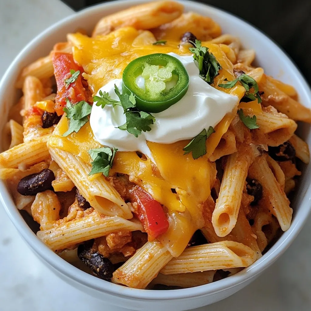 - 8 ounces penne pasta - 1 tablespoon olive oil - 1 small onion, finely diced - 2 cloves garlic, minced - 1 bell pepper (any color), diced - 1 can (15 ounces) black beans, rinsed and drained - 1 can (10 ounces) enchilada sauce - 1 teaspoon ground cumin - 1 teaspoon chili powder - 1 cup corn (fresh or frozen) - 1 cup shredded cheddar cheese - 1 cup shredded Monterey Jack cheese When making enchilada pasta, I love to focus on the main ingredients. The penne pasta gives a great bite. Black beans add protein and fiber. Corn adds sweetness and color. Cheese brings creaminess and flavor. The spices, cumin and chili powder, provide that warm kick we crave. Fresh vegetables like onion, garlic, and bell pepper create a solid base for the dish. - Fresh cilantro, chopped - Sour cream - Sliced jalapeños - Additional cheese varieties (like pepper jack or queso fresco) To finish the dish, I suggest adding fresh cilantro for brightness. A dollop of sour cream cools the heat. Sliced jalapeños can bring extra spice if you like it hot. You can also sprinkle extra cheese on top to enhance the flavor. These toppings make your enchilada pasta even more exciting and delicious! {{ingredient_image_2}} To start, bring a large pot of salted water to a boil. Add 8 ounces of penne pasta. Cook it for about 10-12 minutes. You want it to be al dente, which means it should be firm but not hard. After cooking, drain the pasta in a colander and set it aside in a bowl. Next, grab a large skillet and heat 1 tablespoon of olive oil over medium heat. Add 1 small, finely diced onion. Sauté it for about 3 minutes until it softens. Then, add 2 cloves of minced garlic and 1 diced bell pepper. Cook these for another 2-3 minutes. Stir often to make sure they get tender and mix well. Now it’s time to combine everything. Add 1 can of rinsed black beans, 1 cup of corn, and 10 ounces of enchilada sauce to the skillet. Sprinkle in 1 teaspoon of ground cumin and 1 teaspoon of chili powder. Stir well and let it simmer for about 5 minutes. This helps the flavors blend perfectly. Then, gently fold the cooked penne pasta into the mixture. Stir slowly so the pasta gets coated with the sauce. Heat it for another 2-3 minutes. Make sure everything is warm and mixed nicely. - Overcooking the pasta: Cook penne pasta only until it is al dente. This keeps it firm and prevents mushiness. Follow the package time for best results. - Skipping the sauté step for vegetables: Sautéing adds depth to your dish. Don’t skip it! This step makes the onion, garlic, and peppers taste amazing and soft. - Additional spices and ingredients to consider: You can add smoked paprika or cayenne for extra flavor. A squeeze of lime juice brightens the dish. Fresh herbs like oregano also work well. - Making the dish spicier or milder: For a spicy kick, use more chili powder or add diced jalapeños. If you prefer milder flavors, reduce the spices. You can also add more cheese to balance heat. - Ideal side dishes and accompaniments: Serve with a fresh salad or tortilla chips. Guacamole and salsa are great additions too! - Presentation ideas to impress guests: Use a colorful bowl for serving. Top with extra cheese and whole cilantro leaves for a pop of color. A sprinkle of paprika can also enhance the look. Pro Tips Cook Pasta Al Dente: Make sure to cook the penne pasta just until al dente, as it will continue to absorb moisture and cook slightly more when mixed with the sauce. Customize the Heat: Adjust the spiciness of the dish by adding more or fewer jalapeños or using a spicier enchilada sauce to suit your taste preferences. Add Fresh Ingredients: For an extra burst of flavor, consider adding fresh lime juice or diced tomatoes to the mix right before serving. Leftover Storage: Store any leftovers in an airtight container in the fridge for up to 3 days. Reheat in a skillet or microwave, adding a splash of water to maintain moisture. {{image_4}} For a vegetarian enchilada pasta, swap the cheese and meat. Use plant-based cheese or omit it entirely. You can also try tofu or tempeh for protein. Adding vegetables is easy. Consider zucchini, mushrooms, or spinach. They add color and taste. You can also use lentils for a hearty meal. This keeps it rich and filling. If you need gluten-free options, choose gluten-free pasta like brown rice or quinoa. These pastas are tasty and cook well. For the sauce, check the label on the enchilada sauce. Some brands are gluten-free, while others are not. You can also make your own sauce using tomatoes and spices. This option is fresh and healthy. You can explore regional flavors in your enchilada pasta. Try adding ingredients from different cuisines. For a Mexican twist, toss in some jalapeños or diced tomatoes. For an Italian flair, add basil and mozzarella. You can even go Asian by using soy sauce and sesame oil. Each variation brings a new taste to the table. After enjoying your enchilada pasta, let it cool. This helps keep it fresh. Use an airtight container to seal leftovers. Glass or plastic containers work well. Make sure to store it in the fridge. It stays good for about 3 to 5 days. To reheat your enchilada pasta, use the stovetop or microwave. On the stovetop, place it in a pan. Add a splash of water or broth. Stir it over low heat until warm. In the microwave, cover it with a lid. Heat in short bursts, stirring in between. This keeps the pasta from drying out. To freeze enchilada pasta, let it cool completely first. Then, divide it into portions. Place them in freezer-safe bags or containers. Squeeze out any extra air before sealing. It can last up to 2 months in the freezer. When ready to eat, thaw it in the fridge overnight. Reheat as described above for the best flavor and texture. Yes, you can make Enchilada Pasta ahead of time. Here are some tips to help you prep: - Cook the pasta: Prepare the penne pasta and set it aside. - Sauté vegetables: Cook the onion, garlic, and bell pepper as directed. - Combine ingredients: Mix the pasta with the enchilada sauce and vegetables. - Cool it down: Let the dish cool before storing it in the fridge. - Reheat before serving: Warm it gently on the stove to keep flavors fresh. Making it ahead saves you time and effort on busy days. If you need a substitute for enchilada sauce, consider these options: - Salsa: Use your favorite salsa for a fresh twist. - Tomato sauce: Mix with some spices to mimic enchilada sauce. - Homemade sauce: Blend tomatoes with chili powder, cumin, and garlic for a quick fix. Feel free to adjust the spices to suit your taste. Enchilada Pasta can be spicy, but you can adjust the heat level: - Mild option: Use less chili powder or skip it entirely. - Add spice: Include sliced jalapeños or hot sauce for more kick. - Taste as you go: Always taste the sauce before adding extra heat. This way, you can make it just right for your family and friends. Enchilada pasta combines vibrant flavors and simple steps to create a delicious meal. You learned about key ingredients like penne, beans, and spices. We discussed how to cook the pasta and sauté the veggies perfectly. I shared tips to avoid common mistakes and enhance flavor. Variations let you adapt this dish for all diets. With proper storage, leftovers can last, ensuring you enjoy this meal again. Embrace the fun of making enchilada pasta and experiment with your favorite ingredients to make it truly yours. Enjoy cooking!