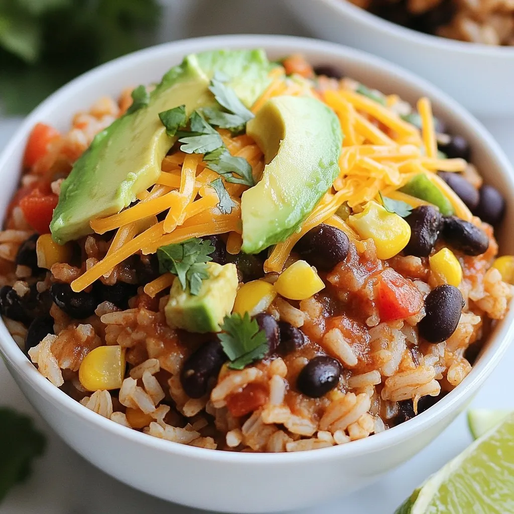 - 1 cup uncooked brown rice - 2 cups vegetable broth - 1 tablespoon extra virgin olive oil - 1 small onion, finely chopped - 2 cloves garlic, minced - 1 can (15 oz) black beans, rinsed and thoroughly drained - 1 can (15 oz) diced tomatoes with green chilies, undrained - 1 tablespoon taco seasoning mix - 1 cup corn, either frozen or fresh - 1 cup shredded cheddar cheese or a cheese blend - 1 ripe avocado, sliced into wedges - Fresh cilantro sprigs - Lime wedges - Salt and black pepper - Additional spices for customization The base of the taco rice bowls is easy and fun to make. I always start with uncooked brown rice. I find that it has a nice, nutty flavor. You can use vegetable broth instead of water for extra taste. The broth makes the rice richer. I love adding olive oil to the skillet. It brings a smooth texture to the dish. Finely chopped onions and minced garlic are a must for the base flavor. I sauté them together until they smell amazing. Next, I mix in black beans and diced tomatoes. The tomatoes add moisture and sweetness. Taco seasoning gives the bowl a kick. Fresh corn adds a nice crunch. I always finish with shredded cheese and avocado slices for creaminess. For some fun, I suggest adding fresh cilantro on top. It brightens the dish. Lime wedges are great to serve alongside. A squeeze of lime juice brings the flavors alive. You can also adjust the seasoning. Add salt and pepper to taste. If you love heat, consider extra spices like chili powder or cumin. This makes the dish truly yours. {{ingredient_image_2}} - Start by pouring 2 cups of vegetable broth into a medium pot. - Bring the broth to a boil over high heat. - Once it boils, add 1 cup of uncooked brown rice. - Reduce the heat to low and cover the pot. - Let it simmer for about 45 minutes until the rice is tender. - After cooking, remove the pot from heat and let it sit for 5 minutes. - Fluff the rice with a fork before serving. - While the rice is cooking, heat 1 tablespoon of extra virgin olive oil in a large skillet over medium heat. - Add 1 small onion, finely chopped, and sauté for about 3 to 4 minutes. - Stir in 2 cloves of minced garlic and cook for an additional minute until fragrant. - Next, add 1 can of rinsed black beans, 1 can of diced tomatoes with green chilies, and 1 cup of corn. - Mix in 1 tablespoon of taco seasoning. - Cook the mixture for 5 to 7 minutes, stirring often. - Taste and season with salt and freshly cracked black pepper. - Once the rice is ready, divide it evenly among serving bowls. - Top each bowl with the warm bean and tomato mixture. - Sprinkle a generous amount of shredded cheddar cheese over the top. - Add slices of fresh avocado for a creamy touch. - Finish with a sprinkle of fresh cilantro. - Serve with lime wedges for a zesty kick. - Use pre-cooked rice or quick-cooking options for speed. - Meal prep your ingredients ahead of time. This makes cooking easier. - Substitute proteins like chicken, beef, or tofu to fit your taste. - Adjust spice levels with toppings like jalapeños or hot sauce. - Arrange toppings neatly for a beautiful look. - Use vibrant plates to make colors pop and draw attention. Pro Tips Perfecting the Rice: Rinse the brown rice before cooking to remove excess starch, ensuring a fluffier texture. Seasoning Boost: Enhance the flavor of your rice by cooking it in vegetable broth instead of water for a deeper taste. Avocado Ripeness: Choose avocados that yield slightly to pressure for the best texture; they should be ripe but not overripe. Garnish Freshness: Always use fresh cilantro and lime wedges as garnishes to elevate the dish’s flavor profile right before serving. {{image_4}} For a tasty plant-based meal, use lentils or chickpeas instead of black beans. You can also add extra veggies like bell peppers or zucchini. If you want to keep it dairy-free, try using dairy-free cheese alternatives like cashew or almond cheese. These options melt well and add a creamy texture without the milk. Kids often enjoy milder flavors. You can simplify the spices by using less taco seasoning. Consider adding sweet corn and diced bell peppers for a fun twist. Let your kids choose their toppings! Offer options like salsa, sour cream, or even crushed tortilla chips. Making their own bowl can make it more exciting. To give your taco rice bowls a new spin, add some salsa or guacamole. These add freshness and flavor. You can also explore different cheese options, like feta or mozzarella, for unique tastes. Mixing in some chipotle sauce can add a smoky kick that many love. Experiment with your favorite flavors to keep things fun! To keep your taco rice bowls fresh, cool them quickly. Spread the food out on a plate. Once cool, place it in an airtight container. Use containers made of glass or BPA-free plastic. These work best for keeping flavors in and moisture out. Store in the fridge for up to three days. When you're ready to eat leftovers, heat them gently. Use a microwave or a skillet. For the microwave, place the bowl in for 1-2 minutes. Stir halfway through to ensure even heating. If using a skillet, add a splash of water to keep it moist. Heat on low until warm. This helps keep the rice fluffy and the beans soft. To freeze taco rice bowls, let them cool completely. Then, divide the mixture into portions. Use freezer-safe containers or bags to store. Squeeze out the air before sealing to prevent freezer burn. They can last for up to two months in the freezer. When you're ready to eat, thaw overnight in the fridge. Reheat using the guidelines above for the best taste and texture. To add heat to your Taco Rice Bowls, you have several options: - Add jalapeños: Fresh or pickled, they bring a kick. - Use hot sauce: A dash of your favorite sauce can spice things up. - Incorporate cayenne pepper: A small sprinkle can elevate the heat. - Try spicy taco seasoning: Look for blends that offer extra heat. If you like it hot, don’t be shy! Spice can make your meal exciting and fun. Yes, you can use white rice! However, the cooking times differ. - Brown rice: Takes about 45 minutes to cook. - White rice: Cooks in about 18-20 minutes. Nutritionally, brown rice has more fiber and nutrients than white rice. If you choose white rice, adjust the cooking time to avoid mushiness. If you don’t have taco seasoning, you can make your own. Here are some ideas: - Cumin: Adds warmth and earthiness. - Chili powder: Offers a deep flavor with a touch of heat. - Garlic powder: Brightens the mix with a savory note. - Paprika: Adds a sweet, smoky flavor. Mix these spices to create a blend that suits your taste. Alternatively, look for premade blends at the store! In this article, we covered how to make delicious taco rice bowls. We discussed the main ingredients, step-by-step cooking instructions, and tips for easy preparation. You learned how to customize flavors for all tastes. Remember, you can adjust spice levels and choose toppings to suit your crowd. These bowls are simple to store and reheat, making them perfect for meal prep. Enjoy experimenting with variations to find your favorite version!