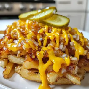 - 4 medium-sized russet potatoes - 1 cup shredded cheddar cheese - &frac12; cup yellow onion, finely chopped - &frac12; cup mayonnaise - 2 tablespoons ketchup - 1 tablespoon mustard - Sliced pickles (optional, for garnish) - Deep fryer or heavy-bottomed pot - Cutting board and knife - Large bowl - Skillet To make Animal Style Fries, you need simple ingredients. Start with russet potatoes. They give the best texture and flavor. You will also need cheddar cheese for that melty goodness. Yellow onions add sweetness when cooked. For the sauce, you mix mayonnaise, ketchup, and mustard. If you like, add pickles for a crunchy twist. You will need a deep fryer or a heavy-bottomed pot to fry the fries. Make sure you have a cutting board and a knife to chop the potatoes and onions. A large bowl helps soak the fries. Finally, a skillet is needed to cook the onions. Gather these items, and you are ready to create a tasty dish that is crispy and packed with flavor! {{ingredient_image_2}} Start by washing the russet potatoes under cold water. This step helps remove dirt. Peel the potatoes using a vegetable peeler. Next, cut the potatoes into thin strips. Aim for even sizes. This ensures they cook uniformly. Soaking the fries is key to getting them crispy. It removes excess starch. Place the cut fries into a large bowl filled with cold water. Let them soak for at least 30 minutes. This soaking time is crucial for that perfect crunch. Heat vegetable oil in a deep fryer or a large pot. Aim for about 350&deg;F (175&deg;C). It's best to use a thermometer for accuracy. Once the oil is ready, drain the soaked potatoes. Pat them dry with paper towels. Fry the potatoes in small batches for 5-7 minutes. Look for a golden brown color. Remove the fries and drain on paper towels. Sprinkle salt while they are hot. To cook the onions, heat a small amount of oil in a skillet over medium heat. Add the finely chopped yellow onions. Saut&eacute; them for about 8-10 minutes. Stir frequently for even cooking. You want them caramelized and translucent. This adds a sweet flavor to the fries. In a separate bowl, mix mayonnaise, ketchup, and mustard. Stir until the sauce is smooth. For an extra kick, you can add sliced pickles into the sauce. This gives it a nice crunch and tang. To assemble, start with a layer of hot fries on a large plate. Sprinkle shredded cheddar cheese generously over them. The heat from the fries will melt the cheese. Next, add the caramelized onions on top. Finally, drizzle the special sauce generously over everything. If you like, add a few pickle slices for extra flavor. - Correct soaking time: Soak your fries for at least 30 minutes. This step takes out extra starch. Less starch means crispier fries. - Importance of drying fries: After soaking, dry your fries well. Use paper towels to absorb moisture. Wet fries will steam instead of fry. This can make them soggy. - Ideas for additional toppings: Try adding jalape&ntilde;os for heat. Crumbled bacon adds a nice crunch. Fresh herbs like chives can brighten up the dish. - Variations on the sauce: Get creative with the sauce! Add hot sauce for spice or BBQ sauce for sweetness. You can mix in ranch dressing or even sriracha for a kick. - Best types of fryers or pots: Use a deep fryer for crispy results. A heavy-bottomed pot works well too. Just make sure it holds enough oil for frying. - Using a thermometer for oil temperature: Always check the oil temperature. Aim for about 350&deg;F (175&deg;C). A thermometer helps you keep the oil hot. This ensures that your fries cook evenly and turn golden brown. Pro Tips Cut Uniformly: Ensuring your fries are cut evenly helps them cook at the same rate, resulting in a consistent texture and doneness. Soak for Crispiness: Soaking the cut potatoes in cold water removes excess starch, leading to crispier fries when fried. Temperature Check: Use a kitchen thermometer to ensure your oil is at the right temperature (350&deg;F/175&deg;C) for frying to achieve the perfect golden-brown color. Serve Immediately: For the best experience, serve the fries right after assembly while they are hot and crispy, as they can lose their texture if left too long. {{image_4}} You can make Animal Style Fries vegetarian with simple swaps. Here are some ideas: - Alternate cheese choices: Use pepper jack or mozzarella cheese instead of cheddar. This change adds a fun twist. - Plant-based sauce substitutes: Try using vegan mayonnaise and plant-based sauces. This keeps your fries creamy and tasty. Animal Style Fries can reflect local flavors. Here are some ways to explore: - Local ingredients to try: Add local cheese or spices for a unique touch. For example, use a spicy cheese from your area. - Cultural variations of fries: Some regions may add toppings like chili or kimchi. These toppings can create a whole new flavor experience. When serving Animal Style Fries, consider these ideas: - Pairings with sides or drinks: Serve with a refreshing soda or a tangy lemonade. A side salad can balance the meal. - Ideas for party servings: Create a fry bar at your next gathering. Offer different toppings and sauces for a fun experience. To keep your Animal Style Fries fresh, store them in an airtight container. This helps prevent sogginess. You can refrigerate them for about 3 days. Make sure they cool completely before sealing the container. This way, they won&rsquo;t steam and lose their crunch. When you want to enjoy your leftover fries, aim to keep them crispy. The best way is to use an oven. Preheat your oven to 400&deg;F (200&deg;C). Spread the fries on a baking sheet. Heat them for about 10-15 minutes until they are hot and crispy again. You can also use an air fryer for a quicker option, reheating for about 5-7 minutes at 350&deg;F (175&deg;C). If you want to save your fries for later, freezing is a great option. First, let the fries cool completely. Spread them in a single layer on a baking sheet. Place them in the freezer for about 2 hours. Once they are frozen, transfer them to a freezer-safe bag. They will stay good for up to 2 months. To reheat, bake them directly from frozen at 400&deg;F (200&deg;C) for about 15-20 minutes. Enjoy your crispy fries anytime! Animal Style Fries are a tasty dish made with crispy fries, cheese, and grilled onions. They come from California's fast-food scene, inspired by a popular burger chain. The fries get topped with a special sauce made from mayo, ketchup, and mustard. You can add pickles for more flavor. This dish is a fun twist on regular fries and packs a lot of flavor. Yes, you can make Animal Style Fries vegan! Use plant-based cheese instead of cheddar. For the sauce, swap regular mayo with vegan mayo. You can also skip the cheese if you prefer. Just make sure to check the ingredients in your sauces. This way, you can enjoy a fully vegan version without losing taste. To get extra crispy fries, follow these tips: - Soak the cut potatoes in cold water for at least 30 minutes. This removes starch and helps with crispiness. - Pat the fries dry with paper towels before frying. Any moisture can make them soggy. - Fry in small batches. Overcrowding the pot lowers the oil's temperature and leads to less crispy fries. - Fry at 350&deg;F (175&deg;C) for about 5-7 minutes, until golden brown. While the special sauce is great, you can try other dips too! Some good options include: - Ranch dressing for a creamy flavor. - Hot sauce for a spicy kick. - Garlic aioli for a rich taste. - BBQ sauce for a smoky sweetness. These dips can add an exciting twist to your Animal Style Fries. Yes, you can make Animal Style Fries in an air fryer! Here&rsquo;s how: 1. Preheat the air fryer to 400&deg;F (200&deg;C). 2. Soak and dry your potatoes as usual. 3. Toss the fries with a little oil and season with salt. 4. Air fry them for about 15-20 minutes, shaking halfway through. 5. Once golden and crispy, top with cheese, onions, and sauce. This method uses less oil and still gives you that crispy texture. In this post, we explored the tasty world of Animal Style Fries. From selecting the right ingredients to perfecting cooking techniques, every step counts for a delicious dish. Plus, we shared tips for making your fries crispy and variations for all diets. Enjoy experimenting with your fries and creating your own unique versions. The joy of cooking shines when you share these treats with others. You now possess the knowledge to make tasty, crispy fries that everyone will love!