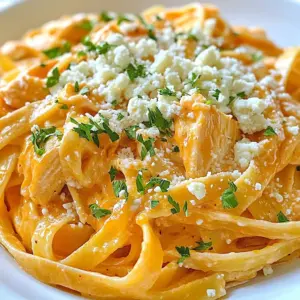 To make Buffalo Chicken Alfredo Pasta, you will need the following ingredients: - 8 ounces fettuccine pasta - 2 cups cooked chicken, shredded - 1 cup buffalo sauce (choose mild or spicy) - 1 cup heavy cream - 1 cup freshly grated Parmesan cheese - 3 tablespoons unsalted butter - 3 cloves garlic, minced - 1 teaspoon onion powder - 1/2 teaspoon freshly ground black pepper - Fresh parsley, chopped (for garnish) - Optional: Crumbled blue cheese for topping You can add some fun twists to your Buffalo Chicken Alfredo Pasta. Here are some optional ingredients: - Chopped green onions for a fresh crunch - Sliced jalape&ntilde;os for extra heat - Broccoli florets for a veggie boost - Extra cheese like mozzarella for gooeyness This dish serves four people. Each serving has about: - Calories: 600 - Protein: 35g - Carbohydrates: 45g - Fat: 30g - Fiber: 2g These values can change based on optional toppings or ingredient choices. Always check labels for precise numbers. Enjoy your meal while knowing it's packed with protein and flavor! {{ingredient_image_2}} First, grab a large pot and fill it with salted water. Heat that water until it boils. Once it&rsquo;s boiling, add the 8 ounces of fettuccine pasta. Cook it for about 8 to 10 minutes. You want it to be al dente, which means it should still have a bit of bite. After cooking, drain the pasta but don&rsquo;t rinse it. Keeping the starch helps the sauce stick better. Now, let&rsquo;s make the sauce. Take a large skillet and melt 3 tablespoons of unsalted butter over medium heat. Once it&rsquo;s melted, toss in 3 cloves of minced garlic. Saut&eacute; the garlic for 1 minute until it smells great. Then, pour in 1 cup of heavy cream. Stir gently while it simmers for about 2 to 3 minutes. This lets the sauce thicken a bit. Next, add in 1 cup of freshly grated Parmesan cheese. Whisk it in until the sauce is smooth and creamy. Don&rsquo;t forget to sprinkle in 1 teaspoon of onion powder and 1/2 teaspoon of ground black pepper. This brings out amazing flavors! It&rsquo;s time to mix it all together! Add 2 cups of shredded cooked chicken into the skillet. Pour in 1 cup of buffalo sauce to coat the chicken well. Stir everything together and let it heat for another 2 to 3 minutes. Finally, gently add the cooked fettuccine pasta to the sauce. Toss everything until the pasta is well coated. Take a moment to taste your dish. If you want it spicier, feel free to add more buffalo sauce. Now, serve the pasta in bowls. Garnish with fresh parsley and sprinkle some crumbled blue cheese on top if you like. Enjoy your flavorful buffalo chicken Alfredo pasta! For the best sauce texture, keep it creamy. Start with unsalted butter and fresh garlic. When you add heavy cream, stir gently. Let it simmer for a few minutes. This helps it thicken just right. Whisk in Parmesan cheese slowly. This keeps the sauce smooth. If it&rsquo;s too thick, add a splash of pasta water. You can make this dish fit your taste. Choose mild or spicy buffalo sauce. If you like it hot, add more sauce as you mix. A sprinkle of cayenne pepper can give it a kick, too. For a milder touch, add more cream to balance the heat. Adjust spice to your liking with these easy swaps. Avoid overcooking the pasta. Cook it al dente for the best bite. Rinsing pasta washes away starch. This means your sauce won't stick well. Don&rsquo;t skip the garlic; it adds great flavor. Lastly, taste as you go. This helps you catch any seasoning issues early. Follow these tips for a winning dish every time! Pro Tips Use Leftover Chicken: This recipe is perfect for using up leftover rotisserie chicken, making it a quick and convenient meal. Adjust Spice Levels: Feel free to modify the amount of buffalo sauce to suit your taste; add more for extra heat or use a milder sauce for a more subdued flavor. Choose Quality Pasta: Using fresh fettuccine or high-quality dry pasta can elevate the dish&rsquo;s overall texture and flavor. Garnish for Flavor: Adding fresh herbs like parsley or chives not only enhances the presentation but also brightens the dish with added freshness. {{image_4}} You can switch up the pasta to keep things fun. Fettuccine works well, but you can try: - Penne - Rigatoni - Rotini - Spaghetti Each type brings a different texture. For example, penne holds sauce in its tubes, making every bite flavorful. If you want to change the protein, there are great options. You can use: - Shredded beef - Pulled pork - Diced tofu - Cooked shrimp Each protein gives the dish a unique twist. Shrimp adds a sweet flavor, while beef gives a hearty taste. Making a vegetarian version is easy and tasty. Here are some ideas: - Use roasted vegetables like bell peppers or zucchini. - Add chickpeas for protein and texture. - Swap the chicken for a meat substitute like tempeh or seitan. This way, you can enjoy the creamy sauce without meat. Each option keeps the dish rich and satisfying. To keep your Buffalo Chicken Alfredo Pasta fresh, store it in an airtight container. Let the pasta cool to room temperature before sealing. Place the container in the fridge. It can last up to three days. If you want to keep it longer, consider freezing. Reheat the pasta in a skillet for best results. Add a splash of milk or cream to prevent it from drying out. Heat over medium-low heat until warm. Stir often to mix the sauce evenly. You can also use the microwave. Heat it in short bursts, stirring in between. Freezing this dish is simple. First, cool the pasta completely. Then, transfer it to a freezer-safe container. It can last up to two months in the freezer. When ready to eat, thaw it in the fridge overnight. Reheat it on the stove or in the microwave, adding a bit of cream to restore the sauce's creaminess. Yes, you can use store-bought Alfredo sauce if you're short on time. It saves effort and still tastes good. Just heat it up in a skillet before adding your chicken and buffalo sauce. This can make the dish easier and faster to prepare. To make your Buffalo Chicken Alfredo Pasta spicier, add more buffalo sauce. You can also mix in some crushed red pepper flakes. If you like it very hot, use a spicier brand of buffalo sauce. These small changes will pump up the heat and give your meal a nice kick. This dish pairs well with a fresh salad. A simple green salad with a light dressing works great. You can also serve garlic bread or breadsticks on the side. These add a nice crunch and help soak up the creamy sauce. For a light touch, try serving with steamed veggies like broccoli or green beans. You now have all the steps to make Buffalo Chicken Alfredo Pasta. We covered the ingredients, from basics to fun twists. You learned how to cook, mix, and avoid common mistakes. I also shared different pasta types and storage tips. In the end, making this dish is simple. You can customize it to fit your taste. Enjoy trying new spices and ingredients. Each time you make it, you can create a new favorite. Happy cooking!