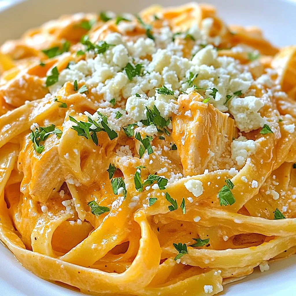 To make Buffalo Chicken Alfredo Pasta, you will need the following ingredients: - 8 ounces fettuccine pasta - 2 cups cooked chicken, shredded - 1 cup buffalo sauce (choose mild or spicy) - 1 cup heavy cream - 1 cup freshly grated Parmesan cheese - 3 tablespoons unsalted butter - 3 cloves garlic, minced - 1 teaspoon onion powder - 1/2 teaspoon freshly ground black pepper - Fresh parsley, chopped (for garnish) - Optional: Crumbled blue cheese for topping You can add some fun twists to your Buffalo Chicken Alfredo Pasta. Here are some optional ingredients: - Chopped green onions for a fresh crunch - Sliced jalapeños for extra heat - Broccoli florets for a veggie boost - Extra cheese like mozzarella for gooeyness This dish serves four people. Each serving has about: - Calories: 600 - Protein: 35g - Carbohydrates: 45g - Fat: 30g - Fiber: 2g These values can change based on optional toppings or ingredient choices. Always check labels for precise numbers. Enjoy your meal while knowing it's packed with protein and flavor! {{ingredient_image_2}} First, grab a large pot and fill it with salted water. Heat that water until it boils. Once it’s boiling, add the 8 ounces of fettuccine pasta. Cook it for about 8 to 10 minutes. You want it to be al dente, which means it should still have a bit of bite. After cooking, drain the pasta but don’t rinse it. Keeping the starch helps the sauce stick better. Now, let’s make the sauce. Take a large skillet and melt 3 tablespoons of unsalted butter over medium heat. Once it’s melted, toss in 3 cloves of minced garlic. Sauté the garlic for 1 minute until it smells great. Then, pour in 1 cup of heavy cream. Stir gently while it simmers for about 2 to 3 minutes. This lets the sauce thicken a bit. Next, add in 1 cup of freshly grated Parmesan cheese. Whisk it in until the sauce is smooth and creamy. Don’t forget to sprinkle in 1 teaspoon of onion powder and 1/2 teaspoon of ground black pepper. This brings out amazing flavors! It’s time to mix it all together! Add 2 cups of shredded cooked chicken into the skillet. Pour in 1 cup of buffalo sauce to coat the chicken well. Stir everything together and let it heat for another 2 to 3 minutes. Finally, gently add the cooked fettuccine pasta to the sauce. Toss everything until the pasta is well coated. Take a moment to taste your dish. If you want it spicier, feel free to add more buffalo sauce. Now, serve the pasta in bowls. Garnish with fresh parsley and sprinkle some crumbled blue cheese on top if you like. Enjoy your flavorful buffalo chicken Alfredo pasta! For the best sauce texture, keep it creamy. Start with unsalted butter and fresh garlic. When you add heavy cream, stir gently. Let it simmer for a few minutes. This helps it thicken just right. Whisk in Parmesan cheese slowly. This keeps the sauce smooth. If it’s too thick, add a splash of pasta water. You can make this dish fit your taste. Choose mild or spicy buffalo sauce. If you like it hot, add more sauce as you mix. A sprinkle of cayenne pepper can give it a kick, too. For a milder touch, add more cream to balance the heat. Adjust spice to your liking with these easy swaps. Avoid overcooking the pasta. Cook it al dente for the best bite. Rinsing pasta washes away starch. This means your sauce won't stick well. Don’t skip the garlic; it adds great flavor. Lastly, taste as you go. This helps you catch any seasoning issues early. Follow these tips for a winning dish every time! Pro Tips Use Leftover Chicken: This recipe is perfect for using up leftover rotisserie chicken, making it a quick and convenient meal. Adjust Spice Levels: Feel free to modify the amount of buffalo sauce to suit your taste; add more for extra heat or use a milder sauce for a more subdued flavor. Choose Quality Pasta: Using fresh fettuccine or high-quality dry pasta can elevate the dish’s overall texture and flavor. Garnish for Flavor: Adding fresh herbs like parsley or chives not only enhances the presentation but also brightens the dish with added freshness. {{image_4}} You can switch up the pasta to keep things fun. Fettuccine works well, but you can try: - Penne - Rigatoni - Rotini - Spaghetti Each type brings a different texture. For example, penne holds sauce in its tubes, making every bite flavorful. If you want to change the protein, there are great options. You can use: - Shredded beef - Pulled pork - Diced tofu - Cooked shrimp Each protein gives the dish a unique twist. Shrimp adds a sweet flavor, while beef gives a hearty taste. Making a vegetarian version is easy and tasty. Here are some ideas: - Use roasted vegetables like bell peppers or zucchini. - Add chickpeas for protein and texture. - Swap the chicken for a meat substitute like tempeh or seitan. This way, you can enjoy the creamy sauce without meat. Each option keeps the dish rich and satisfying. To keep your Buffalo Chicken Alfredo Pasta fresh, store it in an airtight container. Let the pasta cool to room temperature before sealing. Place the container in the fridge. It can last up to three days. If you want to keep it longer, consider freezing. Reheat the pasta in a skillet for best results. Add a splash of milk or cream to prevent it from drying out. Heat over medium-low heat until warm. Stir often to mix the sauce evenly. You can also use the microwave. Heat it in short bursts, stirring in between. Freezing this dish is simple. First, cool the pasta completely. Then, transfer it to a freezer-safe container. It can last up to two months in the freezer. When ready to eat, thaw it in the fridge overnight. Reheat it on the stove or in the microwave, adding a bit of cream to restore the sauce's creaminess. Yes, you can use store-bought Alfredo sauce if you're short on time. It saves effort and still tastes good. Just heat it up in a skillet before adding your chicken and buffalo sauce. This can make the dish easier and faster to prepare. To make your Buffalo Chicken Alfredo Pasta spicier, add more buffalo sauce. You can also mix in some crushed red pepper flakes. If you like it very hot, use a spicier brand of buffalo sauce. These small changes will pump up the heat and give your meal a nice kick. This dish pairs well with a fresh salad. A simple green salad with a light dressing works great. You can also serve garlic bread or breadsticks on the side. These add a nice crunch and help soak up the creamy sauce. For a light touch, try serving with steamed veggies like broccoli or green beans. You now have all the steps to make Buffalo Chicken Alfredo Pasta. We covered the ingredients, from basics to fun twists. You learned how to cook, mix, and avoid common mistakes. I also shared different pasta types and storage tips. In the end, making this dish is simple. You can customize it to fit your taste. Enjoy trying new spices and ingredients. Each time you make it, you can create a new favorite. Happy cooking!