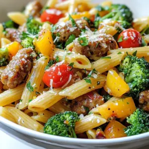 - 8 oz penne pasta - 1 pound Italian sausage or chicken sausage, casings removed - 4 cloves garlic, minced - 1/4 cup honey - 1/4 cup low sodium soy sauce These main ingredients give your dish a rich flavor. Pasta adds heartiness. Sausage brings protein and spice. Garlic offers a fragrant touch. Honey balances the savory with sweet. Soy sauce adds depth and umami. - 1 bell pepper, diced (red or yellow) - 1 cup broccoli florets - 1/2 cup cherry tomatoes, halved The vegetables add color and nutrition. The bell pepper gives a hint of sweetness. Broccoli adds crunch and vitamins. Cherry tomatoes burst with flavor, making each bite exciting. - 2 tablespoons olive oil - 1 teaspoon red pepper flakes - Salt and pepper, to taste Olive oil is perfect for saut&eacute;ing. It adds a smooth texture to the dish. Red pepper flakes bring heat, which you can adjust to your taste. Salt and pepper enhance all the flavors. When you gather these ingredients, you set the stage for a delightful meal. Each element plays a role in creating balance. Enjoy the process of cooking, knowing you are making something special! {{ingredient_image_2}} Start by boiling a large pot of salted water. Bring it to a rolling boil. Add 8 oz of penne pasta. Cook it for about 8-10 minutes. You want it to be al dente. Once cooked, drain the pasta and set it aside. This helps keep it firm and tasty. Next, heat 2 tablespoons of olive oil in a large skillet over medium heat. When the oil is hot, add 1 pound of Italian sausage. Use a spatula to break it into smaller pieces. Cook for 5-7 minutes. It should be browned and fully cooked. The sausage adds rich flavor to your dish. Now it&rsquo;s time for the sauce. Reduce the heat slightly and add 4 cloves of minced garlic. Saut&eacute; the garlic for about 1 minute. It should smell great! Then, pour in 1/4 cup of honey and 1/4 cup of low sodium soy sauce. Add 1 teaspoon of red pepper flakes for some heat. Stir well and let it simmer for 2-3 minutes. This blends the flavors nicely. Add 1 diced bell pepper and 1 cup of broccoli florets to the skillet. Stir the mixture well. Cook for another 4-5 minutes. Check for tenderness. You want them to be soft but still a bit crisp. This adds color and nutrients to your meal. Gently fold in the cooked penne pasta. Toss everything together until the pasta is fully coated in the sauce. Then, add 1/2 cup of halved cherry tomatoes. Let it cook for an additional minute to warm the tomatoes through. This creates a nice, cohesive dish. Taste your pasta and adjust it with salt and pepper as needed. Remove the skillet from the heat. Garnish with chopped fresh parsley. You can sprinkle grated Parmesan cheese on top for extra flavor. Serve in shallow bowls for a lovely meal. Enjoy your delightful dish! Choosing the right sausage is key. I love using Italian sausage for great flavor. If you want a lighter option, try chicken sausage. It pairs well with the honey and garlic sauce. For fresh herbs, I suggest using parsley. It adds a bright taste. You can also mix in basil or thyme if you like them. Adjust sweetness by adding more honey or cutting back. For heat, add more red pepper flakes to kick it up. When saut&eacute;ing sausage, keep the heat at medium. This helps it cook evenly without burning. Stir often to break it apart. To avoid overcooked veggies, add them later in the cooking process. This keeps them crisp and colorful. Pro Tips Use Quality Sausage: Choose high-quality Italian sausage for a more robust flavor. Freshly ground sausage will elevate the dish significantly. Adjust Sweetness: Feel free to modify the amount of honey based on your sweetness preference. Start with less and add more if desired. Vegetable Variations: Experiment with different vegetables such as zucchini or spinach to add variety and color to your dish. Perfect Pasta Texture: Ensure you cook the pasta al dente for the best texture, as it will continue to cook slightly when mixed with the sauce. {{image_4}} If you need a gluten-free meal, you can swap the penne pasta for gluten-free pasta. Look for options made from rice, quinoa, or chickpeas. These will cook similarly to regular pasta and taste great. For sauces, you can use tamari instead of soy sauce. Tamari is gluten-free and adds a rich flavor. You can switch out the Italian sausage for chicken sausage. This change gives a lighter taste. If you're looking for plant-based options, try using a meat substitute like lentils or tempeh. For a seafood twist, add shrimp. Simply toss them in during the last few minutes of cooking. You can also use beef for a heartier dish. Just make sure it&rsquo;s cooked all the way through. Feel free to mix in other veggies. Zucchini, spinach, or asparagus work well too. These can add new flavors and colors. For seasoning, try adding Italian herbs like oregano or basil. This will give your dish a fresh taste, making it even yummier. To keep your Honey Garlic Sausage Pasta fresh, store leftovers right away. Place them in airtight containers. This helps keep moisture in and air out. Refrigerate within two hours of cooking. The pasta stays good for about three to four days. When you reheat, aim to keep the pasta moist. The stovetop is best. Heat it in a pan over low heat. Add a splash of water or broth if it seems dry. Stir often until it's hot. If using a microwave, cover it with a damp paper towel. This keeps the steam in. Heat in short bursts, checking often to avoid overcooking. To freeze, cool the pasta first. Then, pack it in freezer-safe bags or containers. Remove as much air as possible. This prevents freezer burn. Your dish can last up to three months in the freezer. When ready to eat, thaw it in the fridge overnight. For quick thawing, use the microwave on defrost mode. Once thawed, reheat on the stovetop or in the microwave. You can use Italian sausage or chicken sausage for this dish. Both options offer great flavor. Italian sausage adds a rich, savory taste. Chicken sausage is lighter and healthier. Choose based on your taste and diet needs. Yes, you can make this dish ahead of time. Cook the pasta and sausage in advance. Store them separately in the fridge. When ready to eat, heat them in a skillet. Add fresh vegetables and sauce for best results. To make the dish spicier, add more red pepper flakes. Start with a pinch and taste. For a milder flavor, reduce the red pepper flakes. You can also add more honey to balance heat with sweetness. Yes, you can make a vegetarian version. Use plant-based sausage as a substitute. You can also add more veggies like zucchini or mushrooms. For an extra kick, consider adding some chickpeas for protein. This blog post covered how to make a delicious Honey Garlic Sausage Pasta Skillet. We talked about the main ingredients like honey, garlic, and sausage, and the vegetables to include, like bell peppers and broccoli. The step-by-step instructions guide you through cooking pasta, saut&eacute;ing sausage, and making a tasty sauce. Remember, you can easily customize flavors and swap ingredients to suit your taste. With the tips and tricks provided, you can create variations or store leftovers effectively. Enjoy cooking this simple, hearty meal!