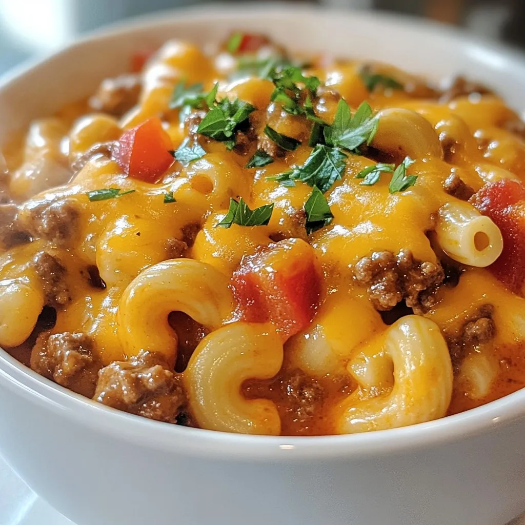 - 1 lb ground beef - 1 medium onion, diced - 2 cloves garlic, minced - 1 bell pepper, diced - 2 cups elbow macaroni - 1 (28 oz) can diced tomatoes - 2 cups beef broth - 1 tablespoon tomato paste - 1 tablespoon smoked paprika - 1 teaspoon dried oregano - 1 teaspoon dried basil - Salt and freshly ground black pepper to taste - 1 cup shredded sharp cheddar cheese - Fresh parsley, finely chopped (for garnish) Gathering these ingredients is simple. You can find most in your pantry or at the store. The ground beef gives the dish its hearty base. The diced onion and garlic add a rich flavor. A bell pepper adds color and sweetness. The elbow macaroni makes it filling and fun to eat. For pantry staples, use diced tomatoes, beef broth, and tomato paste. These create a saucy, tasty mix. Don’t forget your herbs! Smoked paprika, oregano, and basil bring depth to the dish. A pinch of salt and pepper rounds out the flavors perfectly. Lastly, cheese and garnishes make it special. Shredded sharp cheddar cheese melts into a creamy delight. Fresh parsley adds a nice touch of color and freshness. Enjoying this meal is easy with these tasty ingredients ready to go! {{ingredient_image_2}} Start by browning the ground beef. Heat a large pot or Dutch oven over medium heat. Add a little oil, then the beef. Break it up with a spatula as it cooks. Let it brown for about 5 to 7 minutes. This step builds flavor. Once the beef is brown, drain any excess fat. This keeps your goulash from being greasy. Next, add the diced onion, minced garlic, and bell pepper. Sauté them in the pot for about 5 minutes. Stir occasionally. You want them to be tender and fragrant. This step adds depth to your dish. The timing is key for getting the best flavors. Now, it’s time to combine everything. Pour in the elbow macaroni, diced tomatoes with juice, and beef broth. Add the tomato paste, smoked paprika, oregano, and basil. Stir everything well to mix. This is where your goulash starts to come together. Season with salt and freshly ground black pepper to your taste. Increase the heat until the mixture boils gently. Once it boils, turn the heat down low and cover the pot. Let it simmer for 12 to 15 minutes. Stir occasionally. Check the macaroni for doneness. You want it al dente, which means it should still have a little bite. After cooking, remove the pot from the heat. Stir in the shredded sharp cheddar cheese. This will make your goulash creamy and delicious. Taste it, and adjust the seasoning if needed. Allow the goulash to sit for a few minutes before serving. This helps the flavors blend nicely. To get the best flavors in your goulash, use fresh ingredients. Always choose ripe tomatoes and fresh herbs. They make a big difference. Browning the ground beef well adds rich flavor. Don't rush this step. To prevent sticking, make sure you use enough oil in your pot. Stir the mixture often while it cooks. This keeps everything from sticking to the bottom. If the goulash thickens too much, add a splash of beef broth. This helps maintain a nice, creamy texture. Serve your goulash hot in deep bowls. This keeps it warm longer and looks great. Top it with freshly chopped parsley for color. This simple touch makes your dish pop. For side dishes, crusty bread works well. It’s perfect for soaking up the sauce. A simple side salad adds freshness and crunch. These sides balance the rich flavors of the goulash. Using pre-chopped ingredients can save you time. Many stores offer diced onions and peppers. These can cut your prep time in half. Goulash is a one-pot meal, making clean-up easy. You cook everything in one pot, so there's less mess. This means you can spend more time enjoying your meal and less time washing dishes. Pro Tips Season Your Beef: Don't forget to season your ground beef with salt and pepper as it cooks. This enhances the overall flavor of the dish right from the start. Choose the Right Pasta: Elbow macaroni is traditional, but feel free to experiment with other pasta shapes like shells or rotini for a fun twist on texture. Add Extra Veggies: Boost the nutritional value by adding in more vegetables like zucchini or spinach. They add flavor and color to your goulash! Let It Rest: Allowing the goulash to sit for a few minutes after cooking helps the flavors meld together, making each bite even more delicious. {{image_4}} You can easily switch out the meat in this dish. Ground turkey or chicken works well. They both provide a lighter option. If you prefer a vegetarian meal, use lentils or black beans. These swaps keep the meal hearty and satisfying. Want to spice things up? Try adding different herbs or sauces. A splash of hot sauce can offer a nice kick. You might also add cumin for warmth or Italian seasoning for a twist. For more nutrition, toss in vegetables like spinach or zucchini. They add color and taste while boosting health benefits. Goulash is great as a casserole. Just layer it in a baking dish and top with cheese. Bake until bubbly and golden brown. You can also serve goulash with different types of cheese. Try mozzarella for a milder taste or pepper jack for heat. Each option adds a new twist to this classic dish. After you make goulash, let it cool a bit. Place it in a container that seals well. I like to use glass or plastic containers with tight lids. This keeps moisture in and prevents smells from spreading. Your goulash will stay fresh in the fridge for about three to four days. Always label the container with the date. This helps you track how long it’s been stored. If you want to save goulash for later, freezing is a great option. First, let it cool completely. Then, portion it into freezer bags or containers. Squeeze out as much air as you can before sealing. This keeps your goulash safe from freezer burn. It can last for up to three months in the freezer. When you’re ready to eat it, take it out and thaw it in the fridge overnight. You can reheat it on the stove or in the microwave. Just make sure it heats all the way through. In the fridge, goulash lasts about three to four days. In the freezer, it can last up to three months. Always check for signs of spoilage. If it looks off or smells bad, it's best to toss it. Trust your senses! Keeping your goulash stored properly will ensure it stays tasty for your next meal. Goulash is a hearty dish that mixes meat, pasta, and vegetables. Traditional goulash comes from Hungary. It often has a rich sauce with paprika. Contemporary goulash varies by region. It may include different spices, ingredients, or even cheeses. My recipe is a mix of both styles. It offers a comforting taste while using familiar ingredients like ground beef and macaroni. Yes, you can make goulash ahead of time. Cooking it in advance saves you time on busy nights. To prepare, cook the dish as usual. Let it cool completely before storing. Use an airtight container for the fridge. It lasts for about 3 days. You can also freeze it for up to 3 months. Thaw overnight in the fridge and reheat on the stove. Goulash pairs well with many sides. Here are a few options to consider: - Crusty bread for dipping - Simple green salad with a light dressing - Steamed vegetables for added nutrition - Garlic bread for extra flavor These sides complement the flavors of the goulash and make a filling meal. Absolutely! You can use gluten-free pasta in this recipe. Look for brands that hold their shape well. Cook it according to package instructions. Add the pasta at the same time as you would regular pasta. This way, it absorbs the flavors of the goulash. Enjoy a delicious meal that fits your diet! This blog post covered everything you need for a perfect goulash. We talked about key ingredients like ground beef, tomatoes, and cheese. I shared steps for cooking, from browning meat to adding pasta. You learned cooking tips for flavor and time-saving hacks. Feel free to get creative with variations and make it your own! Proper storage keeps leftovers fresh and tasty. Enjoy hearty, warm goulash any time. You have all the tools to make a delicious meal that satisfies.