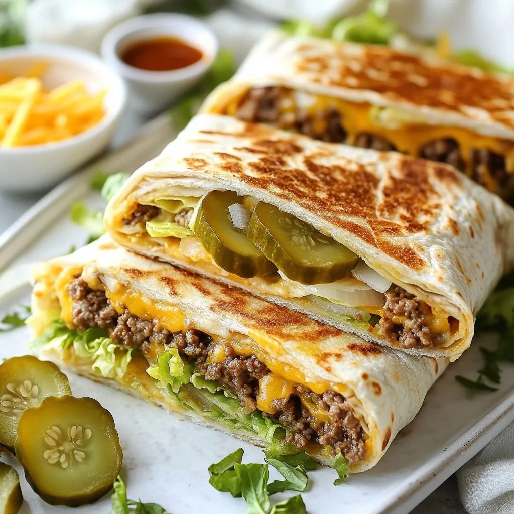 - 1 lb ground beef - 1 tablespoon onion powder - 1 teaspoon garlic powder - 1/2 teaspoon paprika - Salt and freshly cracked black pepper, to taste - 4 large flour tortillas - 1 1/2 cups shredded romaine lettuce - 1 cup shredded cheddar cheese - 1/2 cup diced pickles - 1/4 cup finely diced onions - 1/2 cup Thousand Island dressing Ground beef is the star of this recipe. You can use lean ground beef for less fat. If you want a healthier option, ground turkey or chicken works too. You still get great flavor with these meats. For seasoning, onion powder and garlic powder add depth. Paprika gives a subtle smokiness. Salt and pepper balance the taste. For wraps, I love using large flour tortillas. They hold all the filling well. Whole wheat tortillas are a great choice, too. They add fiber and a nutty taste. If you need gluten-free options, corn tortillas work well. They are sturdy and tasty. Just make sure to choose larger ones so you can fill them up. Now, let’s talk toppings! You can get creative here. Try adding avocado or tomatoes for a fresh twist. Sliced jalapeños can add heat if you like spice. For dressings, Thousand Island is classic, but you can swap it out. Greek yogurt mixed with herbs makes a light choice. Or, try a spicy mayo for an extra kick. Feel free to mix and match to suit your taste! {{ingredient_image_2}} To make the beef, start by heating a large skillet over medium heat. Add 1 pound of ground beef. Use a spatula to break it apart. Cook until it is well browned, which should take about 7 to 10 minutes. Make sure to drain any excess fat. This step prevents a greasy wrap and keeps your meal tasty. If you skip this, your wraps might become soggy. When it’s time to wrap, lay one tortilla flat on a clean surface. Spread 2 tablespoons of Thousand Island dressing in the center. This creates a nice base for your fillings. Then, add 1/4 cup of the cooked beef on top. Next, layer 1/4 cup of shredded lettuce, 2 tablespoons of diced pickles, and 2 tablespoons of diced onions. Finish with 2 tablespoons of shredded cheddar cheese. To wrap it up, fold the sides of the tortilla inward over the filling. Then, roll it tightly from the bottom up. This helps keep everything inside. Avoid the common mistake of rolling too loosely. If it’s too loose, your filling may fall out. To achieve the right crispiness, heat a non-stick skillet over medium-high heat. Place each wrapped Big Mac in the skillet. Toast them for 2 to 3 minutes on each side until they turn golden brown and crispy. This step is key for a nice crunch. You can also grill them for a smoky flavor or bake them at 400°F for about 10 minutes. Just be sure to keep an eye on them to avoid burning. To make your Big Mac wraps even better, add spices. You can try chili powder for a kick or cumin for warmth. These spices boost the taste and make the beef shine. Marinating your beef can also help. Mix ground beef with some spices and let it sit for an hour or more. This lets the flavors soak in. You can use a bit of soy sauce or Worcestershire sauce for added depth. When serving, slice each wrap in half. This makes them easier to eat and shows off the colorful layers inside. Arrange the halves on a platter for a nice display. Garnish with extra pickles on the side. A small bowl of Thousand Island dressing for dipping adds fun. You can also sprinkle some fresh herbs on top for a pop of color. Prepare your ingredients in advance to save time. You can cook the beef the day before. Store it in the fridge, and just heat it up when ready to wrap. Wraps can be stored tightly in plastic wrap or foil before serving. This keeps them fresh and prevents them from drying out. Make sure to enjoy them within a couple of days for the best taste. Pro Tips Beef Browning: Ensure the beef is well-browned for maximum flavor. Don't rush this step, as proper browning enhances the overall taste. Tortilla Warm-Up: Warming tortillas makes them more pliable and easier to wrap without tearing. A quick microwave or skillet warm-up does wonders! Crispy Finish: For an extra crunchy texture, toast the wrapped Big Macs in a skillet. This step adds a delightful crispiness that elevates the wrap. Presentation Matters: Slice wraps diagonally and arrange them appealingly on a platter. Garnish with extra pickles for a vibrant, inviting look! {{image_4}} You can make a tasty vegetarian version of the Big Mac wrap. Instead of beef, use plant-based proteins. Some great choices are lentils, black beans, or store-bought meat substitutes. These options bring rich flavors and textures. When you swap the meat, adjust the toppings too. Try adding sliced avocado or roasted red peppers. You can also use extra veggies like cucumbers or carrots for crunch. This twist keeps the wrap fresh and fun! While Thousand Island dressing is classic, you can explore other sauces too. Try using ranch, barbecue sauce, or a spicy sriracha mayo for a kick. If you want to make your own sauce, combine mayonnaise, ketchup, and a splash of pickle juice. You can mix in some garlic powder for extra flavor. This homemade sauce is simple and delicious! Want to spice things up? Add jalapeños or hot sauce to your wrap. This gives it a nice kick. You can also try international twists. For a Mediterranean feel, add hummus and feta cheese. For a Mexican vibe, use guacamole and salsa. These options let you play with flavors and keep things exciting! To keep your Big Mac wraps fresh, store them in the fridge. Wrap each one in plastic wrap or foil. This helps retain moisture and flavor. Place them in an airtight container to shield from odors. When ready to eat, reheat the wraps in a skillet over low heat. This method keeps the wrap crispy. Avoid using the microwave, as it can make the wrap soggy. You can freeze Big Mac wraps for later. Wrap each one tightly in plastic wrap, then place them in a freezer-safe bag. Press out as much air as possible to prevent freezer burn. When you are ready to eat, take them out and let them thaw in the fridge overnight. Reheat them in a skillet on low heat until warm. In the refrigerator, your wraps last about 3 to 4 days. After that, they may lose their taste and texture. Watch for signs of spoilage, like a change in smell or color. If the wraps feel slimy or dry, it’s best to toss them. Always trust your senses. When in doubt, throw it out! Yes, you can easily change the filling. Here are some great ideas: - Protein Swap: Use ground turkey or chicken instead of beef. - Veggie Option: Try black beans or lentils for a meatless wrap. - Cheese Choices: Swap cheddar for pepper jack or mozzarella for a twist. - Extra Crunch: Add shredded carrots or bell peppers for more texture. Feel free to mix and match based on your taste. Your wraps can be as unique as you are. To reheat your wraps, use these methods: - Skillet: Heat on medium for 2-3 minutes per side until warm. - Microwave: Place on a plate, cover with a damp paper towel, and heat for 30-45 seconds. - Oven: Preheat to 350°F (175°C) and wrap in foil for about 10-15 minutes. Each method keeps the wrap tasty and warm, so pick your favorite! You can make your wraps lighter with a few simple swaps: - Lean Meat: Use extra-lean ground beef or turkey. - Low-Fat Cheese: Choose reduced-fat cheese to cut calories. - Whole Wheat Tortillas: Opt for whole grain or low-carb tortillas. - Less Dressing: Use less Thousand Island dressing or a yogurt-based version. These changes help keep the flavor while making your meal a bit healthier. Enjoy your delicious wraps with less guilt! You learned how to create tasty Big Mac wraps with simple steps. We covered beef choices, tortillas, and toppings. I shared tips for wrapping and toasting to get great texture. You can make these wraps healthier and customize them, too. Remember to store any leftovers well to keep them fresh. Enjoy making your wraps your way! Let's create delicious meals together!