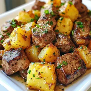 - 1 lb sirloin steak, cut into 1-inch cubes - 4 large Yukon Gold potatoes, diced into 1/2-inch cubes - 4 cloves garlic, finely minced - 1 tablespoon fresh rosemary, finely chopped - 1 tablespoon olive oil - 1 teaspoon smoked paprika - Salt and freshly ground black pepper, to taste - 2 tablespoons unsalted butter - Fresh parsley, chopped for garnish Gathering the right ingredients sets the stage for a great meal. The sirloin steak brings rich flavor and a tender bite. Yukon Gold potatoes add a creamy texture, which complements the steak well. Fresh garlic and rosemary give this dish a fragrant kick. The olive oil and smoked paprika enhance the overall taste. Salt and pepper are essential for balancing the flavors, so don&rsquo;t skip them. For finishing touches, unsalted butter adds a luxurious richness. Fresh parsley not only brightens the dish visually but also adds a fresh taste. These ingredients come together to create a simple yet flavorful meal that you and your family will love. {{ingredient_image_2}} - Start by boiling four large Yukon Gold potatoes, diced into 1/2-inch cubes. - Fill a large pot with salted water and bring it to a boil. - Add the diced potatoes and cook for about 10 minutes. - Check for tenderness; they should be soft but firm. - Drain the potatoes well and set them aside to cool slightly. - Cooling helps them firm up, making them crispier later. - Take 1 lb of sirloin steak cut into 1-inch cubes. - In a bowl, combine the steak with four cloves of minced garlic. - Add one tablespoon of fresh rosemary, smoked paprika, salt, and pepper. - Toss the steak gently until every piece is well coated. - This marinating step allows the flavors to sink in nicely. - Heat one tablespoon of olive oil in a large skillet over medium-high heat. - Once the oil shimmers, add the seasoned steak cubes in one layer. - Sear the steak for about 3-4 minutes on each side. - Look for a rich brown crust and check for your desired doneness. - Remove the steak and keep it warm on a plate. - In the same skillet, add the boiled potatoes and cook for 5-7 minutes. - Turn the potatoes with a spatula until they become golden and crispy. - This method ensures deliciously crunchy edges that pair well with the steak. To get that perfect crust, use high heat. Make sure your skillet is hot before adding the steak. Avoid crowding the pan; this helps the meat sear well. For best flavor, let the steak rest after cooking. This allows juices to settle back into the meat. A good rest time is about 5 minutes on a warm plate. For crispy potatoes, start with parboiled cubes. Boil them until just tender but not mushy. After boiling, let them cool slightly. This helps them dry out, leading to crispiness. Cook them in hot oil, turning only a few times. This ensures each side gets nice and golden. If they need a bit more time, add a few extra minutes to the cooking. When serving your meal, presentation matters. Use a large platter to showcase the steak bites and crispy potatoes. Drizzle any leftover garlic-butter sauce on top. This adds flavor and a nice shine. Garnish with freshly chopped parsley for a pop of color. You can also sprinkle a bit of smoked paprika for extra appeal. For sides, a fresh salad or a creamy dip pairs well and adds balance to the meal. Pro Tips Rest the Steak: Allow the seared steak bites to rest for a few minutes before serving. This helps the juices redistribute within the meat, resulting in tender and juicy bites. High Heat for Crispiness: Ensure your skillet is hot enough before adding the potatoes. A high temperature will help create that golden, crispy exterior while keeping the insides fluffy. Seasoning is Key: Don&rsquo;t be shy with the seasoning! Properly seasoning both the steak and potatoes will enhance the overall flavor of the dish, so taste and adjust as needed. Garnish with Freshness: Add fresh herbs like parsley just before serving to brighten the dish. The freshness will elevate the flavors and make the dish visually appealing. {{image_4}} You can switch the steak for chicken or shrimp. Chicken breast works well. Cut it into bite-sized pieces, then season just like the steak. Shrimp cooks quickly and adds a nice, sweet flavor. Simply toss them in the same spices and saut&eacute; until pink. For a vegetarian option, use hearty vegetables like mushrooms or tempeh. They absorb flavors well and give a satisfying bite. To change the taste, add different spices. Try cumin or chili powder for warmth. You can use fresh herbs too. Basil or thyme can brighten the dish. Mix and match to find what you enjoy. A splash of soy sauce can add umami and depth. Get creative with your favorite flavors! Instead of Yukon Gold potatoes, you can use sweet potatoes. They bring a nice sweetness that pairs well with garlic. You can also add toppings like cheese or sour cream. For a twist, mix in cooked bacon or green onions for extra flavor. Explore different textures like a crispy topping for a fun crunch. To keep your garlic steak bites and potatoes fresh, store them in airtight containers. Make sure to cool them first. Place the leftovers in the fridge if you plan to eat them within three days. For longer storage, you can freeze them. Use freezer-safe containers or bags. Remove as much air as possible before sealing. This helps prevent freezer burn. When it's time to reheat, avoid the microwave if you can. Microwaving can make the steak tough and the potatoes soggy. Instead, use a skillet. Heat it over low to medium heat. Add a splash of water or broth to keep moisture. Stir often to heat evenly. This method keeps the steak juicy and the potatoes crispy. Leftover garlic steak bites and potatoes can be very versatile. You can chop them up for salads. They add great flavor and protein. Alternatively, wrap them in tortillas for quick meals. Add some greens and your favorite sauce. You can also mix them into a hearty soup or stew. This way, you enjoy a new meal without much effort. You can tell when steak bites are done by using a meat thermometer. Aim for 130&deg;F for medium-rare and 145&deg;F for medium. If you don&rsquo;t have one, cut a piece in half. Look for a nice pink center for medium-rare and a warm pink center for medium. Remember, they will continue cooking a bit after you take them off the heat. Yes, you can marinate the steak overnight. This adds more flavor to the meat. Use the garlic, rosemary, paprika, salt, and pepper. Place the steak in a bowl or bag with the marinade. Keep it in the fridge. Just be sure not to marinate too long, or it can become mushy. Garlic steak bites and potatoes go well with many sides. Here are some quick ideas: - Simple Green Salad: Toss mixed greens with olive oil and lemon juice. - Roasted Vegetables: Roast carrots, bell peppers, or broccoli with olive oil. - Garlic Bread: Serve slices of garlic bread to soak up the sauce. - Dips: Try a yogurt dip with garlic or a creamy ranch. These options add tasty contrasts to your meal. Enjoy mixing and matching! This blog post covered everything you need to make great garlic steak bites and potatoes. We explored the key ingredients, like sirloin, Yukon Gold potatoes, and spices. You learned how to prepare and season the steak. Techniques for crispy potatoes were shared, plus tips for perfecting both. Variations gave you ideas to switch things up. Lastly, we discussed storage and meal prep options. Enjoy your cooking adventure, and don&rsquo;t hesitate to experiment! Your meal can be both fun and tasty.